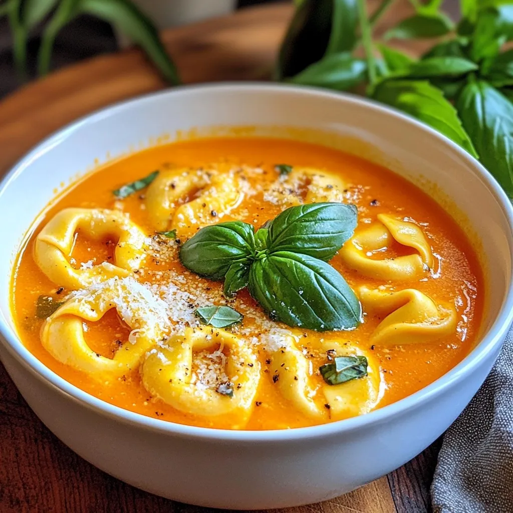 To make creamy tomato basil tortellini soup, gather these items: - 2 cups vegetable broth - 1 can (15 oz) diced tomatoes - 1 cup heavy cream - 1 package (9 oz) refrigerated cheese tortellini - 1 small onion, diced - 2 cloves garlic, minced - 1 teaspoon dried basil - 1 tablespoon olive oil - Salt and pepper to taste - Fresh basil leaves for garnish - Grated Parmesan cheese for serving You can swap some ingredients if needed. Use chicken broth instead of vegetable broth for a meaty flavor. For a lighter option, try half-and-half in place of heavy cream. If you don’t have tortellini, any small pasta works well. Use fresh basil instead of dried for a fresher taste. If you want it dairy-free, coconut cream can be a good choice. When selecting ingredients, look for vibrant colors. Choose a can of tomatoes that is not dented. The broth should be low-sodium for better flavor control. For the onion, pick one that feels firm and heavy. Fresh garlic should be plump and not sprouting. Look for tortellini with a short shelf life for the best taste. Fresh basil should have bright green leaves and no brown spots. {{ingredient_image_1}} 1. Start by heating the olive oil in a large pot over medium heat. 2. Add the diced onion. Sauté for about 3-4 minutes until it softens. 3. Next, stir in the minced garlic and dried basil. Cook for one more minute. 4. Pour in the canned diced tomatoes along with their juice. Add the vegetable broth. 5. Stir everything together and bring the mixture to a simmer. 6. Add the heavy cream to the pot. Stir well and let it simmer for 5-7 minutes. 7. Gently add the tortellini to the pot. Cook them according to the package instructions. 8. Season the soup with salt and pepper to taste. 9. Serve the soup in bowls, garnished with fresh basil leaves and grated Parmesan cheese. - Use pre-diced onions and minced garlic to cut prep time. - Choose fresh tortellini from the store for quicker cooking. - Make a double batch and freeze half for later. - Large pot for cooking the soup. - Wooden spoon for stirring. - Measuring cups for broth and cream. - Ladle for serving the soup. - Bowls for serving. - Grater for the Parmesan cheese. This easy recipe will have you enjoying creamy tomato basil tortellini soup in no time! To boost the flavor of your soup, use fresh herbs. Fresh basil adds a bright taste. You can also try thyme or oregano for a twist. A splash of balsamic vinegar can add depth. I like to sprinkle in some red pepper flakes for a hint of heat. If you want a thicker soup, add more cream. You can blend part of the soup for a smooth texture. If you prefer it lighter, cut back on the cream and use more broth. For a dairy-free option, try coconut milk. It gives a rich flavor without the cream. Serve your soup in deep bowls. Top each bowl with fresh basil leaves and grated Parmesan cheese. For added fun, offer crusty bread on the side. You can also pair it with a simple salad. This makes a great lunch or dinner, perfect for sharing with friends. Pro Tips Use Fresh Basil: Fresh basil elevates the flavor of the soup significantly compared to dried basil. Add it at the end for the best aroma and taste. Customize Creaminess: For a lighter version, substitute half of the heavy cream with milk or a non-dairy alternative, while maintaining richness. Experiment with Cheese: Try adding different cheeses like mozzarella or fontina for a unique flavor profile that complements the tortellini. Chill and Store: This soup tastes even better the next day! Store leftovers in an airtight container and reheat gently on the stove. {{image_2}} You can make this soup even more veggie-friendly. Swap the heavy cream with coconut milk for a dairy-free choice. Use vegetable broth instead of chicken broth. Add more vegetables like carrots, spinach, or bell peppers for added texture and flavor. These changes keep the soup rich while making it suitable for all diets. To boost protein in your soup, try adding cooked chicken or sausage. You can also use beans like cannellini or chickpeas. These additions make the soup heartier and more filling. Just add them when you simmer the soup to warm them up. You can also use tofu for a plant-based option. If you like heat, add red pepper flakes or diced jalapeños. Start with a small amount and taste as you go. You can always add more spice, but it’s hard to take it out! A splash of hot sauce can also kick things up a notch. For a milder taste, skip the spice altogether or use only a pinch. To store leftovers, let the soup cool first. Then, pour it into an airtight container. Seal it well to keep the flavors fresh. Store the container in the fridge. This soup stays good for up to three days. Make sure to label it with a date for easy tracking. Want to save some for later? You can freeze this soup too! Pour the cooled soup into freezer-safe bags or containers. Leave some space at the top for expansion. Seal tightly and label with the date. It keeps well in the freezer for about three months. When you’re ready to eat, just thaw it in the fridge overnight. When it’s time to enjoy your soup again, reheat it gently. Pour the soup into a pot over low heat. Stir it often to avoid burning. It may thicken a bit, so feel free to add a splash of broth or cream. Heat it until it's hot throughout. You can also use the microwave if you’re in a hurry. Just use a microwave-safe bowl and cover it loosely. Heat in short bursts, stirring in between. Enjoy your warm, creamy delight! Yes, you can use frozen tortellini. Just add them straight to the soup. Cook them according to the package instructions, usually about 5-7 minutes. Frozen tortellini will work well in this creamy soup. If you don’t have heavy cream, use whole milk or a mix of milk and sour cream. Coconut milk can also add creaminess with a hint of sweetness. Each option changes the flavor slightly, but the soup will still taste great. This soup lasts about 3-4 days in the fridge. Store it in an airtight container. For the best taste, eat it within the first few days. If you see any changes in color or smell, it’s best to throw it away. We looked at the key ingredients, cooking steps, and helpful tips to make your dish shine. You learned how to choose fresh items, save time, and enhance flavor. We explored tasty variations and effective storage methods. Keep these insights in mind as you prepare your meal. With the right ingredients and tips, you'll create something delicious that everyone will enjoy. Happy cooking!
