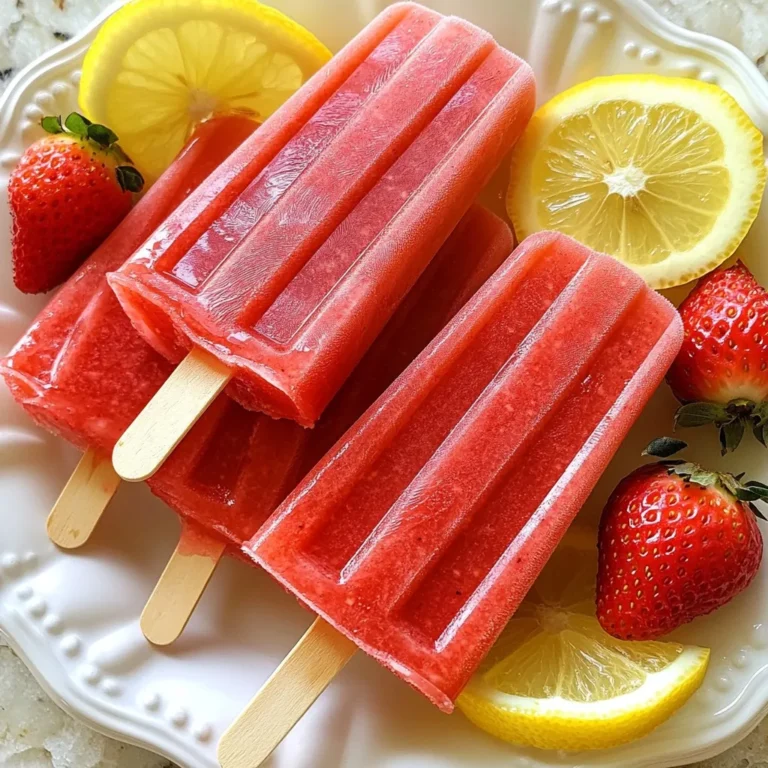 For this recipe, you need 2 cups of fresh strawberries. Make sure to hull and slice them. Fresh strawberries give the popsicles a bright flavor. They bring sweetness and a lovely color to this treat. You can choose ripe berries for the best taste. Use 1/2 cup of granulated sugar. You can adjust this based on how sweet you like it. Sugar helps balance the tartness of the lemon juice. It also enhances the flavor of strawberries. If you want a healthier option, try using honey or agave syrup instead. You will need 1 cup of freshly squeezed lemon juice. This usually takes about 4 to 6 lemons. Fresh juice is key for a bright, tangy flavor. It adds the perfect zing to the popsicles. Do not use bottled lemon juice, as it lacks freshness and taste. {{ingredient_image_1}} Start by taking 2 cups of fresh strawberries. Remove the green tops and slice them up. Place the sliced strawberries into a blender. Add 1/2 cup of granulated sugar to the blender. Blend on high until the mixture is smooth and creamy. This makes a sweet strawberry puree. Set this mixture aside for later. Now, grab a large mixing bowl. Squeeze the juice from about 4 to 6 lemons. You need 1 cup of freshly squeezed lemon juice. Pour this lemon juice into the bowl. Add 2 cups of water, 1 teaspoon of lemon zest, and a pinch of salt. Stir the mixture well until everything is combined. This will be your refreshing lemonade base. Take half of the strawberry puree and add it to the lemonade mixture. Stir them together until well mixed. Carefully pour this mix into popsicle molds, filling them about 3/4 full. Next, take the remaining strawberry puree and add it to each mold. Use a skewer to gently swirl the puree into the lemonade mix. This creates a beautiful marbled effect. Now, insert popsicle sticks into the molds. Freeze the popsicles for at least 6 hours or until they are solid. To remove the popsicles, run warm water over the outside of the mold for a few seconds. Then, gently pull out the popsicles and enjoy! You can change the sweetness of your popsicles easily. Start with half a cup of sugar. Blend it with the strawberries. Taste the mixture. If it’s not sweet enough, add a bit more sugar. Blend again until it dissolves. Remember, the lemon juice adds tang. So, balance is key! Swirling the strawberry puree adds a fun look. Pour the lemonade mix into the molds first. Then, take the rest of the strawberry puree. Use a skewer to swirl it in. Go slowly to create nice patterns. Don't mix it too much. You want to see both colors! Getting popsicles out of molds can be tricky. Once they freeze solid, run warm water over the mold’s outside. This helps loosen them. Hold the mold upside down. Gently pull on the popsicle stick. If it does not come out, try running the water again. Enjoy your perfectly shaped treat! Pro Tips Choose Ripe Strawberries: Make sure to use fully ripe strawberries for the sweetest flavor in your popsicles. Adjust Sweetness to Taste: Feel free to adjust the sugar amount based on the sweetness of your strawberries and personal preference. Experiment with Add-Ins: Consider adding fresh mint leaves or other fruits like blueberries for a unique twist on flavor. Storage Tips: Store the popsicles in an airtight container in the freezer to keep them fresh and prevent freezer burn. {{image_2}} You can mix in other fruits for more flavor. Try adding blueberries, raspberries, or peaches. They blend well with strawberries. Just slice them up and toss them in the blender. You can also layer slices of different fruits in the molds. This adds color and texture to your popsicles. You don’t have to stick to granulated sugar. You can use honey or agave syrup for a different taste. Maple syrup works, too, for a unique twist. Adjust the amount based on how sweet you like it. Just remember to blend well so the sweetener mixes in smoothly. For a creamy treat, add yogurt or coconut milk to the mix. This gives the popsicles a rich texture. Start with one cup of yogurt or milk. Blend it in with the strawberries and lemon juice. You’ll create a smooth, creamy popsicle that feels like a dessert. To store your homemade strawberry lemonade popsicles, place them in the freezer. Keep them in their molds until you are ready to eat them. Once frozen, remove the popsicles and wrap them in plastic wrap. This helps keep them fresh. You can also place them in a zip-top bag. Make sure to remove as much air as possible. Label the bags with the date to track freshness. For longer shelf life, freeze the popsicles for a full day. This ensures they are completely solid. You can also add a little lemon juice to the mix. This can help slow down freezer burn. If you notice ice crystals forming, it’s time to enjoy them! Ideally, eat your popsicles within two months for the best taste and texture. The best containers for storing popsicles are airtight bags or hard containers. If you use hard containers, make sure they are freezer-safe. Popsicle molds work great, but using silicone molds can help with easy removal. Always make sure the container is clean before adding your popsicles. This prevents any off-flavors or odors from affecting your tasty treat. Yes, you can use frozen strawberries. Just thaw them first. This helps them blend better. The flavor might be slightly different. Fresh strawberries taste brighter, but frozen ones work fine. These popsicles can last up to two months in the freezer. Just keep them in a sealed container. This prevents ice crystals from forming. For best taste, enjoy them within a month. You can use small cups or ice cube trays instead of molds. Fill them three-quarters full with the mixture. Insert popsicle sticks after a short freeze. Once they are firm, you can enjoy your treats! You learned how to make tasty homemade popsicles using fresh ingredients like strawberries, sugar, and lemon juice. The step-by-step guide makes it easy to blend, prepare, and fill molds. I shared tips for adjusting sweetness and achieving the perfect swirl. Variations can keep things fun, letting you add other fruits or make creamy versions. Lastly, I provided storage tips to help your popsicles last longer. Enjoying these delightful treats is simple and rewarding!