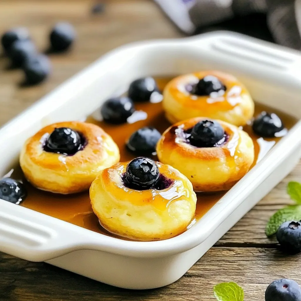 To make these tasty blueberry pancake bites, you need simple ingredients. Here’s what you’ll need: - 1 cup all-purpose flour - 2 tablespoons sugar - 1 tablespoon baking powder - 1/2 teaspoon salt - 1 cup milk - 1 large egg - 2 tablespoons melted butter (plus more for greasing) - 1 cup fresh blueberries These ingredients come together to create a fluffy, sweet treat that everyone loves. While the essential ingredients work great, you can add some extras. Here are a few options to make your pancake bites even better: - A splash of vanilla extract for added sweetness - A pinch of cinnamon for warmth - Chopped nuts for crunch These optional ingredients can add new flavors and textures to your pancake bites. To serve these delicious bites, consider these tasty add-ons: - Maple syrup for drizzling - Extra fresh blueberries on top - A dollop of whipped cream for a fun twist These add-ons will make your blueberry pancake bites look and taste amazing. Enjoy! {{ingredient_image_1}} First, gather your ingredients. You need: - 1 cup all-purpose flour - 2 tablespoons sugar - 1 tablespoon baking powder - 1/2 teaspoon salt - 1 cup milk - 1 large egg - 2 tablespoons melted butter (plus more for greasing) - 1 cup fresh blueberries - Maple syrup (for serving) Next, preheat your oven to 350°F (175°C). Grease a mini muffin tin with melted butter. In a big bowl, whisk the flour, sugar, baking powder, and salt together. In another bowl, mix the milk, egg, and melted butter. Combine the wet and dry mixes gently. You want some lumps, so don’t overmix. Now, fold in the blueberries carefully. Using a spoon or small ice cream scoop, fill each muffin cup three-quarters full with the batter. Place the tin in the oven and bake for 12-15 minutes. Keep an eye on them. They are done when golden brown, and a toothpick comes out clean. Let the pancake bites cool in the tin for a few minutes. After that, transfer them to a wire rack to cool slightly. Serve warm with maple syrup and a few extra blueberries on top. Enjoy these fluffy bites! To make fluffy pancake bites, start with fresh ingredients. Use baking powder that is not expired. Mix the dry and wet ingredients separately. Combine them gently. Stir just until you see the flour disappear. It’s okay if there are lumps. Overmixing can lead to dense bites. When adding blueberries, use fresh ones if possible. Rinse and dry them first. Fold them into the batter carefully. This keeps the batter light. If you want to use frozen blueberries, thaw and dry them first. This prevents extra water from making your bites soggy. One mistake is filling the muffin cups too full. Fill them only three-quarters full. This allows space for rising. Another mistake is not greasing the tin well. Always grease the tin with melted butter. Lastly, don’t skip the cooling step. Let them cool slightly before serving. This helps improve texture and flavor. Pro Tips Use Fresh Blueberries: Always opt for fresh blueberries over frozen for the best flavor and texture. Don’t Overmix: Gently fold the batter to keep the pancake bites light and fluffy; a few lumps are okay. Adjust Sweetness: Feel free to adjust the sugar based on your preference or the sweetness of the blueberries. Perfect Portioning: Use an ice cream scoop for consistent portion sizes, ensuring even baking and presentation. {{image_2}} If you have dietary needs, you can swap some ingredients. Use gluten-free flour instead of all-purpose flour. This works well for those who are gluten-sensitive. You can replace the milk with almond milk or oat milk. For a vegan option, use a flax egg instead of a regular egg. Simply mix one tablespoon of flaxseed meal with three tablespoons of water and let it sit until it thickens. You can change the flavor of your pancake bites easily. Try adding a teaspoon of vanilla extract for a sweet touch. Want more fruit? Mix in strawberries or raspberries along with the blueberries. For a fun twist, add a pinch of cinnamon or nutmeg to the batter. Chocolate lovers can fold in mini chocolate chips for an extra treat. Both fresh and frozen blueberries work great in this recipe. Fresh blueberries give you a bright flavor and nice texture. If you use frozen blueberries, do not thaw them first. This keeps them from getting mushy. Just fold them in straight from the freezer. Using frozen berries can also make these pancake bites even easier to prepare, especially when fresh blueberries are out of season. To keep your tasty pancake bites fresh, place them in an airtight container. You can store them at room temperature for one day. If you want to keep them longer, store them in the fridge for up to three days. Make sure they cool completely before sealing the container. This way, they won’t get soggy. Reheating blueberry pancake bites is simple. You can use a microwave or an oven. For the microwave, heat them for about 15-20 seconds. Check to see if they are warm throughout. If you use an oven, preheat it to 350°F (175°C). Place the bites on a baking sheet and heat for about 5-7 minutes. This method keeps them nice and soft. If you want to freeze your pancake bites, first let them cool completely. Then, arrange them in a single layer on a baking sheet. Freeze them for about one hour until they are firm. After that, place the bites in a freezer bag or container. They will stay good for up to three months. When you’re ready to eat them, just thaw in the fridge overnight and reheat as needed. Yes, you can make these pancake bites ahead of time. Bake them and let them cool. Then, store them in an airtight container in the fridge. They stay fresh for about three days. When you want to eat them, just warm them up in the microwave for a quick breakfast. This makes mornings easier! If you need an egg substitute, try using applesauce or mashed banana. Use 1/4 cup of either for each egg. This keeps your pancake bites moist and tasty. You can also use flaxseed meal. Mix 1 tablespoon of flaxseed with 2.5 tablespoons of water. Let it sit for a few minutes before adding it to your batter. To make these pancakes healthier, use whole wheat flour instead of all-purpose flour. This adds fiber and nutrients. You can also reduce the sugar by half or use honey or maple syrup as a natural sweetener. Add in some chopped nuts or seeds for extra protein and healthy fats. This way, you enjoy a delicious treat that’s good for you! These blueberry pancake bites are a fun and tasty treat. We covered the key ingredients, like essential and optional ones. I shared simple steps for preparation and baking for best results. You now know how to avoid common mistakes and get fluffy bites. We discussed variations to fit your needs and how to store leftovers. Keep experimenting with flavors and ingredients. Enjoy your cooking adventures with these pancake bites!
