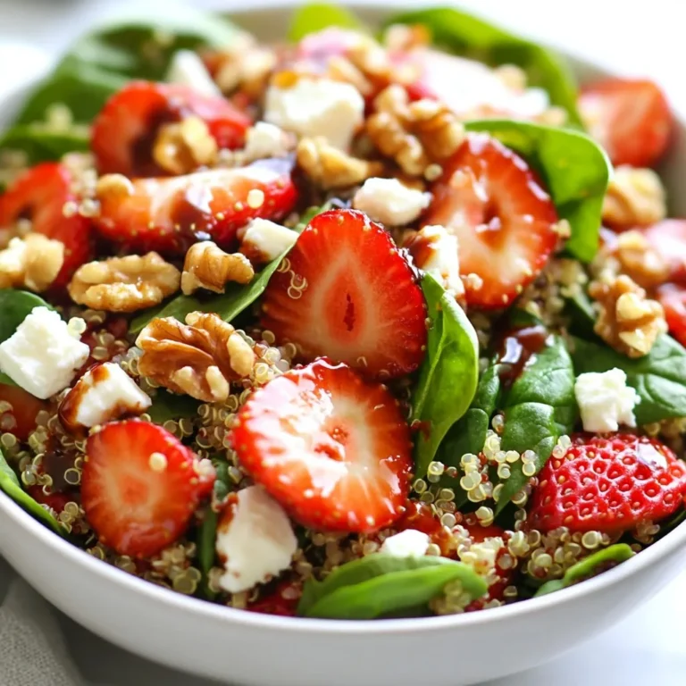 - 1 cup quinoa, rinsed - 4 cups fresh baby spinach, washed and dried - 1 cup strawberries, hulled and sliced - 1/2 cup feta cheese, crumbled - 1/4 cup walnuts, chopped - 1/4 red onion, thinly sliced - 2 tablespoons olive oil - 2 tablespoons balsamic vinegar - 1 tablespoon honey - Salt and pepper to taste The first main ingredient is quinoa. Quinoa is a whole grain. It is rich in protein and easy to cook. I use one cup for this salad. Rinse it well before cooking. Next, we have fresh baby spinach. This green is full of vitamins and minerals. I like to use four cups of washed and dried spinach for a nice crunch. Strawberries add a sweet touch. They are fresh and juicy. One cup, hulled and sliced, brings bright flavor to the dish. Feta cheese gives the salad a creamy texture. Use half a cup, crumbled, for a tangy taste that pairs well with the other ingredients. For extra crunch, I add walnuts. They give a nice contrast. A quarter cup, chopped, works perfectly. Red onion adds a sharp bite. You only need a quarter, thinly sliced, to balance the sweetness of the strawberries. The dressing is simple but flavorful. I mix two tablespoons each of olive oil and balsamic vinegar. This brings a rich depth to the salad. Honey is our secret ingredient. One tablespoon adds sweetness to the dressing without being overpowering. Finally, salt and pepper enhance all the flavors. Adjust these to your taste for the perfect finish. These ingredients come together to create a fresh and flavorful dish that is good for any meal. {{ingredient_image_1}} First, rinse 1 cup of quinoa in cold water. This step washes away any bitterness. Next, combine the rinsed quinoa with 2 cups of water or vegetable broth in a medium saucepan. Bring this mixture to a boil over medium heat. Once it starts boiling, lower the heat. Cover the pot and let it simmer for about 15 minutes. The quinoa is ready when it looks fluffy and all the liquid is gone. Remove the pot from the heat and let it cool for a bit. In a small bowl, gather your dressing ingredients. You will need 2 tablespoons of olive oil, 2 tablespoons of balsamic vinegar, 1 tablespoon of honey, and salt and pepper. Whisk these ingredients together until they blend well. This step creates a tasty dressing that will enhance the salad's flavor. In a large mixing bowl, add the cooled quinoa. Next, toss in 4 cups of fresh baby spinach, 1 cup of sliced strawberries, 1/2 cup of crumbled feta cheese, 1/4 cup of chopped walnuts, and 1/4 of a thinly sliced red onion. Drizzle the dressing over the salad and gently toss everything together. Make sure all the ingredients are coated. Taste the salad and adjust the seasoning with more salt and pepper if needed. To make perfect quinoa, rinse it well. This step removes any bitterness. Use a fine mesh strainer for best results. After rinsing, add one cup of quinoa to two cups of water or vegetable broth. Bring it to a boil. Then, reduce heat and let it simmer. Cook for about 15 minutes until fluffy. Let it cool before adding to your salad. Making this salad ahead of time is easy. You can cook quinoa a day in advance. Store it in the fridge until you need it. Wash and dry the spinach and strawberries before use. However, store the dressing separately. This keeps everything fresh and crisp when you serve it. To impress at gatherings, serve the salad in a large bowl. You can layer the ingredients to show off the colors. Top with extra strawberries and feta for a pop of color. Add a sprinkle of chopped walnuts for crunch. This salad looks great and tastes even better! Pro Tips Rinse Your Quinoa: Always rinse quinoa under cold water before cooking to remove its natural coating, called saponin, which can taste bitter. Fresh Ingredients Matter: Use the freshest strawberries and spinach available for the best flavor and texture in your salad. Customize Your Nuts: Feel free to swap walnuts for your favorite nuts or seeds, such as almonds or pecans, to add a different flavor profile. Make It Ahead: This salad can be prepared in advance. Just keep the dressing separate until you're ready to serve to prevent the spinach from wilting. {{image_2}} You can change the greens in this salad. Try kale, arugula, or mixed greens. Each will add a new taste. For fruits, swap strawberries for blueberries, raspberries, or apples. These fruits pair well with spinach and quinoa. Nuts are also easy to swap. Use pecans, almonds, or sunflower seeds instead of walnuts. If you want a vegan dressing, mix olive oil with lemon juice and maple syrup. This will add a bright flavor. You can also create a citrus-based dressing. Combine orange juice, olive oil, and a little honey. This will give your salad a fresh twist. For a heartier dish, add grilled chicken or chickpeas. This makes the salad filling. You can serve it as a main dish by increasing the protein. Adding some cooked shrimp or tofu works well too. This way, you can enjoy this salad as a full meal. You can keep the strawberry spinach quinoa salad in the fridge for about 3 days. To store it, place it in an airtight container. This helps keep it fresh and tasty. If you add the dressing, it might get soggy. For best results, store the dressing separately. Freezing quinoa salad is not the best idea. When you freeze it, the texture can change. Quinoa can become mushy after thawing. Fresh spinach and strawberries do not freeze well either. They can become limp and lose their flavor. If you want to reheat quinoa, use a microwave or a stove. Add a little water or broth to keep it moist. Reheat it gently to avoid overcooking. This helps keep the flavors fresh. You can enjoy it warm or at room temperature, but I prefer it cold! Yes, you can make this salad vegan. For cheese, use vegan feta or skip it entirely. Instead of honey, consider agave syrup or maple syrup. These options keep the salad tasty and plant-based. To make the salad gluten-free, avoid using regular quinoa. Stick with certified gluten-free quinoa. Check the balsamic vinegar and any pre-made dressings for gluten. Most should be safe, but it’s good to check labels. You can add many fruits to this salad. Try blueberries, raspberries, or blackberries for a pop of color. Peaches or apples also work well. Seasonal fruits keep the salad fresh and exciting! This blog post gave you a tasty quinoa salad recipe with fresh ingredients. You learned how to cook quinoa, make a simple dressing, and assemble a beautiful salad. I shared useful tips for prep, variations, and proper storage. Remember, salads can be fun and flexible. Feel free to mix and match ingredients to suit your taste. Enjoy this vibrant dish at your next meal or gathering!