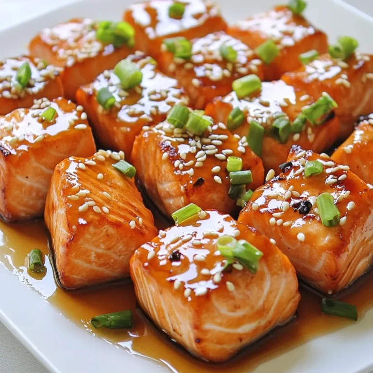 - 1 lb salmon fillet, skin removed and cut into bite-sized cubes - 1/4 cup pure maple syrup - 2 tablespoons soy sauce (or tamari for a gluten-free option) - 1 tablespoon Dijon mustard - 1 tablespoon fresh ginger, grated - 1 clove garlic, minced - Salt and black pepper to taste - 1 tablespoon sesame oil - 1 tablespoon sesame seeds (for garnish) - 2 green onions, sliced (for garnish) Each serving contains about: - Calories: 250 - Protein: 22g - Carbohydrates: 18g - Fat: 12g - Fiber: 0g - Sodium: 400mg This dish offers a nice balance of protein and healthy fats. The maple syrup adds a sweet touch, while the soy sauce gives it depth. You can swap ingredients for different flavors: - Use honey instead of maple syrup for sweetness. - Try coconut aminos instead of soy sauce for a soy-free option. - Replace Dijon mustard with yellow mustard for a milder taste. - Use garlic powder if you don’t have fresh garlic. - For a nutty twist, you could add crushed peanuts instead of sesame seeds. These swaps keep the essence of the dish while catering to your preferences. {{ingredient_image_1}} To start, gather your ingredients for the marinade. In a small bowl, mix: - 1/4 cup pure maple syrup - 2 tablespoons soy sauce - 1 tablespoon Dijon mustard - 1 tablespoon fresh ginger, grated - 1 clove garlic, minced - A pinch of salt and black pepper Whisk these together until smooth. This sweet and savory blend will soak into the salmon, giving it a rich flavor. Next, take your 1 lb salmon fillet and cut it into bite-sized cubes. Place the salmon in a shallow dish or a resealable bag. Pour the marinade over the salmon, ensuring each piece is covered. Gently toss to coat. Cover the dish or seal the bag and refrigerate for at least 30 minutes. This step allows the flavors to infuse the salmon. Preheat your oven to 400°F (200°C). Line a baking sheet with parchment paper to make cleanup easier. After marinating, remove the salmon from the dish and set aside the marinade. Place the salmon cubes on the baking sheet, making sure they are not crowded. Brush the tops with 1 tablespoon of sesame oil for extra flavor. Bake for 10-12 minutes, or until the salmon flakes easily with a fork. While the salmon bakes, pour the reserved marinade into a small saucepan. Bring it to a simmer over medium heat and cook for 3-5 minutes until it thickens slightly. Once the salmon bites are done, drizzle them with the thickened marinade. Garnish with 1 tablespoon of sesame seeds and 2 sliced green onions. Serve these on a platter or on skewers for easy eating. A drizzle of extra maple syrup will add a lovely touch. Enjoy your delicious maple glazed salmon bites! To cook salmon perfectly, keep these tips in mind: - Use fresh salmon for the best taste. - Cut salmon into even cubes for uniform cooking. - Preheat your oven to ensure even heat. - Use parchment paper to prevent sticking and make cleanup easy. - Brush the salmon with sesame oil for added flavor and crispness. You can tell salmon is cooked when it flakes easily with a fork. Look for a light pink color inside. The salmon should not be raw or translucent in the middle. If you have a meat thermometer, aim for 145°F (63°C) for safe cooking. Marinating salmon enhances its flavor. Here’s how to do it right: - Use a shallow dish or resealable bag for even coating. - Pour the marinade over the salmon and toss gently. - Cover and refrigerate for at least 30 minutes. - For deeper flavor, marinate for up to two hours. - Always reserve some marinade to thicken for serving. Pro Tips Marinate Longer for Flavor: For a deeper flavor, marinate the salmon for up to 2 hours in the refrigerator. Use Fresh Ingredients: Always opt for fresh ginger and garlic for the best flavor profile. Don't Overcook: Keep a close eye while baking; salmon is best when it flakes easily but is still slightly moist. Serve Immediately: These salmon bites are best enjoyed fresh out of the oven for optimal texture and taste. {{image_2}} You can easily make this dish gluten-free. Simply swap soy sauce for tamari. Tamari is a great choice that still gives you that salty flavor. It works well with the maple syrup too. Just ensure your maple syrup is pure, as some brands may add gluten-containing ingredients. Want to mix things up? Try adding different herbs or spices to the marinade. You can use lime juice instead of maple syrup for a tangy twist. Or add some chili flakes for a spicy kick. If you like a smoky flavor, a touch of smoked paprika works wonders. Each change gives the salmon a new identity! Maple glazed salmon bites pair well with a variety of sides. Here are a few ideas: - Steamed broccoli or asparagus for a healthy touch. - Rice or quinoa to soak up the glaze. - A fresh salad with mixed greens and a light vinaigrette. - Mashed sweet potatoes for a comforting side. These sides complement the sweet and savory flavors of the salmon perfectly, making your meal well-rounded and delicious. To keep your maple glazed salmon bites fresh, place them in an airtight container. Make sure they cool down first. Store them in the fridge for up to three days. If you want to save them longer, consider freezing. Reheat the salmon bites gently. Use the oven for best results. Preheat the oven to 350°F (175°C). Place the salmon on a baking sheet. Warm them for about 10 minutes or until heated through. You can also use a microwave, but be careful not to overcook them. If you want to freeze the salmon bites, place them in a freezer-safe bag. Squeeze out as much air as you can to avoid freezer burn. They can last up to three months in the freezer. When ready to eat, thaw them overnight in the fridge before reheating. I bake salmon bites for 10 to 12 minutes at 400°F (200°C). This time helps the fish cook evenly. It should flake easily with a fork when done. If you prefer crispier edges, leave them in for an extra minute. Keep an eye on them to avoid overcooking. Yes, fresh salmon works great for this recipe. Fresh fish has a lovely texture and flavor. Just make sure to cut it into bite-sized cubes. This way, it will cook just as well as frozen. Always check for any bones before cooking. I recommend serving these salmon bites with rice or a fresh salad. Quinoa or roasted vegetables also pair well. For a fun twist, try serving them on skewers. This makes them easy to eat. You can drizzle a little extra maple syrup on top for added sweetness. To thicken the sauce, simmer it longer. Pour the reserved marinade into a small pan. Heat it over medium heat for about 3 to 5 minutes. As it cooks, it will reduce and thicken. Stir it occasionally to prevent burning. You can also add a cornstarch slurry for quicker thickening. In this post, we covered how to make tasty salmon bites. We looked at the right ingredients and discussed nutritional info. I shared tips on marinating and baking with easy steps. You learned about cooking techniques and variations for your taste. Try these ideas in your kitchen. You’ll enjoy the flavors and find new ways to serve salmon. Happy cooking!