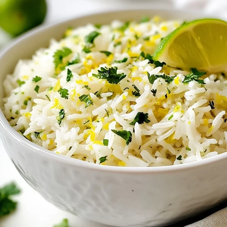 - 1 cup long-grain white rice - 2 cups vegetable broth (or water) - 2 tablespoons fresh lime juice - 1 tablespoon lime zest - 1/4 cup fresh cilantro, chopped - 1 tablespoon olive oil - 1 teaspoon garlic powder - 1/2 teaspoon cumin - Salt to taste - Fresh lime wedges for serving (optional) - 1 cup = 8 fluid ounces - 2 tablespoons = 1 ounce - 1/4 cup = 2 ounces - 1 teaspoon = 1/3 of a tablespoon When measuring ingredients, accuracy matters. Using the right amount helps the dish taste great. If you don’t have some ingredients, here are swaps you can use: - Rice: You can use jasmine or basmati rice if you prefer. - Vegetable Broth: Water works just fine if you do not have broth. - Lime Juice: Fresh lime juice gives the best taste, but bottled juice is okay in a pinch. - Olive Oil: You can use any neutral oil like canola or avocado oil. - Cilantro: Fresh parsley can stand in for cilantro if you dislike its flavor. These substitutions keep your rice dish tasty and fresh. {{ingredient_image_1}} Start by rinsing 1 cup of long-grain white rice under cold water. This gets rid of extra starch. Keep rinsing until the water runs clear. After that, drain the rice well. This step helps the rice cook better and stay fluffy. In a medium saucepan, combine the rinsed rice and 2 cups of vegetable broth or water. Turn the heat to high and bring it to a boil. Once you see bubbles, reduce the heat to low. Cover the pot and let it simmer for about 15 minutes. Check the rice after this time. It should be tender and the liquid should be gone. After cooking, take the pot off the heat and let it sit, covered, for 5 more minutes. This step allows the rice to steam and become even fluffier. Now it’s time to add flavor! First, fluff the rice gently with a fork. Drizzle 1 tablespoon of olive oil over it. Then, add 2 tablespoons of fresh lime juice and the zest from one lime. Sprinkle in 1 teaspoon of garlic powder and 1/2 teaspoon of cumin. Season with salt to taste. Stir everything together to mix well. Finally, fold in 1/4 cup of chopped fresh cilantro. Make sure the cilantro spreads evenly throughout the rice. Taste the rice and adjust the salt or lime juice if you want more flavor. To make zesty cilantro lime rice shine, fresh ingredients are key. Use fresh lime juice and zest for a bright taste. Fresh cilantro adds a vibrant kick, too. Adjust the salt to enhance flavors. If you want a bolder taste, try adding more lime juice. Mixing in a pinch of chili powder can also add warmth. Different rice types can change the texture. For long-grain rice, rinse it well before cooking. This helps to remove excess starch. For brown rice, increase the cooking time to about 40 minutes. You will also need more water—use 2.5 cups for every cup of brown rice. Jasmine or basmati rice works well, too. Just follow their specific cooking times and ratios. Zesty cilantro lime rice pairs well with many dishes. I love serving it alongside grilled chicken or fish. It also complements tacos or burritos nicely. For a fun twist, use it in a rice bowl with veggies and protein. Garnish with lime wedges and extra cilantro for a pop of color. This adds freshness and makes it look appealing. Pro Tips Rinse the Rice: Always rinse the rice under cold water to remove excess starch, which helps prevent it from becoming gummy during cooking. Use Fresh Ingredients: For the best flavor, use fresh lime juice and freshly chopped cilantro. Dried herbs and bottled lime juice won't provide the same zesty punch. Let it Rest: After cooking, let the rice sit covered for an additional 5 minutes to ensure it finishes steaming and achieves the perfect texture. Adjust to Taste: After mixing in the lime juice and spices, taste the rice and feel free to adjust the salt and lime juice to suit your personal preferences. {{image_2}} To add some heat, try spicy cilantro lime rice. You can mix in diced jalapeños or crushed red pepper flakes. Start with a small amount and taste as you go. This way, you can control the spice level. The heat pairs well with lime's zestiness. It makes the rice lively and exciting. For a twist, use coconut milk instead of broth. This gives the rice a rich, creamy taste. To make coconut cilantro lime rice, replace the vegetable broth with one cup of coconut milk. The sweetness of the coconut balances well with the lime. Add a pinch of salt, and you've got a tropical delight. You can boost the flavor even more with add-ins. Try mixing in black beans for protein. You can also add corn for sweetness and crunch. Chopped peppers or green onions can give it a fresh crunch. For an herb boost, toss in parsley or mint along with cilantro. These additions make the dish more colorful and tasty. After you enjoy your zesty cilantro lime rice, store any leftovers in a container. Let the rice cool first. Cover it tightly with a lid or plastic wrap. Place it in the fridge. It will stay fresh for about three to five days. If you want to keep it longer, consider freezing it. To reheat the rice, use a microwave or stove. If using a microwave, place the rice in a bowl. Add a splash of water to keep it moist. Cover it with a damp paper towel. Heat on high for about 1-2 minutes, stirring halfway. If you prefer the stove, add the rice to a pan with a bit of water. Heat on low, stirring often, until warmed through. To freeze your cilantro lime rice, scoop the cooled rice into freezer bags. Try to remove as much air as possible before sealing. Label the bags with the date. You can freeze the rice for up to three months. When ready to use, thaw it in the fridge overnight before reheating. Yes, you can use brown rice. Brown rice has more fiber and nutrients. It takes longer to cook, about 45 minutes. Use 2 ½ cups of broth or water to cook it. The flavor will still be great, but the texture will differ. To make rice less sticky, rinse it well before cooking. Rinsing removes excess starch. You can also add a bit of oil to the water. This helps separate the grains. Use the right water-to-rice ratio, too. For every cup of rice, use two cups of liquid. You can serve this rice with many dishes. It pairs well with grilled chicken or shrimp. Tacos and burritos also make a great match. For a vegetarian meal, try it with black beans or grilled veggies. The zesty flavor adds a nice touch to any dish. This blog post covered all you need to make Zesty Cilantro Lime Rice. You learned about key ingredients, cooking steps, and helpful tips. I shared tasty variations and how to store leftovers. Remember, cooking rice well can lead to great meals. Try different flavors to find your favorite. Follow these steps for easy, delicious rice every time. Enjoy your cooking journey!