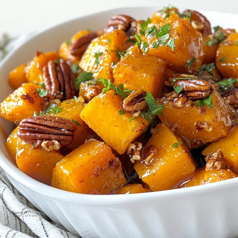 To create this tasty dish, you will need the following ingredients: - 4 medium sweet potatoes, peeled and diced - 1/4 cup maple syrup - 1/4 cup pecans, roughly chopped - 2 tablespoons olive oil - 1 teaspoon cinnamon - 1/2 teaspoon nutmeg - Salt to taste These ingredients work together to create a sweet and nutty flavor that shines. Sweet potatoes give a creamy texture, while maple syrup adds a rich sweetness. The pecans provide a nice crunch and depth. You can add a few garnishes to make your dish even better: - Fresh parsley, chopped (for garnish) - A drizzle of extra maple syrup Fresh parsley adds a pop of color and freshness. A drizzle of maple syrup can make it look extra special. If you don't have some ingredients, here are a few swaps: - Use honey instead of maple syrup for sweetness. - Try walnuts or almonds in place of pecans. - Coconut oil can replace olive oil for a different flavor. These substitutions can help you personalize the dish to your liking. Remember, cooking is about making flavors work for you! {{ingredient_image_1}} Start by preheating your oven to 425°F (220°C). This high heat helps caramelize the sweet potatoes. Next, take four medium sweet potatoes. Peel them and dice them into small cubes. Aim for even sizes to ensure they cook at the same rate. In a large bowl, combine the diced sweet potatoes with 2 tablespoons of olive oil. Add 1/4 cup of maple syrup for sweetness. Then, sprinkle in 1 teaspoon of cinnamon and 1/2 teaspoon of nutmeg. These spices add warmth and depth. Season with salt to taste. Mix everything well until all the sweet potatoes are coated. Spread the sweet potato mix evenly on a parchment-lined baking sheet. Roast them in the oven for about 25 to 30 minutes. Stir the sweet potatoes halfway through to help them cook evenly. In the last 10 minutes, add 1/4 cup of roughly chopped pecans on top. This step toasts the nuts and adds crunch. Once done, remove the pan from the oven. Let the sweet potatoes cool for a couple of minutes. Garnish with freshly chopped parsley for a pop of color before serving. To roast sweet potatoes well, choose firm and fresh ones. Cut them into even pieces. This helps them cook at the same rate. Preheat your oven to 425°F (220°C). Use parchment paper on your baking sheet. This makes cleanup easy and helps the potatoes roast evenly. Spread the sweet potatoes in a single layer. This allows them to caramelize and get crispy. To boost flavor, coat the sweet potatoes well with olive oil and maple syrup. Add cinnamon and nutmeg for a warm taste. These spices pair well with sweet potatoes. Don't forget to sprinkle salt. It brings out all the flavors. For an extra crunch, stir in the chopped pecans during the last 10 minutes of roasting. This gives them a nice toast and adds depth. Avoid overcrowding the baking sheet. When sweet potatoes are too close, they steam instead of roast. This leads to soggy potatoes. Also, watch the cooking time. If you cook them too long, they can burn. Stir halfway through to ensure even cooking. Lastly, don’t skip the garnish. Fresh parsley adds color and flavor. It makes the dish more appealing. Pro Tips Use Fresh Ingredients: Fresh sweet potatoes, maple syrup, and spices will enhance the flavor of your dish significantly. Adjust Sweetness: Depending on your taste preference, you can add more or less maple syrup to balance the sweetness. Perfect Roasting: Ensure that the sweet potatoes are spread out in a single layer to promote even roasting and caramelization. Garnish for Flavor: Fresh parsley not only adds color but also a fresh taste that complements the sweetness of the dish. {{image_2}} Pecans add a rich crunch, but you can switch things up. Try walnuts for a slightly bitter and earthy taste. Almonds give a nice crunch and a hint of sweetness. For a tropical twist, use macadamia nuts. Each nut brings its unique flavor, so feel free to experiment! You can boost the sweet potato flavor easily. Add a pinch of cayenne pepper for warmth. A splash of orange juice adds brightness and zest. You could also mix in some garlic powder for a savory touch. These simple tweaks make your dish even more exciting! Making this dish vegan is simple! Just ensure the maple syrup is pure and check labels for any additives. For gluten-free options, all ingredients are already gluten-free. Use certified gluten-free nuts if you are concerned about cross-contamination. Enjoy this dish without worry of dietary restrictions! To store leftover sweet potatoes, let them cool first. Place them in an airtight container. You can keep them in the fridge for up to four days. Make sure to cover them well. This helps keep their flavor fresh. If you want, you can also store them in a bowl. Just wrap the bowl tightly with plastic wrap. When you reheat sweet potatoes, use the oven for best results. Preheat your oven to 350°F (175°C). Spread the sweet potatoes on a baking sheet. Heat them for about 10-15 minutes. This way, they stay crispy and delicious. You can also use a microwave. Just heat on medium for two to three minutes. Stir halfway through to ensure even heating. If you want to freeze your sweet potatoes, first cool them completely. Place them in a freezer-safe bag or container. Make sure to remove as much air as possible. You can freeze them for up to three months. When you want to eat them, thaw in the fridge overnight. Then, reheat them in the oven for the best taste. Yes, you can use other types of potatoes. However, sweet potatoes give the best taste. They have a natural sweetness that pairs well with maple syrup. If you want a different flavor, try Yukon Gold or red potatoes. These will change the texture but still taste good. Always adjust cooking times, as different potatoes cook at different rates. You can tell when sweet potatoes are done by checking their tenderness. Use a fork to poke them. If the fork goes in easily, they are ready. You should see a nice caramel color on the outside. Stir them halfway through to cook evenly. Keep an eye on them, as overcooking can make them mushy. Maple pecan roasted sweet potatoes go well with many dishes. They are great with roasted chicken or turkey. You can also serve them with grilled fish for a light meal. For a vegetarian option, pair them with quinoa or a fresh salad. Their sweet and nutty flavor complements savory dishes nicely. Enjoy them at holidays or family gatherings for a festive touch. Maple pecan roasted sweet potatoes are simple and tasty. We covered key ingredients, step-by-step prep, and smart tips. With variations and storage methods, you now have a complete guide. Follow these steps for a perfect dish every time. Enjoy exploring different flavors and textures. This recipe makes your meals special and fun. Try it out, and share it with others! You won't regret it.