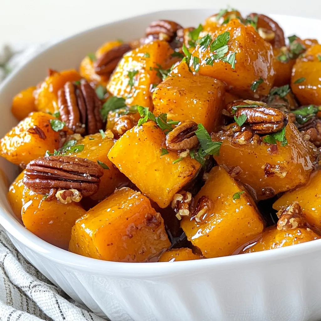 To create this tasty dish, you will need the following ingredients: - 4 medium sweet potatoes, peeled and diced - 1/4 cup maple syrup - 1/4 cup pecans, roughly chopped - 2 tablespoons olive oil - 1 teaspoon cinnamon - 1/2 teaspoon nutmeg - Salt to taste These ingredients work together to create a sweet and nutty flavor that shines. Sweet potatoes give a creamy texture, while maple syrup adds a rich sweetness. The pecans provide a nice crunch and depth. You can add a few garnishes to make your dish even better: - Fresh parsley, chopped (for garnish) - A drizzle of extra maple syrup Fresh parsley adds a pop of color and freshness. A drizzle of maple syrup can make it look extra special. If you don't have some ingredients, here are a few swaps: - Use honey instead of maple syrup for sweetness. - Try walnuts or almonds in place of pecans. - Coconut oil can replace olive oil for a different flavor. These substitutions can help you personalize the dish to your liking. Remember, cooking is about making flavors work for you! {{ingredient_image_1}} Start by preheating your oven to 425°F (220°C). This high heat helps caramelize the sweet potatoes. Next, take four medium sweet potatoes. Peel them and dice them into small cubes. Aim for even sizes to ensure they cook at the same rate. In a large bowl, combine the diced sweet potatoes with 2 tablespoons of olive oil. Add 1/4 cup of maple syrup for sweetness. Then, sprinkle in 1 teaspoon of cinnamon and 1/2 teaspoon of nutmeg. These spices add warmth and depth. Season with salt to taste. Mix everything well until all the sweet potatoes are coated. Spread the sweet potato mix evenly on a parchment-lined baking sheet. Roast them in the oven for about 25 to 30 minutes. Stir the sweet potatoes halfway through to help them cook evenly. In the last 10 minutes, add 1/4 cup of roughly chopped pecans on top. This step toasts the nuts and adds crunch. Once done, remove the pan from the oven. Let the sweet potatoes cool for a couple of minutes. Garnish with freshly chopped parsley for a pop of color before serving. To roast sweet potatoes well, choose firm and fresh ones. Cut them into even pieces. This helps them cook at the same rate. Preheat your oven to 425°F (220°C). Use parchment paper on your baking sheet. This makes cleanup easy and helps the potatoes roast evenly. Spread the sweet potatoes in a single layer. This allows them to caramelize and get crispy. To boost flavor, coat the sweet potatoes well with olive oil and maple syrup. Add cinnamon and nutmeg for a warm taste. These spices pair well with sweet potatoes. Don't forget to sprinkle salt. It brings out all the flavors. For an extra crunch, stir in the chopped pecans during the last 10 minutes of roasting. This gives them a nice toast and adds depth. Avoid overcrowding the baking sheet. When sweet potatoes are too close, they steam instead of roast. This leads to soggy potatoes. Also, watch the cooking time. If you cook them too long, they can burn. Stir halfway through to ensure even cooking. Lastly, don’t skip the garnish. Fresh parsley adds color and flavor. It makes the dish more appealing. Pro Tips Use Fresh Ingredients: Fresh sweet potatoes, maple syrup, and spices will enhance the flavor of your dish significantly. Adjust Sweetness: Depending on your taste preference, you can add more or less maple syrup to balance the sweetness. Perfect Roasting: Ensure that the sweet potatoes are spread out in a single layer to promote even roasting and caramelization. Garnish for Flavor: Fresh parsley not only adds color but also a fresh taste that complements the sweetness of the dish. {{image_2}} Pecans add a rich crunch, but you can switch things up. Try walnuts for a slightly bitter and earthy taste. Almonds give a nice crunch and a hint of sweetness. For a tropical twist, use macadamia nuts. Each nut brings its unique flavor, so feel free to experiment! You can boost the sweet potato flavor easily. Add a pinch of cayenne pepper for warmth. A splash of orange juice adds brightness and zest. You could also mix in some garlic powder for a savory touch. These simple tweaks make your dish even more exciting! Making this dish vegan is simple! Just ensure the maple syrup is pure and check labels for any additives. For gluten-free options, all ingredients are already gluten-free. Use certified gluten-free nuts if you are concerned about cross-contamination. Enjoy this dish without worry of dietary restrictions! To store leftover sweet potatoes, let them cool first. Place them in an airtight container. You can keep them in the fridge for up to four days. Make sure to cover them well. This helps keep their flavor fresh. If you want, you can also store them in a bowl. Just wrap the bowl tightly with plastic wrap. When you reheat sweet potatoes, use the oven for best results. Preheat your oven to 350°F (175°C). Spread the sweet potatoes on a baking sheet. Heat them for about 10-15 minutes. This way, they stay crispy and delicious. You can also use a microwave. Just heat on medium for two to three minutes. Stir halfway through to ensure even heating. If you want to freeze your sweet potatoes, first cool them completely. Place them in a freezer-safe bag or container. Make sure to remove as much air as possible. You can freeze them for up to three months. When you want to eat them, thaw in the fridge overnight. Then, reheat them in the oven for the best taste. Yes, you can use other types of potatoes. However, sweet potatoes give the best taste. They have a natural sweetness that pairs well with maple syrup. If you want a different flavor, try Yukon Gold or red potatoes. These will change the texture but still taste good. Always adjust cooking times, as different potatoes cook at different rates. You can tell when sweet potatoes are done by checking their tenderness. Use a fork to poke them. If the fork goes in easily, they are ready. You should see a nice caramel color on the outside. Stir them halfway through to cook evenly. Keep an eye on them, as overcooking can make them mushy. Maple pecan roasted sweet potatoes go well with many dishes. They are great with roasted chicken or turkey. You can also serve them with grilled fish for a light meal. For a vegetarian option, pair them with quinoa or a fresh salad. Their sweet and nutty flavor complements savory dishes nicely. Enjoy them at holidays or family gatherings for a festive touch. Maple pecan roasted sweet potatoes are simple and tasty. We covered key ingredients, step-by-step prep, and smart tips. With variations and storage methods, you now have a complete guide. Follow these steps for a perfect dish every time. Enjoy exploring different flavors and textures. This recipe makes your meals special and fun. Try it out, and share it with others! You won't regret it.