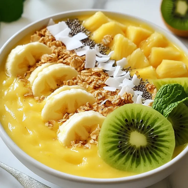 To make a tasty pineapple coconut smoothie bowl, you need a few key items: - 1 cup frozen pineapple chunks - 1 ripe banana - 1/2 cup coconut milk (or almond milk) You can make your smoothie bowl creamier and sweeter with these extras: - 1/4 cup Greek yogurt (for creaminess) - 1 tablespoon honey or maple syrup (for sweetness) To make your bowl look great and taste even better, try these toppings: - Sliced fresh fruit (kiwi, banana) - Granola - Chia seeds - Mint leaves - Shredded coconut {{ingredient_image_1}} To make the smoothie base, gather your ingredients first. You will need: - 1 cup frozen pineapple chunks - 1 ripe banana - 1/2 cup coconut milk (or almond milk) - 1/4 cup Greek yogurt (optional for creaminess) Start by adding the frozen pineapple chunks and ripe banana to your blender. If you want a creamier texture, add the Greek yogurt. Pour in the coconut milk. This will help blend everything smoothly. Blend the mixture until it is smooth and creamy. If it seems too thick, don't worry! Just add a bit more coconut milk. Blend again until you reach your desired consistency. Taste the mixture. If you like it sweeter, add a tablespoon of honey or maple syrup. Blend once more to mix in the sweetness. Now comes the fun part! Pour your smoothie mixture into a bowl. Use the back of a spoon to smooth out the surface. This creates a nice base for your toppings. For the toppings, you can get creative. Start with sliced fresh fruit like kiwi or banana. Sprinkle some granola and chia seeds over the top. Finish with shredded coconut and a few mint leaves. This gives your smoothie bowl a beautiful look and a tasty crunch. Serve it right away for the best flavor! When picking a ripe pineapple, look for a sweet smell. The skin should be gold or yellow. Also, the leaves should be green and healthy. For bananas, choose ones that are yellow with a few brown spots. These spots show they are sweet and ready to eat. To get the right thickness, start with frozen fruit. This keeps the smoothie cold and thick. If it is too thick, add a splash of coconut milk. Blend slowly. You can always add more milk, but you can’t take it out. Aim for a creamy texture that holds your toppings well. To make your smoothie bowl even better, try adding spices. A pinch of cinnamon or a splash of vanilla can boost flavor. You can swap coconut milk for almond or oat milk if you want a lighter taste. If you need more sweetness, maple syrup works great too! Pro Tips Use Frozen Fruits: Frozen pineapple and banana not only ensure your smoothie bowl is icy and refreshing but also help thicken the mixture without needing ice, which can dilute the flavor. Experiment with Milk Alternatives: While coconut milk gives a tropical flavor, trying other plant-based milks like almond or oat can provide different textures and tastes, catering to personal preferences. Layer Your Toppings: For an appealing presentation, layer your toppings in a way that showcases the vibrant colors of the fruits and the crunchiness of granola, making each bite visually enticing. Adjust Sweetness to Taste: Before serving, taste your smoothie mixture and adjust the sweetness with honey or maple syrup, ensuring it suits your personal preference for a perfect balance. {{image_2}} You can change the milk in your smoothie bowl. Almond milk adds a nutty taste. Oat milk makes it creamier and richer. Coconut milk keeps the tropical vibe. Each option gives your bowl a unique twist. Choose what you like best! Mix different fruits for a fun flavor adventure. You can use mango for a sweet touch. Berries add a pop of color and tang. Avocado brings creaminess without changing the taste much. Add-ins like spinach or kale can boost nutrition. They blend well without strong flavors. Fresh fruit changes with the seasons. In summer, ripe peaches or berries shine. In fall, try apples or pears for a cozy taste. Winter brings citrus fruits like oranges or grapefruits. Use what’s fresh and local to make your bowl special. It makes the smoothie taste even better! If you have leftover smoothie bowl, store it in a sealed container. Use glass or plastic containers that close tightly. Keep it in the fridge for up to two days. The smoothie may separate, so stir it before eating. You can freeze leftover smoothie bowl. Pour it into an ice cube tray or freezer-safe bags. Freeze for up to three months. When ready to enjoy, blend the frozen mix with a bit of coconut milk. This gives you a quick and tasty treat. To keep your smoothie bowl fresh, avoid adding toppings before storing. Toppings can get soggy. Instead, store them separately. When serving, add fresh toppings like fruit or granola. This keeps the flavor bright and the texture perfect. Yes, you can make this smoothie bowl ahead of time. Just blend the ingredients as usual. Store the smoothie in a sealed container in the fridge. It is best to eat it within 24 hours for freshness. If you plan to top it later, keep the toppings separate. This way, your bowl stays fresh and tasty. If you don’t have Greek yogurt, don’t worry. You can skip it or use another yogurt. Regular yogurt or a dairy-free option works well too. The bowl may be a bit less creamy, but it will still taste great. You can also add a bit more banana or some avocado to boost creaminess. To make this smoothie bowl vegan, simply skip the Greek yogurt. Use almond milk or any other plant-based milk. For sweetness, use maple syrup instead of honey. With these small changes, you can enjoy a delicious vegan smoothie bowl without losing any flavor. In this post, we explored how to make a delicious smoothie bowl. We covered key ingredients, from the base to garnishes. We shared tips for blending and serving, ensuring a perfect thickness. You learned about flavor enhancements and variations for every season. Storing leftovers was also discussed to keep your smoothie fresh. Overall, this smoothie bowl is easy to customize and fun to make. Whether vegan or packed with toppings, enjoy every spoonful!