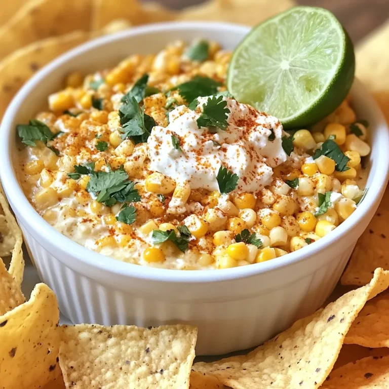 - 2 cups frozen corn (thawed) - 1 tablespoon olive oil - 1/2 cup red onion (diced) - 2 cloves garlic (minced) - 1 cup cotija cheese (crumbled) - 1/2 cup mayonnaise - 1/2 cup sour cream The main ingredients bring a wonderful mix of tastes. The corn gives sweetness and crunch. Olive oil adds richness, while red onion and garlic give depth. Cotija cheese brings saltiness and creaminess. Mayonnaise and sour cream make the dip smooth and tangy. - 1 teaspoon chili powder - 1 teaspoon smoked paprika - Salt and pepper to taste - Juice of 1 lime Seasonings add a kick to the dip. Chili powder and smoked paprika give it warmth and a hint of smoke. Salt and pepper balance the flavors. Fresh lime juice adds a bright and zesty note. - Fresh cilantro (chopped) - Tortilla chips (for serving) Garnishing with fresh cilantro brightens the dish. It adds a pop of color and freshness. Serve the dip with crispy tortilla chips for a fun and tasty pairing. The chips make it easy to scoop and enjoy every bite. {{ingredient_image_1}} - Heat 1 tablespoon of olive oil in a skillet over medium heat. - Add 2 cups of thawed corn to the skillet. Cook for 5-7 minutes, stirring often. You want the corn to get slightly charred. This adds great flavor! - Next, add 1/2 cup of diced red onion to the skillet. - Add in 2 cloves of minced garlic too. Cook for 2-3 minutes. The onion should become soft and clear. Remove the skillet from heat and let it cool a bit. - In a large mixing bowl, combine 1 cup of crumbled cotija cheese, 1/2 cup of mayonnaise, and 1/2 cup of sour cream. - Mix in 1 teaspoon of chili powder, 1 teaspoon of smoked paprika, the juice of 1 lime, and salt and pepper to taste. Blend this until it’s smooth. - Gently fold in the charred corn mixture. Make sure it’s all mixed well. Taste the dip and adjust seasonings as needed. - Finally, transfer your dip to a serving bowl. You can garnish it with fresh cilantro for that extra pop! To make your dip shine, adjust the seasoning. Start with salt and pepper, then taste. If you want more heat, add chili powder. You can also try smoked paprika for depth. The corn needs a nice char. Cook it for about 5 to 7 minutes. Watch for a golden color and slight crunch. If you can't find cotija cheese, feta works well. It gives a nice salty flavor. For fresh ingredients, shop at local farmers' markets. This helps you find the best corn and herbs. Fresh corn really enhances the taste of the dip. Serve the dip with crispy tortilla chips. Arrange them around the dip bowl for a pretty look. For a fun touch, add a lime wedge on the side. You can also sprinkle more cilantro on top. This adds a pop of color and flavor. Pro Tips Use Fresh Corn: If you have access to fresh corn, grill it for a smoky flavor that enhances the dip's taste. Adjust the Spice Level: Customize the heat by adding diced jalapeños or a dash of hot sauce to the mix for an extra kick. Make Ahead: Prepare the dip a few hours in advance to allow the flavors to meld. Just keep it refrigerated until serving! Serve Warm or Cold: This dip is delicious either way! For a warm version, pop it in the oven for a few minutes before serving. {{image_2}} To add heat to your dip, try jalapeños. You can chop them finely and mix them in. If you prefer, use hot sauce instead. Just add a few dashes to the creamy mix. For a twist, consider spices like cayenne or crushed red pepper. For a vegetarian-friendly dip, swap the mayo and sour cream for vegan versions. Look for vegan mayo and non-dairy sour cream at your store. You can also use plant-based cheese instead of cotija. It melts well and adds great flavor. Pair this dip with other tasty appetizers. Think about serving chips, veggies, or even tacos alongside it. You can create a fun dip platter. Include guacamole, salsa, or queso for variety. This makes your meal more colorful and exciting! To keep your Mexican Street Corn Dip fresh, store it in an airtight container. Place it in the fridge right after serving. This dip stays tasty for about 3 to 5 days. Always check for any change in smell or color before eating. If it looks or smells off, it's best to toss it. Yes, you can freeze Mexican Street Corn Dip! Just put it in a freezer-safe container. Make sure to leave some space at the top because the dip will expand as it freezes. It can last up to 2 months in the freezer. When ready to eat, thaw it in the fridge overnight. To reheat, place the dip in a skillet over low heat or microwave it in short bursts. Stir often to make sure it heats evenly. If it seems too thick after thawing, add a bit of sour cream or mayo to bring back the creamy texture. Enjoy your dip warm with crunchy tortilla chips! If you cannot find cotija cheese, try feta cheese. Feta gives a nice tang. You can also use queso fresco, which has a similar texture. For a dairy-free option, look for vegan crumbled cheese. This will keep the dip tasty without dairy. This dip has a mild heat level. The chili powder adds flavor, not fire. If you like more heat, add jalapeños or hot sauce. Remember, the lime juice brightens the flavor without adding spice. Yes, you can prepare this dip a day in advance. Store it in the fridge in an airtight container. Before serving, mix it again to blend the flavors. This dip tastes even better after resting. This blog post walked you through making a tasty Mexican Street Corn Dip. You learned about the main ingredients, seasonings, and the steps to prepare the dip. I shared tips to perfect it and offered variations for spice and dietary needs. Always remember to store leftovers properly to keep them fresh. Whether you have a party or a quiet night, this dip is a winner. Enjoy making it and sharing with friends!