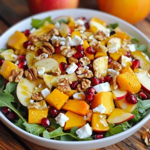To make a Fall Harvest Salad, you need fresh, vibrant ingredients that highlight the season. Here’s what you will need: - 4 cups mixed greens (arugula, spinach, kale) - 1 medium apple, thinly sliced - 1 cup roasted butternut squash, cubed - ½ cup pomegranate seeds - ½ cup walnuts, toasted and roughly chopped - ¼ cup feta cheese, crumbled - ¼ cup dried cranberries - 3 tablespoons apple cider vinegar - 2 tablespoons maple syrup - 3 tablespoons olive oil - Salt and pepper to taste These ingredients combine to create a colorful and nutritious dish. The mixed greens provide a fresh base, while the seasonal fruits and veggies add sweetness and crunch. The nuts and cheese bring texture and flavor, making each bite a delight. Choosing the right apple is key. I suggest using a crisp variety, like Honeycrisp or Fuji. They add a nice tartness to the salad. Roasting the butternut squash enhances its natural sweetness. Make sure to let it cool slightly before adding it to the salad. The dressing is simple yet flavorful. It combines the tang of apple cider vinegar with the sweetness of maple syrup. This balance ties all the ingredients together beautifully. Don’t forget to season with salt and pepper for extra flavor. This salad is not just a dish; it’s a celebration of fall. Each ingredient tells a story of the season and brings a burst of flavor to your table. Enjoy creating this fresh and flavorful delight! {{ingredient_image_1}} To start, you need to roast your butternut squash. First, preheat your oven to 400°F (200°C). Next, cut the squash into small, even cubes. This size helps it cook evenly. Toss the cubes in a bowl with a drizzle of olive oil, salt, and pepper. Spread them out on a baking sheet. Roast for 20 to 25 minutes. You want them to be golden and tender. Check them halfway through and stir for even cooking. Let them cool for a few minutes before adding to your salad. Now, let’s whip up the dressing. In a small bowl, mix together three tablespoons of apple cider vinegar, two tablespoons of maple syrup, and three tablespoons of olive oil. This mix gives your salad a nice sweet and tangy flavor. Taste it and add salt and pepper to your liking. This simple dressing makes the salad pop. It's time to build your salad! In a large bowl, add four cups of mixed greens, like arugula, spinach, and kale. Next, toss in your roasted butternut squash. Then, add one thinly sliced apple, half a cup of pomegranate seeds, half a cup of toasted walnuts, a quarter cup of crumbled feta cheese, and a quarter cup of dried cranberries. To mix everything well, use a gentle tossing motion. This way, all the flavors combine nicely without crushing the greens or other ingredients. Once it looks colorful and even, it’s ready to serve! Serve your Fall Harvest Salad in shallow bowls. This helps showcase the vibrant colors. Sprinkle extra pomegranate seeds and walnuts on top for a pop of color. A thin slice of apple on the edge of the bowl makes a nice touch. It adds flair and looks inviting. To boost flavor, add fresh herbs like thyme or rosemary. These herbs pair well with the salad's sweetness. You can also sprinkle a pinch of cinnamon for warmth. For a heartier meal, add grilled chicken or chickpeas. These proteins add substance and make it filling. Try adding more seasonal veggies. Roasted Brussels sprouts or sliced beets can enhance taste and nutrition. Swap out walnuts for pumpkin seeds if you want a different crunch. You can also replace feta with a dairy-free cheese for a vegan option. This keeps the salad fresh and exciting. Pro Tips Roast with Care: Ensure the butternut squash is cut into uniform pieces for even roasting and maximum caramelization. Freshness Matters: Use fresh pomegranate seeds for a burst of flavor and vibrant color. They can often be found pre-packaged in stores. Customize Your Greens: Feel free to mix in other seasonal greens like Swiss chard or frisée for added texture and flavor. Make Ahead: Prepare the roasted butternut squash and dressing a day in advance for a quicker assembly when you're ready to serve. {{image_2}} You can change up your Fall Harvest Salad with other seasonal ingredients. Consider adding pears for extra sweetness or kale for a hearty crunch. Both pair well with the flavors of this dish. For those avoiding dairy, try using dairy-free cheese made from nuts. This keeps the salad creamy without the dairy. Mixing sweet and savory flavors makes the salad shine. Use a balsamic vinaigrette for a tangy twist or a honey mustard dressing for sweetness. Unique nuts or seeds can also add a lovely crunch. Try adding pumpkin seeds or pecans for a new texture. You can make this salad vegan by leaving out the feta cheese. Replace it with avocado or extra nuts for creaminess. For gluten-free options, ensure your dressing is gluten-free. Adjusting the nuts can change the calorie count too. Use less nuts for fewer calories or add more for a protein boost. To keep your salad fresh, always store the salad and dressing separately. Place the salad in a bowl covered with plastic wrap. The dressing should go into a jar or small container. This method helps prevent sogginess. You can mix them together just before serving. For freshness, wash your greens, then dry them well. Use a salad spinner for best results. Keep the greens in a sealed bag with a paper towel inside. The towel absorbs moisture and keeps greens crisp. If you have leftover roasted butternut squash, you can reheat it safely. Use a microwave or oven. For the microwave, place it in a bowl and cover it. Heat in short bursts of 30 seconds until warm. In the oven, set it to 350°F (175°C) and heat for about 10 minutes. If your salad is mixed, it's best to eat it cold. Mixing greens with dressing can make them soggy. If you must reheat, take out the squash and heat it separately, then mix it back in. When stored properly, the salad lasts about 2 to 3 days. The mixed greens stay fresh for up to a week. However, the apple and pomegranate seeds last only a few days. Watch for signs of spoilage. If the greens look slimy or brown, it's time to toss them. Dried cranberries and nuts should stay fresh for weeks if kept dry. Always trust your senses; if something smells bad, throw it out. To make this salad vegan, swap the feta cheese for a dairy-free cheese. You can find many plant-based options in stores. Instead of maple syrup, use agave nectar or a fruit puree for sweetness. These simple swaps keep the flavor while making it vegan-friendly. Yes, you can prepare it ahead of time. Roast the butternut squash and store it in the fridge. Keep the greens and fruits separate until you are ready to eat. This way, the salad stays fresh and crisp. You can also make the dressing in advance. Just give it a good shake before using. This salad pairs nicely with a few side dishes. Roasted sweet potatoes add heartiness. A warm soup, like butternut squash soup, complements the flavors. You can also serve whole grain bread or a cheese platter on the side for a festive touch. To lighten the dressing, use less olive oil. You can replace some oil with vegetable broth for a thinner mix. Another option is to add more vinegar for a tangy taste. This keeps the dressing flavorful without the extra calories. This blog post covered how to create a delicious and nutritious salad. We explored key ingredients, roasting butternut squash, and making a tasty dressing. You learned tips for presentation, flavor, and storage. Remember, you can customize this salad with different fruits and dressings to suit your taste. Keep experimenting with ingredients for variety. With simple adjustments, this salad can fit any dietary need. Enjoy the health benefits and flavors each time you make it!