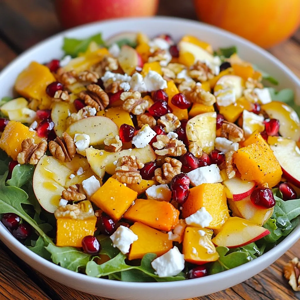 To make a Fall Harvest Salad, you need fresh, vibrant ingredients that highlight the season. Here’s what you will need: - 4 cups mixed greens (arugula, spinach, kale) - 1 medium apple, thinly sliced - 1 cup roasted butternut squash, cubed - ½ cup pomegranate seeds - ½ cup walnuts, toasted and roughly chopped - ¼ cup feta cheese, crumbled - ¼ cup dried cranberries - 3 tablespoons apple cider vinegar - 2 tablespoons maple syrup - 3 tablespoons olive oil - Salt and pepper to taste These ingredients combine to create a colorful and nutritious dish. The mixed greens provide a fresh base, while the seasonal fruits and veggies add sweetness and crunch. The nuts and cheese bring texture and flavor, making each bite a delight. Choosing the right apple is key. I suggest using a crisp variety, like Honeycrisp or Fuji. They add a nice tartness to the salad. Roasting the butternut squash enhances its natural sweetness. Make sure to let it cool slightly before adding it to the salad. The dressing is simple yet flavorful. It combines the tang of apple cider vinegar with the sweetness of maple syrup. This balance ties all the ingredients together beautifully. Don’t forget to season with salt and pepper for extra flavor. This salad is not just a dish; it’s a celebration of fall. Each ingredient tells a story of the season and brings a burst of flavor to your table. Enjoy creating this fresh and flavorful delight! {{ingredient_image_1}} To start, you need to roast your butternut squash. First, preheat your oven to 400°F (200°C). Next, cut the squash into small, even cubes. This size helps it cook evenly. Toss the cubes in a bowl with a drizzle of olive oil, salt, and pepper. Spread them out on a baking sheet. Roast for 20 to 25 minutes. You want them to be golden and tender. Check them halfway through and stir for even cooking. Let them cool for a few minutes before adding to your salad. Now, let’s whip up the dressing. In a small bowl, mix together three tablespoons of apple cider vinegar, two tablespoons of maple syrup, and three tablespoons of olive oil. This mix gives your salad a nice sweet and tangy flavor. Taste it and add salt and pepper to your liking. This simple dressing makes the salad pop. It's time to build your salad! In a large bowl, add four cups of mixed greens, like arugula, spinach, and kale. Next, toss in your roasted butternut squash. Then, add one thinly sliced apple, half a cup of pomegranate seeds, half a cup of toasted walnuts, a quarter cup of crumbled feta cheese, and a quarter cup of dried cranberries. To mix everything well, use a gentle tossing motion. This way, all the flavors combine nicely without crushing the greens or other ingredients. Once it looks colorful and even, it’s ready to serve! Serve your Fall Harvest Salad in shallow bowls. This helps showcase the vibrant colors. Sprinkle extra pomegranate seeds and walnuts on top for a pop of color. A thin slice of apple on the edge of the bowl makes a nice touch. It adds flair and looks inviting. To boost flavor, add fresh herbs like thyme or rosemary. These herbs pair well with the salad's sweetness. You can also sprinkle a pinch of cinnamon for warmth. For a heartier meal, add grilled chicken or chickpeas. These proteins add substance and make it filling. Try adding more seasonal veggies. Roasted Brussels sprouts or sliced beets can enhance taste and nutrition. Swap out walnuts for pumpkin seeds if you want a different crunch. You can also replace feta with a dairy-free cheese for a vegan option. This keeps the salad fresh and exciting. Pro Tips Roast with Care: Ensure the butternut squash is cut into uniform pieces for even roasting and maximum caramelization. Freshness Matters: Use fresh pomegranate seeds for a burst of flavor and vibrant color. They can often be found pre-packaged in stores. Customize Your Greens: Feel free to mix in other seasonal greens like Swiss chard or frisée for added texture and flavor. Make Ahead: Prepare the roasted butternut squash and dressing a day in advance for a quicker assembly when you're ready to serve. {{image_2}} You can change up your Fall Harvest Salad with other seasonal ingredients. Consider adding pears for extra sweetness or kale for a hearty crunch. Both pair well with the flavors of this dish. For those avoiding dairy, try using dairy-free cheese made from nuts. This keeps the salad creamy without the dairy. Mixing sweet and savory flavors makes the salad shine. Use a balsamic vinaigrette for a tangy twist or a honey mustard dressing for sweetness. Unique nuts or seeds can also add a lovely crunch. Try adding pumpkin seeds or pecans for a new texture. You can make this salad vegan by leaving out the feta cheese. Replace it with avocado or extra nuts for creaminess. For gluten-free options, ensure your dressing is gluten-free. Adjusting the nuts can change the calorie count too. Use less nuts for fewer calories or add more for a protein boost. To keep your salad fresh, always store the salad and dressing separately. Place the salad in a bowl covered with plastic wrap. The dressing should go into a jar or small container. This method helps prevent sogginess. You can mix them together just before serving. For freshness, wash your greens, then dry them well. Use a salad spinner for best results. Keep the greens in a sealed bag with a paper towel inside. The towel absorbs moisture and keeps greens crisp. If you have leftover roasted butternut squash, you can reheat it safely. Use a microwave or oven. For the microwave, place it in a bowl and cover it. Heat in short bursts of 30 seconds until warm. In the oven, set it to 350°F (175°C) and heat for about 10 minutes. If your salad is mixed, it's best to eat it cold. Mixing greens with dressing can make them soggy. If you must reheat, take out the squash and heat it separately, then mix it back in. When stored properly, the salad lasts about 2 to 3 days. The mixed greens stay fresh for up to a week. However, the apple and pomegranate seeds last only a few days. Watch for signs of spoilage. If the greens look slimy or brown, it's time to toss them. Dried cranberries and nuts should stay fresh for weeks if kept dry. Always trust your senses; if something smells bad, throw it out. To make this salad vegan, swap the feta cheese for a dairy-free cheese. You can find many plant-based options in stores. Instead of maple syrup, use agave nectar or a fruit puree for sweetness. These simple swaps keep the flavor while making it vegan-friendly. Yes, you can prepare it ahead of time. Roast the butternut squash and store it in the fridge. Keep the greens and fruits separate until you are ready to eat. This way, the salad stays fresh and crisp. You can also make the dressing in advance. Just give it a good shake before using. This salad pairs nicely with a few side dishes. Roasted sweet potatoes add heartiness. A warm soup, like butternut squash soup, complements the flavors. You can also serve whole grain bread or a cheese platter on the side for a festive touch. To lighten the dressing, use less olive oil. You can replace some oil with vegetable broth for a thinner mix. Another option is to add more vinegar for a tangy taste. This keeps the dressing flavorful without the extra calories. This blog post covered how to create a delicious and nutritious salad. We explored key ingredients, roasting butternut squash, and making a tasty dressing. You learned tips for presentation, flavor, and storage. Remember, you can customize this salad with different fruits and dressings to suit your taste. Keep experimenting with ingredients for variety. With simple adjustments, this salad can fit any dietary need. Enjoy the health benefits and flavors each time you make it!