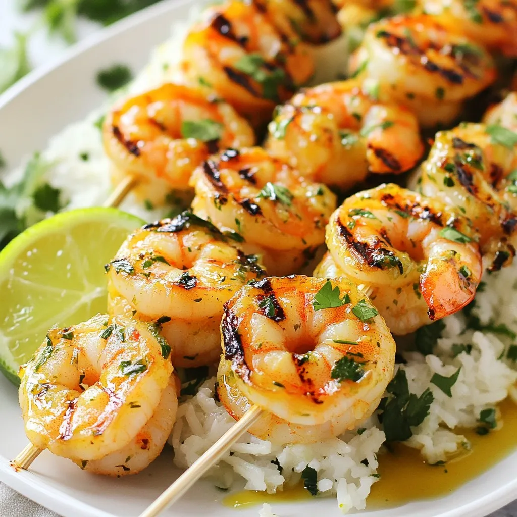 To make cilantro lime shrimp skewers, you need: - 1 pound large shrimp, peeled and deveined - 1/4 cup fresh cilantro, finely chopped - Zest of 1 lime - Juice of 2 limes - 3 tablespoons olive oil - 3 cloves garlic, minced - 1 teaspoon ground cumin - 1/2 teaspoon red pepper flakes (optional for heat) - Salt and pepper to taste - Skewers (wooden or metal) You can swap ingredients if needed. If you can't find fresh cilantro, use parsley. Lemon juice can replace lime juice for a different taste. For a milder flavor, skip the red pepper flakes. You can also use shrimp paste instead of minced garlic for a unique twist. Using fresh ingredients makes a big difference in this dish. Fresh shrimp taste better and cook faster. Fresh cilantro gives a vibrant flavor. Fresh limes add zing to the marinade. When you use fresh ingredients, your skewers will be more flavorful and enjoyable. Fresh herbs and spices bring out the best in every bite. Always choose the best ingredients for a memorable meal. {{ingredient_image_1}} First, gather your ingredients. For the marinade, you need lime juice, lime zest, olive oil, minced garlic, chopped cilantro, ground cumin, and red pepper flakes if you like heat. In a bowl, whisk them all together. This mix brings great flavor to the shrimp. Add the shrimp to the bowl, making sure each piece gets coated well. Cover the bowl and put it in the fridge for at least 30 minutes. This time allows the shrimp to soak up all those tasty flavors. While the shrimp marinates, prepare your skewers. If you use wooden skewers, soak them in water for about 20 minutes. This step helps prevent burning on the grill. After soaking, thread the shrimp onto the skewers. I usually fit about 5-6 shrimp per skewer. Make sure to leave some space between each shrimp. This helps them cook evenly. Now it's time to grill! Preheat your grill or grill pan to medium-high heat. Once hot, place the skewers on the grill. Cook them for 2-3 minutes on each side. You’ll know they’re done when the shrimp turn pink and opaque. This color change means they are cooked through. After grilling, remove the skewers from the grill and let them rest for a few minutes. This resting time keeps the shrimp juicy. To get perfectly cooked shrimp, watch the color closely. Raw shrimp looks gray. When cooked, it turns pink and opaque. Cook shrimp for about 2-3 minutes on each side. Overcooking makes shrimp tough. Use a meat thermometer if you're unsure; shrimp is done at 120°F. Grilling gives shrimp a nice char. It adds a smoky flavor that is hard to beat. Preheat your grill to medium-high heat. Make sure to soak wooden skewers for 20 minutes. If you prefer the oven, preheat it to 400°F. Place skewers on a baking sheet and cook for 6-8 minutes. Both methods work, but grilling adds a special touch. To boost the flavors, try adding more herbs. Fresh parsley or dill pairs well with cilantro. You can also use lime zest for extra zing. Adding a dash of hot sauce can give it a kick. For a sweet touch, consider a splash of honey. Experiment and find what you love! Pro Tips Marination Time: Allow the shrimp to marinate for at least 30 minutes, or up to 2 hours, for maximum flavor absorption. Perfect Grill Temperature: Ensure your grill is preheated to medium-high heat to achieve a nice char without overcooking the shrimp. Skewer Safety: If using wooden skewers, soak them in water for 20 minutes before grilling to prevent burning. Serving Suggestions: Pair the skewers with cilantro-lime rice or a fresh salad for a refreshing meal. {{image_2}} You can add vegetables to your skewers for extra flavor. Bell peppers, zucchini, and red onions work well. Just cut them into similar sizes as the shrimp. Toss them in the same marinade. This step adds color and crunch. You can mix and match vegetables to fit your taste. While the lime and cilantro marinade is great, you can try other flavors too. A garlic and honey marinade gives a sweet twist. For a spicy kick, add sriracha or chipotle. A coconut milk marinade can add a tropical feel. Each option brings a new taste to your shrimp skewers. These shrimp skewers shine when served with sides. Cilantro-lime rice is a perfect match. You can also pair them with a fresh salad. A mango salsa adds a sweet contrast. For drinks, try a chilled white wine or a fruity mocktail. Each pairing enhances the dish’s bright flavors. After enjoying your cilantro lime shrimp skewers, store any leftovers in an airtight container. Keep them in the fridge for up to two days. Make sure they cool down before you seal them. This helps keep the flavors fresh and tasty. When you want to enjoy your leftovers, reheat them gently. The best way is to use a skillet on low heat. Add a splash of olive oil or a little water to keep them moist. You can also use the microwave. Just cover them to avoid drying out. Heat in short bursts, checking often to avoid overcooking. If you want to save some skewers for later, freezing is a great option. Place the cooled skewers in a freezer-safe bag. Make sure to remove as much air as possible. They can stay good for about three months. When you're ready to eat, thaw them in the fridge overnight. To reheat, follow the tips I shared earlier. Enjoy your fresh-tasting shrimp skewers! You should marinate the shrimp for at least 30 minutes. This time allows the shrimp to soak up the lime juice and cilantro flavors. If you have more time, you can marinate them for up to two hours. Just be careful not to marinate too long. The acid from the lime can make the shrimp tough. Yes, you can use frozen shrimp. Just make sure to thaw them first. You can do this by placing them in the fridge overnight or running them under cold water for a quick thaw. Pat them dry before you add them to the marinade. This step helps the flavors stick better. Cilantro lime shrimp skewers pair well with many sides. Here are some great ideas: - Cilantro-lime rice - Grilled vegetables - Fresh salad - Corn on the cob - Avocado slices These sides will add color and flavor to your meal. Enjoy your delicious shrimp skewers with any of these options! In this article, we covered fresh ingredients, marinating shrimp, and grilling tips. You learned how to enhance flavors and ensure proper cooking. We discussed variations like adding veggies and alternative marinades. I also shared storage tips for leftovers and answers to popular questions. Now, you have the tools to create tasty shrimp skewers. Enjoy experimenting with flavors and impressing your friends! Cooking can be fun and easy. Dive in and savor every bite!