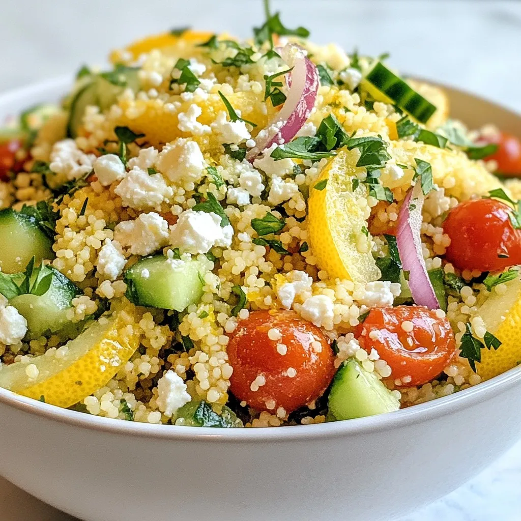 To create a bright and tasty Lemon Herb Couscous Salad, you will need these simple ingredients: - 1 cup couscous - 1 cup vegetable broth - 1 medium cucumber, diced - 1 cup cherry tomatoes, halved - 1/2 red onion, finely chopped - 1/4 cup freshly chopped parsley - 1/4 cup freshly chopped mint - 1/4 cup feta cheese, crumbled (optional) - 1/4 cup olive oil - 3 tablespoons lemon juice - Zest of 1 lemon - Salt and pepper to taste These ingredients come together to make a fresh salad packed with flavor. The couscous provides a fluffy base. The veggies add crunch, while the herbs offer brightness. Feta cheese adds creaminess and a salty kick, but it’s optional. The lemon juice and zest bring a zesty tang that makes this salad stand out. You can easily adjust the amounts to suit your taste. Enjoy! {{ingredient_image_1}} 1. First, boil 1 cup of vegetable broth in a saucepan. 2. Once boiling, add 1 cup of couscous. Cover the pot and remove it from the heat. Let it sit for about 5 minutes. 3. After the time is up, fluff the couscous with a fork. Allow it to cool slightly before moving on. 1. In a large bowl, combine the diced cucumber, halved cherry tomatoes, finely chopped red onion, chopped parsley, and chopped mint. If you like, add crumbled feta cheese too. 2. In a small bowl, whisk together 1/4 cup of olive oil, 3 tablespoons of lemon juice, the zest of 1 lemon, salt, and pepper to taste. 1. Pour the dressing over the couscous and vegetable mixture. Gently toss everything together until well combined. 2. Taste and adjust seasoning with more salt and pepper if needed. 3. For the best flavor, let the salad sit for at least 15 minutes. This helps the flavors meld together. Serve it chilled or at room temperature. To get the best couscous, fluff it well. After you let it sit, use a fork. This helps separate the grains. Aim for a light and airy texture. Let it cool for about 10 minutes. This cooling time helps the couscous absorb flavors better. You can easily boost the taste of this salad. Try adding spices like cumin or smoked paprika. Fresh herbs like dill or basil also work great. To adjust acidity, use more lemon juice. A little zest can brighten the dish too. This salad shines with many sides. It pairs well with grilled chicken or fish. You can also serve it alongside roasted veggies. For a filling main course, add chickpeas or shrimp. Get creative and enjoy the fresh flavors! Pro Tips Chill for Best Flavor: Allow the salad to sit in the fridge for at least 30 minutes before serving. This chilling time enhances the flavors and gives the salad a refreshing taste. Use Fresh Herbs: Fresh herbs like parsley and mint make a significant difference in flavor. Whenever possible, opt for fresh rather than dried herbs for this salad. Customize Your Veggies: Feel free to add or substitute any vegetables you love, such as bell peppers, radishes, or even avocado, for extra flavor and nutrition. Perfect Couscous Texture: To prevent the couscous from becoming too sticky, make sure to fluff it with a fork after it has absorbed the liquid and before mixing it with other ingredients. {{image_2}} You can switch couscous for quinoa. Quinoa is a great gluten-free grain. It adds a nutty flavor and a unique texture. You can also add roasted vegetables. Roasted bell peppers or zucchini bring sweetness and depth. They add color and flavor to your salad. If you need gluten-free options, use quinoa or rice instead of couscous. Both grains work well here. For vegan substitutions, skip the feta cheese. You can replace it with avocado for creaminess. It also adds healthy fats and a smooth texture. You can include fruits like avocado or berries. Avocado makes the salad rich and creamy. Berries add a sweet touch and a pop of color. If you want some heat, try adding jalapeño. It gives a nice spicy kick that contrasts well with the lemon. Store leftover lemon herb couscous salad in the fridge. Use an airtight container. This keeps the salad fresh and tasty. Cover the container tightly to prevent air from getting in. The salad lasts about three days in the fridge. After that, it can lose flavor and texture. Look for signs of spoilage, like an off smell or slimy vegetables. If you see these signs, it's best to toss the salad. You can serve the salad cold or at room temperature. If you prefer it warm, gently heat it on the stove. Add a splash of olive oil or lemon juice to restore flavor. This helps bring back the fresh taste after storage. To make your couscous salad more filling, add protein. You can include cooked chicken, chickpeas, or beans. Nuts and seeds also boost protein and add crunch. Try adding avocado for creaminess. These additions make the dish hearty and satisfying. Yes, you can prep this salad in advance. Make it a day ahead for best flavor. Store it in the fridge in an airtight container. Letting it sit helps the flavors mix and deepen. Just give it a quick toss before serving. Couscous salad pairs well with many dishes. Serve it next to grilled meats like chicken or fish. It also works great with roasted vegetables. You can add it as a side for a larger meal or picnic. Leftovers can last about 3 to 5 days in the fridge. Store them in an airtight container to keep them fresh. Check for any signs of spoilage, like odd smells or textures, before eating. Yes, this salad is great for meal prep. It stores well and stays fresh for several days. Just make sure to keep any dressing separate if you want the salad crisp. This way, you can enjoy it all week long! This blog post showed you how to make a tasty couscous salad. You learned about the ingredients, preparation steps, and tips to perfect it. Remember, you can adjust flavors and ingredients to suit your taste. Storing it correctly will help keep it fresh. Enjoy making this dish for any meal, and feel free to get creative! Cooking should be fun and simple. Happy salad making!