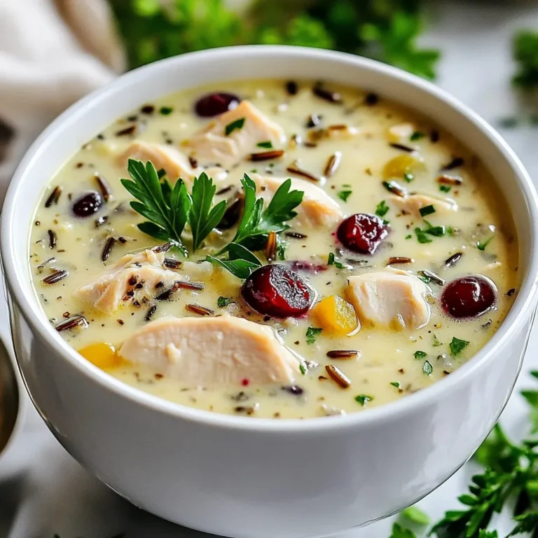 To make this cozy soup, you will need: - 1 lb boneless, skinless chicken thighs, cut into bite-sized pieces - 1 cup wild rice blend - 1 medium onion, diced - 2 cloves garlic, minced - 2 carrots, diced - 2 celery stalks, diced - 4 cups low-sodium chicken broth - 1 cup unsweetened cranberry juice - 1 teaspoon dried thyme - 1 teaspoon dried rosemary - 1 bay leaf - 1 cup fresh or frozen cranberries - ½ cup heavy cream (optional for creaminess) - Salt and pepper to taste - 2 tablespoons olive oil - Fresh parsley for garnish Want to change things up? Here are some optional ingredients: - Add 1 cup of spinach or kale for extra greens. - Use 1 teaspoon of smoked paprika for a smoky kick. - Toss in some chopped nuts for crunch and flavor. - Try a splash of lemon juice for brightness. If you have dietary needs, here are some helpful swaps: - Chicken thighs can be replaced with chicken breasts for a leaner option. - Heavy cream can be swapped for coconut milk for a dairy-free version. - For a gluten-free meal, ensure your wild rice blend is certified gluten-free. - Cranberry juice can be substituted with apple juice for a sweeter taste. {{ingredient_image_1}} First, I turn the Instant Pot to the sauté function. I add two tablespoons of olive oil and let it heat. Once hot, I add one medium diced onion, two diced carrots, and two diced celery stalks. I sauté these for about five minutes until they soften. Then, I stir in two cloves of minced garlic for one more minute. This adds a great aroma to the pot. Next, I add one pound of boneless, skinless chicken thighs, cut into bite-sized pieces. I cook them for about three to four minutes until they are slightly browned. After that, I stir in one cup of wild rice blend, one teaspoon of dried thyme, one teaspoon of dried rosemary, and one bay leaf. This is where the flavors start to build. Now, I pour in four cups of low-sodium chicken broth and one cup of unsweetened cranberry juice. I also add one cup of fresh or frozen cranberries. I stir to mix all the ingredients well. After mixing, I close the lid, making sure the valve is set to sealing. I cook on high pressure for twenty-five minutes. Once the cooking is done, I let it sit for ten minutes for a natural release. Then, I quick release any remaining pressure. If I want a creamy soup, I now stir in half a cup of heavy cream. Next, I season the soup with salt and pepper to taste. Finally, I serve it hot, garnished with fresh parsley. This soup is warm, hearty, and full of flavor! To make your soup shine, focus on fresh ingredients. Use high-quality chicken and rich broth. I love low-sodium chicken broth for better control of salt. Sauté the veggies until they are soft. This step builds the flavor base. Don't skip the herbs! Thyme and rosemary add depth. Adding cranberries brings a nice tartness. Always taste and adjust the seasoning last. For a creamy soup, heavy cream is great. Add it after cooking for a rich finish. If you want a lighter option, use milk or a plant-based milk. Blend a portion of the soup for a thicker texture. This keeps it creamy without too much fat. You can also add a dollop of sour cream when serving. Avoid overcooking the chicken. It can become dry and tough. Always check the cooking time. If you skip the natural release step, the soup may splatter. Make sure to seal the pot correctly before cooking. Lastly, pay attention to the liquid ratio. Too little liquid can lead to burning. Always follow the recipe for best results. Pro Tips Use Fresh Ingredients: Fresh vegetables and herbs can significantly enhance the flavors of your soup, making it more vibrant and delicious. Cook Time Adjustment: If you prefer your wild rice to have more bite, reduce the high pressure cooking time by a few minutes, allowing for a firmer texture. Season Gradually: Start with a little salt and pepper, then taste and adjust before serving. This helps prevent oversalting. Garnish Wisely: Fresh parsley not only adds color but also a fresh flavor that brightens up the dish. Consider adding a squeeze of lemon for extra zest. {{image_2}} You can easily make this soup vegetarian. Replace chicken with firm tofu or chickpeas. Use vegetable broth instead of chicken broth. This keeps the soup hearty and rich. You can also add more veggies like mushrooms or bell peppers. They add great flavor and texture. If you want to try different grains, there are many options. Quinoa works well for a nutty taste. Brown rice is another good choice. Just adjust the cooking time if you switch grains. Some grains may need more liquid or time to cook properly. Feel free to mix in extra flavors. Add a splash of lemon juice for brightness. A dash of hot sauce can give it a nice kick. Fresh herbs like basil or cilantro can also add depth. You might even try adding a little maple syrup for sweetness. Each of these options can change the taste and make it your own. To store your chicken cranberry wild rice soup, let it cool first. Once cooled, transfer the soup to an airtight container. You can keep it in the fridge for up to three days. If you want to keep it longer, consider freezing it. When you are ready to eat, reheat your soup on the stove. Pour the soup into a pot and heat it over medium heat. Stir often to prevent sticking. You can also use a microwave. Place the soup in a microwave-safe bowl. Heat for 2 to 3 minutes, stirring halfway through. If you want to freeze your soup, use freezer-safe containers. Leave some space at the top for expansion. You can freeze it for up to three months. To thaw, move it to the fridge overnight. Then, reheat it as mentioned above. Enjoy your tasty soup anytime! Yes, you can use chicken breasts. They will cook well in the soup. The flavor may be a bit different, but it will still taste great. Just cut them into bite-sized pieces, as you would with thighs. Keep in mind that chicken breasts can cook faster, so check for doneness before the end of cooking time. To make this soup gluten-free, use gluten-free chicken broth. Many brands offer gluten-free options. Also, check your wild rice blend. Most wild rice is gluten-free, but always read the label to be sure. This ensures everyone can enjoy the soup without worry. You can substitute wild rice with brown rice or quinoa. Both grains will work well, but they have different cooking times. If using brown rice, you may need to adjust the cooking time. Quinoa cooks faster, so add it later in the process. Each option will give the soup a unique twist. This blog post provided a full guide on making delicious soup in your Instant Pot. We covered the essential ingredients, cooking steps, and helpful tips to boost flavor. I also shared ideas for variations and storage methods, plus answers to common questions. In summary, you'll enjoy a warm meal that's easy to make and customize. Try different flavors and ingredients to make it your own. Enjoy your cooking!
