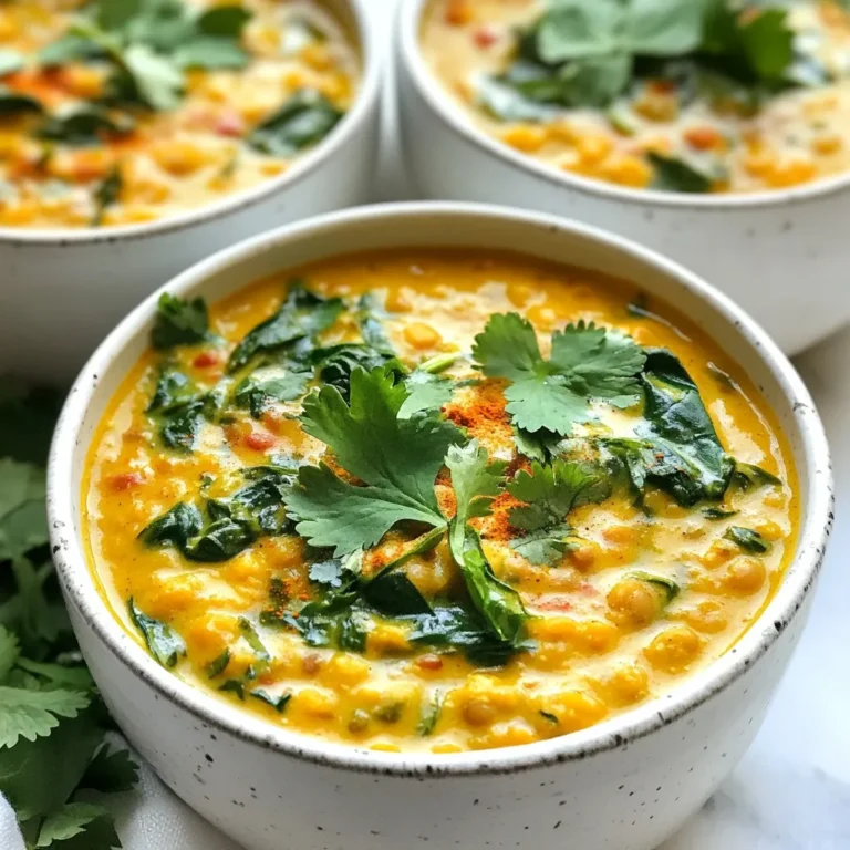 - 1 cup red lentils, rinsed - 1 can (14 oz) coconut milk - 1 large onion, finely chopped - 3 cloves garlic, minced - 1-inch piece of ginger, grated - 2 cups vegetable broth - 1 can (14 oz) diced tomatoes - 1 cup fresh spinach - Salt and pepper to taste Red lentils form the base of this dish. They cook quickly and add protein. Coconut milk gives a rich creaminess that balances the spices. Fresh vegetables, like onion and garlic, enhance the flavors and add depth. - 1 tablespoon curry powder - 1 teaspoon ground turmeric - 1 teaspoon ground cumin - 1 tablespoon olive oil The spices are key to the flavor. Curry powder adds warmth and depth. Turmeric gives a vibrant color and earthy taste. Cumin brings a nutty aroma that ties everything together. Olive oil helps to sauté the veggies and spices, creating a wonderful base. - Fresh cilantro for garnish - Fresh spinach for added color and nutrition Garnishing with fresh cilantro adds a burst of brightness. You can serve the curry with jasmine rice or naan bread. This makes for a complete and satisfying meal. Enjoying this dish with a side adds texture and flavor. {{ingredient_image_1}} 1. Start by heating olive oil in a large pot over medium heat. 2. Add the finely chopped onion. Sauté for about 5 minutes until it turns soft and clear. 3. Next, add the minced garlic and grated ginger. Cook for 2 more minutes until you smell their nice aroma. 4. Now, stir in the curry powder, turmeric, and cumin. Mix well and toast the spices for 1 minute. This step brings out their best flavors. 1. Pour in the vegetable broth, coconut milk, and diced tomatoes. Stir everything together and bring it to a gentle simmer. 2. Rinse the red lentils under cold water, then add them to the pot. Mix well to combine. 3. Cover the pot and cook on low heat for 20-25 minutes. Stir occasionally and add more broth if it gets too thick. The lentils should be soft when ready. 4. After the lentils are cooked, add the fresh spinach to the pot. Cook for another 5 minutes until the spinach wilts down. 1. Taste the curry and add salt and pepper as needed. Stir well to distribute the seasoning evenly. 2. Remove the pot from heat and let it sit for a few minutes. This helps it thicken slightly. 3. Serve your creamy coconut lentil curry in bowls. Garnish with fresh cilantro for a pop of color and flavor. Enjoy it with jasmine rice or naan for a complete meal! To cook lentils just right, check the time. For red lentils, cook for 20-25 minutes. They should be soft but not mushy. To avoid mushy lentils, rinse them well before cooking. This helps remove excess starch. Stir them gently while cooking. Avoid overcooking for the best texture. Want more flavor? Add spices like coriander or garam masala. They give a nice twist to the dish. Using vegetable broth adds depth. It enhances the curry more than plain water. The broth brings rich flavors that pair well with coconut and spices. Pair your curry with jasmine rice or warm naan. Both bring out the dish's flavors. For a nice touch, serve in bowls and top with fresh cilantro. This makes the dish look vibrant and inviting. A sprinkle of lime juice adds a zesty kick, enhancing the overall taste. Pro Tips Use Fresh Spices: Always use fresh spices for the best flavor. Ground spices lose potency over time, so consider buying whole spices and grinding them as needed. Adjust Consistency: If you prefer a thicker curry, let it simmer uncovered for a few additional minutes to reduce the liquid. For a soupier consistency, add extra vegetable broth. Add More Veggies: Feel free to toss in other vegetables like bell peppers, carrots, or peas to enhance the nutritional value and color of your curry. Garnish Creatively: Besides cilantro, consider garnishing with lime wedges, sliced red chili, or a dollop of yogurt for an extra layer of flavor and presentation. {{image_2}} You can add many vegetables to this curry. Carrots, bell peppers, and peas mix well. You can even add cauliflower or zucchini for more texture. Seasonal options like butternut squash or sweet potatoes are great in fall. They will add a nice sweetness and depth. Want a heartier dish? Add tofu or chickpeas. Tofu gives a nice bite, while chickpeas add a creamy texture. Both options are easy to include. Just toss them in during the last 10 minutes of cooking. They will soak up the flavors and make your meal filling. If you like spice, add more curry powder or some chili flakes. You can also use fresh chilies for an extra kick. Adjust your creaminess by using different types of milk. Almond milk or cashew milk can lighten the dish. Coconut cream will make it richer. Choose what fits your taste! To keep your creamy coconut lentil curry tasty, refrigerate it right away. Use airtight containers. This helps keep the flavors fresh. Let the curry cool down before sealing it. If you store it well, it can last for up to four days in the fridge. You can freeze this curry to enjoy later. Divide it into smaller portions for easy use. Use freezer-safe containers or bags. Make sure to remove excess air to prevent freezer burn. When ready to eat, thaw the curry overnight in the fridge. To reheat, warm it gently on the stove or in the microwave. Stir it well to ensure even heating. In the fridge, creamy coconut lentil curry stays good for about four days. In the freezer, it can last up to three months. Always check for spoilage before using. Signs include off smells or unusual textures. If it looks or smells bad, it’s best to throw it away. Yes, Creamy Coconut Lentil Curry is vegan. It contains no animal products. You can enjoy this dish while following a plant-based diet. The main ingredients, like lentils and coconut milk, are fully vegan-friendly. You can use other lentils, but they will change the cooking time and texture. For example, green or brown lentils take longer to cook. They also stay firmer than red lentils. If you choose these, check for doneness before serving. You can use almond milk or cashew cream for a different taste. Both options give a creamy texture. However, they will not taste the same as coconut milk. If you want a rich flavor, try using soy or oat milk. The spice level depends on the curry powder you use. Most curry powders are mild to medium. If you prefer more heat, add chili flakes or fresh peppers. Taste as you go to find the perfect balance for you. This blog post covered how to make a tasty Creamy Coconut Lentil Curry. We discussed key ingredients like red lentils, coconut milk, and fresh veggies. I shared steps for cooking, how to enhance flavors, and smart serving tips. Remember, you can vary the recipe by adding proteins or changing spices. Lastly, storing your leftovers properly keeps them fresh longer. Enjoy this dish and feel free to make it your own! Cooking should be fun and rewarding.