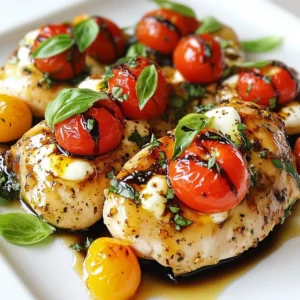 For this Balsamic Glazed Caprese Chicken, you will need: - 2 boneless, skinless chicken breasts - Salt and pepper, to taste - 2 tablespoons olive oil - 1 cup cherry tomatoes, halved - 1 cup fresh mozzarella balls, drained - 1 cup fresh basil leaves - 1/2 cup balsamic vinegar - 1 tablespoon honey - 1 clove garlic, minced - 1 teaspoon dried oregano The chicken breasts are the star. They soak up all the rich flavors from the glaze. The balsamic vinegar adds a sweet and tangy taste that balances well with the chicken. Cherry tomatoes bring freshness and color. Mozzarella offers a creamy texture, while basil adds a lovely aroma. You can elevate this dish with some extra herbs and spices. Consider adding: - Fresh thyme or rosemary for added aroma - A pinch of red pepper flakes for heat - Extra balsamic glaze for drizzling For presentation, plate the chicken with a scoop of cherry tomatoes and mozzarella on top. A drizzle of balsamic glaze adds a nice touch. Whole basil leaves make it pop with color. This dish not only tastes great but looks stunning too! {{ingredient_image_1}} 1. Start by preheating your oven to 400°F (200°C). This step is key for cooking. 2. Next, season your chicken breasts with salt and pepper on both sides. This adds flavor. 3. Heat 2 tablespoons of olive oil in a large oven-safe skillet over medium-high heat. 4. Add the seasoned chicken to the skillet. Sear for 4-5 minutes on each side until golden. 5. Once browned, remove the skillet from heat. 1. In a small bowl, mix 1/2 cup of balsamic vinegar, 1 tablespoon of honey, 1 minced garlic clove, and 1 teaspoon of dried oregano. 2. Pour this mixture over the browned chicken in the skillet. This glaze adds a rich taste. 3. Now, add 1 cup of halved cherry tomatoes, 1 cup of drained mozzarella balls, and 1 cup of fresh basil leaves on top of the chicken. 1. Transfer the skillet to the preheated oven. Bake for 20-25 minutes. Check the chicken’s internal temperature. It should reach 165°F (74°C). 2. After baking, remove the skillet from the oven. Let it rest for 5 minutes before serving. This helps the flavors meld together. 3. When serving, plate the chicken with a scoop of tomatoes and mozzarella on top. Drizzle with extra balsamic glaze if you like. Garnish with whole basil leaves for a lovely touch. To achieve perfectly cooked chicken, use boneless, skinless breasts for quick cooking. Season them well with salt and pepper. Sear the chicken in a hot skillet with olive oil for 4-5 minutes on each side. This creates a nice brown crust. After searing, check the internal temperature. It should reach 165°F (74°C) before serving. You can adjust the sweetness or acidity in the balsamic glaze easily. If you like it sweeter, add more honey. For a tangy kick, you can increase the balsamic vinegar. Mix these ingredients well to ensure even flavor throughout the dish. Tasting as you go helps find the perfect balance. For an appealing dish, plate the chicken with a scoop of cherry tomatoes and mozzarella on top. Drizzle with extra balsamic glaze for shine and flavor. Garnish with whole basil leaves to add color. A beautiful plate makes your meal more inviting and enjoyable. Pro Tips Use Fresh Ingredients: Fresh mozzarella and basil will elevate the flavor of your Caprese chicken. Opt for high-quality ingredients for the best results. Marinate for Extra Flavor: If time allows, marinate the chicken in balsamic vinegar and honey for 30 minutes before cooking to enhance the taste. Adjust Sweetness: Taste the balsamic glaze before pouring it over the chicken. Adjust the honey to your preference for sweetness level. Let It Rest: Allow the chicken to rest for a few minutes after baking. This helps retain moisture and makes for a juicier meal. {{image_2}} If you want to switch things up, try these options. You can use turkey or pork instead of chicken. For a vegan take, use firm tofu or tempeh. Both options will work well with the balsamic glaze. Just remember to adjust your cooking times. You can change the herbs to suit your taste. Try using thyme or rosemary for a new twist. If you love heat, add some crushed red pepper flakes. This will give your dish a nice kick. You can also swap dried oregano for Italian seasoning to enhance the flavors. This dish pairs well with many sides. A fresh green salad balances the rich flavors. Roasted vegetables or garlic bread make great options too. For a heartier meal, serve it with creamy risotto. Whatever you choose, your dinner will shine! To store any leftovers, let the chicken cool first. Place it in an airtight container. Make sure to add the tomatoes and mozzarella to the container too. Leftovers stay fresh for up to three days in the fridge. When you're ready to enjoy your meal again, use the oven for reheating. Preheat it to 350°F (175°C). Place the chicken in an oven-safe dish and cover it with foil. Heat for about 15-20 minutes. This helps keep the chicken moist. You can also use a microwave if you’re in a hurry. Heat it in 30-second bursts until warm. If you want to freeze the dish, wrap each piece tightly in plastic wrap. Place it in a freezer-safe bag. This will keep it for up to three months. When you’re ready to eat it, thaw it in the fridge overnight. After thawing, reheat it in the oven or microwave. This way, you keep all the great flavors. If you don’t have balsamic vinegar, you can use red wine vinegar. It has a nice tang. You can also mix red wine vinegar with a bit of honey. This adds sweetness, similar to balsamic. Just use equal parts red wine vinegar and honey. You can even add a bit of soy sauce for depth. Yes, you can use frozen chicken breasts. Just make sure to thaw them first. You can do this in the fridge overnight or in cold water for a quick thaw. Once thawed, follow the same steps as fresh chicken. Searing may take a bit longer, so check the internal temperature. To know if your chicken is cooked, use a meat thermometer. The safe internal temperature is 165°F (74°C). Insert the thermometer into the thickest part of the chicken. If you don’t have one, you can cut into the chicken. The meat should be white and juices should run clear. This recipe guides you through making a tasty Caprese chicken dish. We covered key ingredients like chicken, balsamic vinegar, and mozzarella. The steps included preheating, seasoning, and baking. Tips on cooking techniques and flavor enhancements help you nail the dish. Variations and storage info offer flexibility for your meal. By following these steps, you can impress anyone at your table. Enjoy your cooking journey!