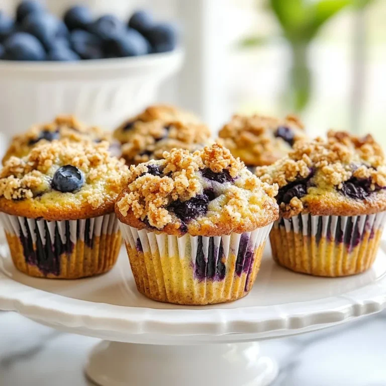 To make blueberry crumble muffins, you need these key items: - 1 ½ cups all-purpose flour - ½ cup granulated sugar - ½ teaspoon baking powder - ½ teaspoon baking soda - ½ teaspoon salt - 1 large egg - ½ cup buttermilk (or yogurt) - ⅓ cup vegetable oil - 1 teaspoon vanilla extract - 1 cup fresh or frozen blueberries These ingredients blend well to create a fluffy muffin base. The flour gives structure, while the sugar adds sweetness. Baking powder and baking soda help the muffins rise. You also need these ingredients for the crumble topping: - ½ cup rolled oats - ¼ cup brown sugar - ¼ cup all-purpose flour - ¼ teaspoon cinnamon - 3 tablespoons cold butter, diced This crumble adds a delightful crunch. The oats and brown sugar create a sweet, hearty layer. Cinnamon gives it a warm, comforting flavor. You can make a few changes if needed. Here are some ideas: - Swap buttermilk with plain yogurt or milk mixed with lemon juice. - Use coconut oil instead of vegetable oil for a different taste. - Add nuts or chocolate chips for extra flavor. - Try different fruits like raspberries or peaches for variety. These substitutions allow you to tweak the recipe to fit your taste or pantry items. {{ingredient_image_1}} Start by preheating your oven to 350°F (175°C). This helps the muffins bake evenly. Line a muffin tin with paper liners or grease it lightly to prevent sticking. In a large bowl, whisk together the all-purpose flour, granulated sugar, baking powder, baking soda, and salt. Make sure they mix well. This step is key for a fluffy muffin. In another bowl, whisk the egg until it’s well beaten. Then, add buttermilk, vegetable oil, and vanilla extract. Mix until smooth. This mix adds moisture and flavor to your muffins. Make a well in the center of your dry mix. Pour the wet mixture into this well. Stir gently until just combined. A few lumps are okay; don’t overmix. This keeps the muffins light and airy. In a small bowl, mix rolled oats, brown sugar, all-purpose flour, and cinnamon. Then, add cold diced butter. Use your fingers or a fork to combine until it looks like coarse crumbs. This topping adds a nice crunch. Spoon the batter into the prepared muffin cups. Fill them about ¾ full. Then, sprinkle the crumble topping generously over each muffin. This will give them a delicious finish. Place the muffin tin in your preheated oven. Bake for 18-20 minutes. Check if a toothpick inserted in the center comes out clean. This means they are done and ready to enjoy! Let the muffins cool in the tin for about 5 minutes. Then, transfer them to a wire rack to cool completely. Enjoy these tasty treats warm or at room temperature! To make the best blueberry crumble muffins, follow these simple tips: - Measure flour correctly. Spoon it into a cup and level it off. - Use fresh blueberries. If using frozen, don’t thaw them first. - Mix gently. Combine wet and dry ingredients until just mixed. - Fill muffin cups. Fill them about ¾ full for the right puff. Avoid these common mistakes for great muffins: - Overmixing the batter. This can make muffins tough. Stop mixing when you see a few lumps. - Not preheating the oven. Make sure it is hot before baking. This helps muffins rise. - Skipping the crumble topping. It adds a nice crunch and flavor. Don’t skip this step! You can boost the flavor and texture of your muffins with these ideas: - Add spices. Try nutmeg or ginger for extra warmth. - Use lemon zest. A bit of zest brightens the flavor. - Mix in nuts. Chopped walnuts or pecans add a nice crunch. - Switch berries. Raspberries or blackberries work well, too. These tips will help you create blueberry crumble muffins that shine! Pro Tips Use Fresh Blueberries: Fresh blueberries provide the best flavor and texture. If using frozen, do not thaw them to prevent excess moisture in the batter. Don’t Overmix: Mixing the batter until just combined helps keep the muffins light and fluffy. Overmixing can lead to dense muffins. Test for Doneness: Every oven is different; check the muffins a minute or two before the recommended time. A toothpick should come out clean when they are done. Store Properly: To keep muffins fresh, store them in an airtight container at room temperature for up to 3 days or freeze them for longer storage. {{image_2}} You can change the flavor of your blueberry crumble muffins by using seasonal fruits. In the fall, try adding diced apples or pears. You can also mix in spices like nutmeg or allspice for warmth. In winter, consider using cranberries for a tart twist. The bright red berries will look great and taste amazing. You can even swap blueberries with citrus zest like orange or lemon to brighten things up. For gluten-free muffins, use a gluten-free flour blend. This will keep the texture light and fluffy. Replace the egg with a flax egg or a chia egg for a vegan option. Just mix one tablespoon of flaxseed meal or chia seeds with three tablespoons of water, and let it sit. It will gel up and work like an egg in your batter. For the buttermilk, you can use almond milk or any plant-based milk with a splash of vinegar. You can make your muffins even better by adding different ingredients. Try folding in chopped nuts like walnuts or pecans for a crunch. You can also mix in other fruits like raspberries or strawberries for a berry medley. Dried fruits like raisins or apricots can add sweetness too. Don't forget to sprinkle some extra crumble on top before baking for that crunchy finish! To keep your muffins fresh, place them in an airtight container. You can leave them on the counter for up to three days. If you want them to last longer, refrigerate them for up to a week. Just remember to let them cool completely before storage. This way, they won’t get soggy. Freezing is a great option if you have extra muffins. Wrap each muffin in plastic wrap. Then, place them in a freezer-safe bag. Make sure to remove as much air as possible. They can stay in the freezer for about three months. When you're ready to enjoy, just take out the number you need. Reheating muffins is easy. For the best results, use an oven. Preheat it to 350°F (175°C). Place the muffins on a baking sheet for about 10 minutes. This will keep them soft and warm. You can also use a microwave. Heat them for about 15 to 20 seconds. Enjoy your blueberry crumble muffins just like they were fresh! You can tell muffins are done by using a toothpick. Stick it into the center of a muffin. If it comes out clean or with a few crumbs, they are ready. I recommend checking at 18 minutes. Sometimes, they need a few more minutes. Yes, you can use frozen blueberries. They work great and save time. Just add them straight to the batter without thawing. This helps keep the muffins moist and adds a nice burst of flavor. You can use yogurt or milk with lemon juice. For one cup of buttermilk, mix one cup of milk with one tablespoon of vinegar or lemon juice. Let it sit for 5 minutes. This will give you a similar flavor and texture. These muffins last about 3 to 5 days at room temperature. Store them in an airtight container to keep them fresh. You can also freeze them for up to 3 months. Just thaw them before serving. In this post, we covered how to make delicious blueberry crumble muffins. We looked at the main ingredients, crumble topping, and helpful substitutions. The step-by-step guide made baking simple, from mixing to cooling. I shared tips to ensure perfect muffins and explored fun variations for every season. Lastly, we discussed proper storage and answered common questions. Now, you can bake these tasty muffins with ease. Enjoy sharing them with friends and family.