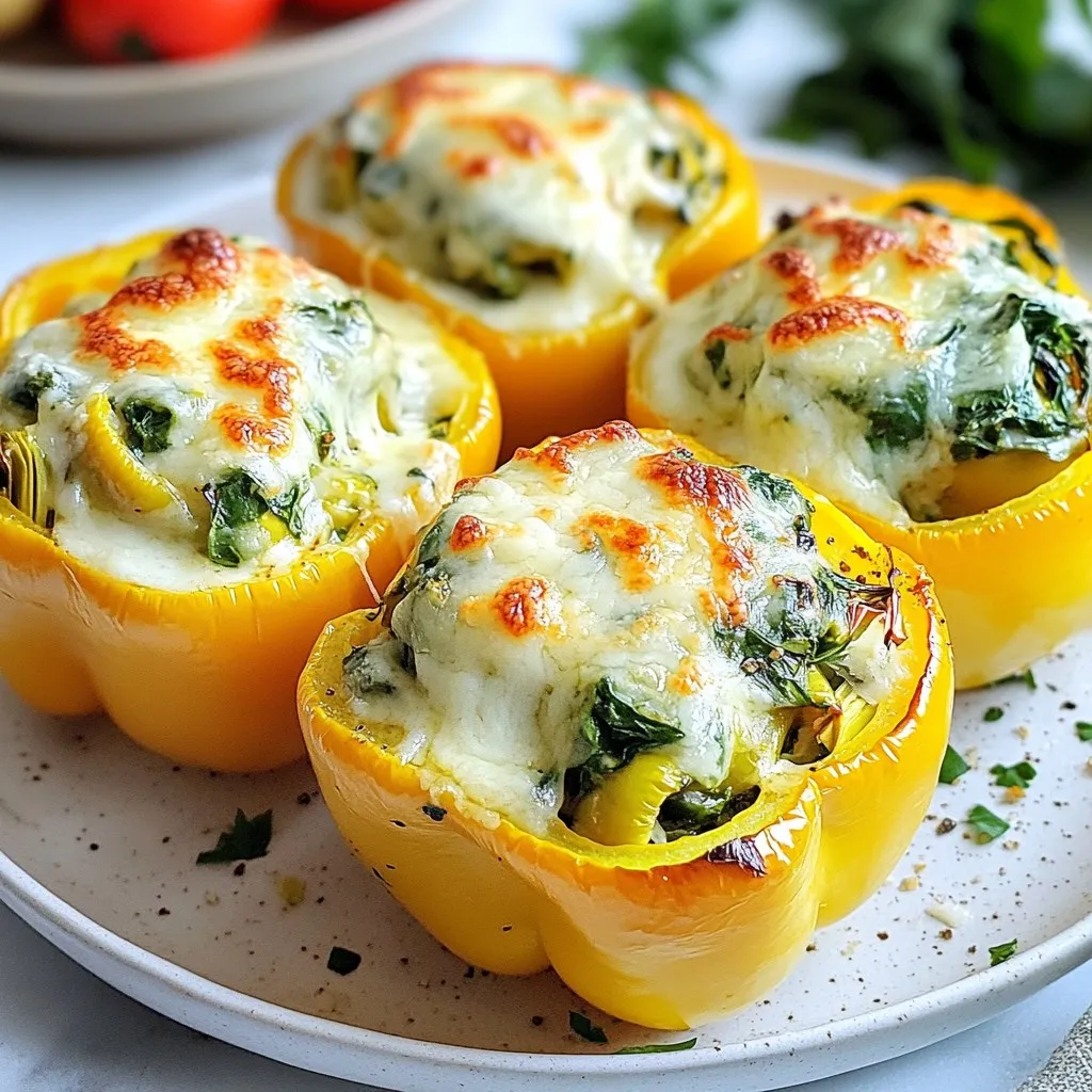 - 4 large bell peppers (any color) - 1 cup fresh spinach, chopped - 1 cup canned artichoke hearts, drained and chopped - 1 cup cream cheese, softened - 1/2 cup sour cream - 1/2 cup grated Parmesan cheese - 1/2 cup mozzarella cheese, shredded - 2 cloves garlic, minced - 1 teaspoon onion powder - 1/2 teaspoon red pepper flakes (optional) - Salt and pepper to taste - Olive oil for drizzling These ingredients create a tasty and healthy dish. Each bell pepper serves as a bright and crunchy shell. The spinach and artichokes give it a fresh taste. Cream cheese and sour cream make the filling smooth and rich. Parmesan and mozzarella add a cheesy goodness that melts perfectly. Each serving has about 300 calories. The macronutrient breakdown is roughly: - Protein: 10g - Fat: 22g - Carbohydrates: 15g Spinach is full of vitamins and helps with strong bones. Artichokes are great for digestion. Together, they make this dish not just tasty, but healthy too. You can enjoy these stuffed peppers guilt-free! {{ingredient_image_1}} 1. Preheat your oven to 375°F (190°C). 2. Take four large bell peppers and cut off their tops. Remove the seeds and membranes inside. 3. Drizzle the outside of the peppers with a little olive oil. Place them in a baking dish. 4. In a bowl, mix together one cup of softened cream cheese, half a cup of sour cream, and half a cup of grated Parmesan cheese. Whisk this until it’s smooth and creamy. 5. Next, stir in one cup of chopped fresh spinach, one cup of drained and chopped artichoke hearts, two minced garlic cloves, one teaspoon of onion powder, and salt and pepper to taste. If you like heat, add half a teaspoon of red pepper flakes. Mix well until everything is coated. 1. Carefully spoon the filling into each bell pepper. Pack them gently but ensure they are full. 2. Top each filled pepper with half a cup of shredded mozzarella cheese. 3. Cover the baking dish with aluminum foil. Bake in the preheated oven for 25 minutes. 4. After 25 minutes, take off the foil. Bake for another 15 to 20 minutes. The peppers should be tender, and the cheese should be bubbly and golden. 5. Once done, remove from the oven and let them cool for a few minutes before serving. To make perfect spinach artichoke stuffed peppers, focus on the filling consistency. It should be creamy but not runny. Here are key points to ensure a great filling: - Use softened cream cheese. This helps mix it easily with other ingredients. - Stir in the spinach and artichokes gently. Avoid over-mixing to keep texture. - If too thick, add a splash of milk to loosen the mixture. For baking, choose the right dish. A glass or ceramic baking dish works best. These materials help heat spread evenly, ensuring the peppers cook well. Avoid metal pans, as they can cook the peppers unevenly. Presenting your stuffed peppers well makes them more appealing. Here are some ideas: - Garnish with fresh herbs like parsley or basil. They add color and freshness. - Drizzle balsamic reduction over the peppers. This adds a sweet and tangy flavor that complements the dish. These simple touches can elevate your dish and impress your guests. Enjoy the beautiful presentation and delicious taste! Pro Tips Choose Colorful Peppers: Using a mix of red, yellow, and green bell peppers not only makes for a vibrant presentation but also adds a subtle variety of flavors to your dish. Make Ahead: You can prepare the stuffed peppers a day in advance. Just assemble them, cover with foil, and refrigerate until you're ready to bake. This makes for an easy meal prep! Extra Creaminess: For an even creamier filling, consider adding a bit of shredded cheese directly into the mixture before stuffing the peppers. Garnish for Flavor: Don't forget to garnish with fresh herbs like parsley or basil before serving. It adds a fresh flavor and elevates the dish visually! {{image_2}} For cream cheese and sour cream, you can use Greek yogurt. It adds a nice tang. You might also try cottage cheese for a lighter option. If you want a dairy-free choice, use cashew cream or silken tofu. When it comes to stuffing, bell peppers are great, but you can also use zucchini or mushrooms. They add a unique twist to the dish. Eggplant can also work well. Just make sure to scoop out the insides first. To boost flavor, consider adding herbs like thyme or basil. These herbs add freshness and a nice aroma. You can also try spices like cumin or smoked paprika for a warm touch. If you want more protein, add cooked chicken or turkey. You can shred them and mix them into the filling. This will make your meal heartier. For a vegetarian option, add chickpeas or lentils. They bring extra texture and protein. To keep your stuffed peppers fresh, store them in the fridge. Place them in an airtight container. If you want to keep them longer, you can freeze them. Wrap each pepper in plastic wrap or foil. Then, put them in a freezer-safe container. This way, they will last up to three months. You can reheat stuffed peppers in two ways: the oven or the microwave. For the oven, preheat it to 350°F (175°C). Place the stuffed peppers in a baking dish and cover with foil. Bake for 20 minutes, or until they are hot. In the microwave, place one pepper on a plate and cover it with a paper towel. Heat for about 2-3 minutes. Check to see if it's warm. When reheating, keeping the texture is key. If using the microwave, don't overheat. It can make the peppers soggy. In the oven, the cover helps keep moisture but also allows the cheese to stay bubbly. Enjoy your tasty and healthy dish! Can I make this dish ahead of time? Yes, you can prepare these stuffed peppers ahead. Fill the peppers and cover them with foil. Store them in the fridge for up to a day before baking. This saves time on busy nights. Are spinach artichoke stuffed peppers gluten-free? Yes, this dish is gluten-free. All the ingredients used, like spinach and artichokes, do not contain gluten. Always check labels for any pre-made items like cream cheese or sour cream. What should I serve with stuffed peppers? These stuffed peppers pair well with a simple salad or garlic bread. You can also serve them with rice or quinoa for a filling meal. These sides balance the dish nicely. How do I know when the peppers are done cooking? The peppers are done when they are tender. Check if they are soft to the touch and the cheese is bubbly and golden. This usually takes about 40-45 minutes in the oven. This blog post covers spinach artichoke stuffed peppers, from ingredients to serving tips. You learned about each ingredient and its health benefits, plus detailed steps for preparation and baking. I shared useful cooking tips and ways to present your dish. You also discovered various substitutions and flavor enhancements. Finally, we addressed common questions for easy meal prep. Enjoy making this dish, and don't hesitate to get creative with it! These stuffed peppers are not just tasty but also a hit for any meal. Happy cooking!