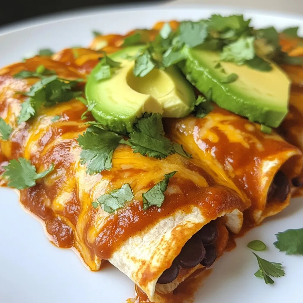 - 2 cups cooked black beans - 1 cup corn kernels - 1 cup diced bell peppers - 1 small onion - 2 cloves garlic - 1 tablespoon olive oil - 1 teaspoon ground cumin - 1 teaspoon smoked paprika - 1 teaspoon chili powder - Salt and pepper - 8 corn tortillas - 2 cups enchilada sauce - 1 cup shredded cheese - Fresh cilantro and avocado Gathering the right ingredients sets the stage for great enchiladas. Start with the black beans as your base. I like to use cooked black beans, but canned works too. Just rinse and drain them to cut down on sodium. Next, grab some corn kernels. Fresh is best, but frozen works perfectly in a pinch. For flavor, add diced bell peppers. They add color and sweetness. Onions and garlic bring depth to the dish. Sautéing them creates a sweet aroma that fills your kitchen. Now, let's spice it up! Ground cumin, smoked paprika, and chili powder add warmth and flavor. Don't forget to season with salt and pepper to taste. Don’t skip the tortillas. Corn tortillas hold everything together and bring that classic enchilada vibe. Finally, grab enchilada sauce and cheese for topping. I love cheddar or Monterey Jack. Fresh cilantro and avocado add brightness and creaminess. By picking quality ingredients, you create a dish that’s full of flavor. It makes cooking fun and enjoyable! {{ingredient_image_1}} 1. Preheat your oven to 375°F (190°C). This helps cook the enchiladas evenly. 2. In a large skillet, heat 1 tablespoon of olive oil over medium heat. 3. Add 1 small chopped onion and 1 cup of diced bell peppers. Sauté until soft. This should take about 5 minutes. 4. Stir in 2 minced garlic cloves, 1 teaspoon of ground cumin, 1 teaspoon of smoked paprika, and 1 teaspoon of chili powder. Season with salt and pepper. Cook for 2 more minutes. This will release great aromas. 5. Add 2 cups of cooked black beans and 1 cup of corn kernels to the skillet. Mix well and cook for 3-4 minutes until heated through. 1. Pour about 1/2 cup of enchilada sauce into a large baking dish. This prevents sticking. 2. Take 8 corn tortillas and spoon about 1/4 cup of the black bean mixture into the center of each one. 3. Roll up the tortillas tightly and place them seam-side down in the baking dish. Repeat until all are filled. 4. Pour the remaining enchilada sauce over the rolled tortillas. Make sure they are well coated. 5. Sprinkle 1 cup of shredded cheese on top. This will melt beautifully in the oven. 1. Cover the dish with foil. Bake in the preheated oven for 20 minutes. 2. Remove the foil and bake for another 10 minutes. This makes the cheese bubbly and golden. 3. Once baked, let the enchiladas sit for a few minutes before serving. 4. Garnish with fresh cilantro and sliced avocado for a tasty touch. You can change up the beans in this recipe. Try pinto beans or kidney beans. Both work well and add a nice taste. You can also use different vegetables. Try zucchini or spinach for a fresh twist. If you want a cheese swap, use dairy-free cheese for a vegan option. Nutritional yeast is great too. It gives a cheesy flavor without the dairy. To boost the flavor, add a splash of lime juice. It brightens the dish and adds a zing. You can also drizzle hot sauce on top for extra heat. If you like it milder, skip the hot sauce. Adjust the spice levels to match your taste. Just add more chili powder or cumin for a bolder flavor. Serve your enchiladas on a bright plate. Stack them neatly for a nice look. Add fresh cilantro on top for color. Sliced avocado also makes a great topping. For a restaurant-style touch, add a dollop of sour cream. This gives a creamy balance to the spicy enchiladas. Pro Tips Use Fresh Ingredients: Whenever possible, opt for fresh vegetables and herbs to enhance the flavor and nutritional value of your enchiladas. Customize Your Spice Level: Adjust the amount of chili powder and smoked paprika according to your heat preference. You can also add diced jalapeños for extra spice. Make Ahead: You can prepare the filling in advance and assemble the enchiladas the day of baking. This makes for a quick and easy dinner option. Experiment with Toppings: Besides avocado and cilantro, try adding sliced olives, diced red onions, or a sprinkle of lime juice for added flavor and presentation. {{image_2}} For those who want vegan options, skip the cheese. You can still enjoy tasty enchiladas. Use plant-based cheese or none at all. This keeps the dish light and fresh. Also, consider gluten-free tortillas. Corn tortillas are naturally gluten-free. They work perfectly in this recipe. Just check the labels to ensure they meet your needs. You can adjust the heat level. If you prefer a spicy version, add more chili powder or diced jalapeños. For a mild option, use less chili powder and skip the hot toppings. Experimenting with different sauces can also change the taste. Try tomatillo sauce for a tangy twist. Or drizzle some sour cream for creaminess. Pair your enchiladas with simple side dishes. A fresh salad or Mexican rice complements the meal well. You can also serve black beans or corn on the side. For drinks, consider pairing with a light beer or a refreshing margarita. These choices enhance the flavors and make for a fun meal. To store leftover enchiladas, place them in an airtight container. You can also cover the baking dish with plastic wrap. This keeps them fresh and prevents drying out. Store them in the fridge for up to 4 days. To freeze enchiladas, let them cool completely first. Then, wrap each one in plastic wrap. Place them in a freezer-safe bag to keep out air. You can freeze them for up to 3 months. When ready to eat, thaw in the fridge overnight. Reheat them in the oven at 350°F (175°C) until warm, about 20-25 minutes. This keeps the tortillas soft and the cheese melty. You can make enchiladas ahead of time for quick meals. Prepare them up to the baking step. Store them in the fridge for up to 2 days before baking. This makes weeknight dinners easy! Portion leftovers in single servings for easy lunches. Just warm them up in the microwave or oven when ready to eat. To reduce heat in your enchiladas, you can try these tips: - Use less chili powder. Start with half a teaspoon. - Add more cheese to balance the spice. - Include sour cream or yogurt as a topping. - Serve with a side of guacamole to cool the heat. These steps help you enjoy the flavors without too much spice. Yes, you can use canned black beans. Here are some tips: - Rinse and drain the beans before using. - You can skip the cooking time since they are already cooked. - Use one can for two cups of beans. Canned beans save time and are just as tasty! You can repurpose leftover enchilada sauce in many ways: - Use it as a dip for chips or veggies. - Add it to soups for extra flavor. - Mix it with scrambled eggs for a spicy breakfast. - Pour it over grilled chicken or fish for a quick meal. These ideas help you avoid waste and enjoy great flavors! This blog covers how to make tasty enchiladas with healthy ingredients. You learned about the key components, from vegetables to sauces, and how to prepare each step. We discussed ways to swap ingredients based on your diet and enhance flavors to meet your taste. Proper storage tips help keep leftovers fresh. Now, you're ready to impress friends with your cooking. Enjoy the process, and let your creativity shine in the kitchen!
