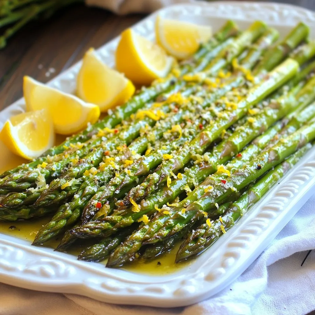 To make lemon garlic roasted asparagus, start with fresh asparagus. Look for bright green spears. They should be firm and straight. Avoid any that are limp or wilted. You will need 1 pound of asparagus, trimmed to fit your baking sheet. Next, gather your oil and garlic. Use 3 tablespoons of olive oil for a rich taste. Minced garlic adds a punch to the dish, so use 4 cloves, finely chopped. This combination will coat the asparagus and enhance its flavor. For seasoning, use 1 teaspoon of sea salt and 1/2 teaspoon of black pepper. These will help bring out the natural taste of the asparagus. If you want a little heat, add 1/4 teaspoon of red pepper flakes. This step is optional. For a cheesy touch, you can sprinkle some grated Parmesan cheese on top. This adds a creamy finish that makes the dish even better. {{ingredient_image_1}} Start by preheating your oven to 400°F (200°C). This step helps the asparagus cook evenly. In a large bowl, mix together 3 tablespoons of olive oil, 4 minced garlic cloves, lemon zest, and lemon juice from 1 lemon. Add 1 teaspoon of sea salt, 1/2 teaspoon of black pepper, and optional 1/4 teaspoon red pepper flakes for heat. Stir well until the mixture blends. Take 1 pound of fresh asparagus, trimmed at the ends. Add it to the lemon-garlic mixture. Toss gently until each spear is coated. This adds great flavor. Next, spread the asparagus on a baking sheet lined with parchment paper. Make sure they lie in a single layer for even roasting. Place the baking sheet in your preheated oven. Roast the asparagus for about 15 to 20 minutes. You want them tender yet still a little crunchy. If you like cheese, sprinkle grated Parmesan cheese on top during the last 2 minutes of roasting. This gives a nice, cheesy finish. Once done, remove the asparagus from the oven. Serve hot and drizzle any leftover lemon-garlic mixture from the baking sheet over the top. For a nice touch, garnish with lemon wedges and extra grated Parmesan on a serving platter. Enjoy your tasty side dish! Choose bright green asparagus with firm stems. Look for tips that are tightly closed. Fresh asparagus should snap easily when bent. This shows it is crisp and not old. Avoid any that appear wilted or yellow. Your dish will taste better with fresh ingredients. Roasting time can change based on the size of the spears. Thin asparagus cooks faster, about 12-15 minutes. Thicker spears may need 20-25 minutes. Start checking for doneness at around 15 minutes. You want them tender but not mushy. A little crunch adds great texture. To boost flavor, add herbs like thyme or rosemary. A squeeze of fresh lemon juice right before serving brightens the dish. You might also try adding a sprinkle of crushed nuts for crunch. If you love spice, extra red pepper flakes can kick it up a notch. Experiment and find what you enjoy! Pro Tips Choose Fresh Asparagus: Look for firm, vibrant green spears with tightly closed tips for the best flavor and texture. Don’t Overcrowd the Pan: Ensure asparagus is in a single layer on the baking sheet to allow even roasting and prevent steaming. Adjust Roasting Time: Depending on the thickness of the asparagus, you may need to adjust the roasting time; thicker spears may require an extra 5 minutes. Experiment with Seasonings: Feel free to add other herbs or spices like thyme or smoked paprika to enhance the flavor profile. {{image_2}} To make vegan lemon garlic roasted asparagus, simply skip the Parmesan cheese. This dish shines with just the lemon, garlic, and olive oil. The zest of the lemon adds brightness, while the garlic gives it a rich flavor. The roasted asparagus stays crisp and delightful. This version is perfect for plant-based meals. If you follow a low-carb diet, this dish fits right in. Asparagus is naturally low in carbs, making it a great choice. Just stick to the original recipe without any added carbs. You can also pair it with low-carb dips for extra flavor. This side dish works well with meats, fish, or other low-carb meals. Want to get creative? Try adding other flavors to your asparagus. Here are a few ideas: - Lemon Thyme: Add fresh thyme for a herbaceous twist. - Balsamic Glaze: Drizzle balsamic glaze over the asparagus before serving for a sweet touch. - Spicy Kick: Increase the red pepper flakes if you enjoy heat. - Nutty Flavor: Toss in some toasted nuts, like almonds or pine nuts, after roasting for crunch. These variations keep your meals fresh and exciting! After you enjoy your lemon garlic roasted asparagus, store any leftovers in the fridge. Place them in an airtight container. They will stay fresh for about three days. Make sure to cool them down before you cover them. This helps keep them crisp. To reheat, use your oven or a skillet. Preheat the oven to 350°F (175°C). Spread the asparagus on a baking sheet. Heat for about 10 minutes or until hot. If using a skillet, warm them over medium heat for a few minutes. This method keeps them tasty and crunchy. You can freeze asparagus, but it’s best to blanch first. Boil water and add the asparagus for two minutes. Then, transfer them to ice water to stop cooking. Drain and pat dry. Place them in a freezer bag and remove as much air as possible. Frozen asparagus can last up to six months. When ready to cook, you can roast them straight from the freezer. Yes, you can use frozen asparagus. However, fresh asparagus tastes better. Frozen asparagus may lose some crunch. If you use frozen, roast for a shorter time. Check for tenderness often. Lemon garlic roasted asparagus pairs well with many dishes. Try serving it with grilled chicken or fish. It also goes great with pasta or rice. Add it to salads for extra flavor. You can even serve it as a side for steak or pork. Asparagus is done when it is bright green and tender. It should be slightly crisp, not mushy. Use a fork to test the texture. If it easily pierces the stalk, it is ready. Keep an eye on it to avoid overcooking. In this article, you learned how to make lemon garlic roasted asparagus. We covered fresh ingredients, easy steps, and helpful tips. You now know how to choose and store asparagus, as well as serving ideas. Remember, this dish is quick and versatile. You can adjust flavors and even try different variations. Enjoy this tasty side, and feel free to make it your own. Happy cooking!