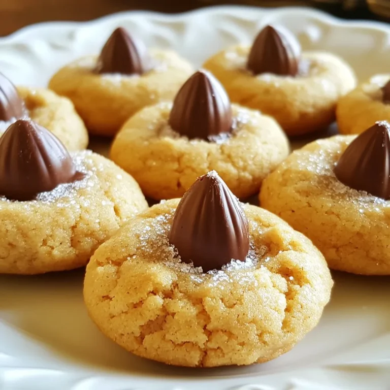 To make these delicious Peanut Butter Blossom Cookies, gather the following items: - 1 cup creamy peanut butter - 1 cup granulated sugar - 1 cup brown sugar, packed - 1 large egg - 1 teaspoon vanilla extract - 1 teaspoon baking soda - ½ teaspoon salt - 2 cups all-purpose flour - 24 chocolate kisses, unwrapped - Additional granulated sugar for rolling You can swap some ingredients if needed. Here are my top suggestions: - Use natural peanut butter for a richer taste. - Coconut sugar can replace granulated sugar for a lower glycemic index. - If you need to go egg-free, use a flax egg (1 tablespoon ground flaxseed mixed with 2.5 tablespoons water). - For gluten-free options, try a 1:1 gluten-free flour blend. Quality matters in baking. Here are my tips: - Choose creamy peanut butter with no added sugar or oils for the best flavor. - Use fresh eggs for a nice rise in your cookies. - Pick light brown sugar for a deeper flavor than granulated sugar. - Check your baking soda's freshness; it should bubble when mixed with vinegar. - Freshly milled flour gives the best texture and taste. These choices will help you create cookies that everyone loves! {{ingredient_image_1}} First, set your oven to 350°F (175°C). This heat makes the cookies bake just right. Next, take a baking sheet and line it with parchment paper. This helps the cookies not stick and makes cleanup easy. In a large bowl, add 1 cup of creamy peanut butter, 1 cup of granulated sugar, and 1 cup of brown sugar. Mix these until they blend into a smooth and creamy mix. Then, crack in 1 large egg and pour in 1 teaspoon of vanilla extract. Stir well until everything is combined. In another bowl, whisk together 1 teaspoon of baking soda, ½ teaspoon of salt, and 2 cups of all-purpose flour. Slowly add this dry mix to your peanut butter blend. Keep stirring until a dough forms. It should feel soft but not sticky. Now, take tablespoons of dough and roll them into small balls using your hands. Roll each ball in granulated sugar for a sweet touch. Place the balls on the prepared baking sheet, leaving about 2 inches between each one. Bake these cookies for 10-12 minutes. Look for a light golden edge. As soon as they come out, press a chocolate kiss into the center of each cookie. Pop them back in the oven for 1-2 minutes. This step melts the chocolate just enough. Let the cookies cool on the baking sheet for a few minutes before moving them to a wire rack to cool completely. To bake great peanut butter cookies, follow these simple steps. First, use room temperature ingredients. This helps the dough mix well. Make sure you preheat your oven. A hot oven gives the cookies a nice rise. Use a timer and check the cookies at 10 minutes. The edges should be slightly golden. If you want them softer, take them out a bit earlier. Sometimes, things can go wrong. If your cookies spread too much, it may be too warm. Chill the dough for 30 minutes before baking. If your cookies are too dry, you might have added too much flour. Use a kitchen scale for accuracy. If they stick to the pan, make sure to use parchment paper. This helps with easy removal. These cookies shine when served warm. Place them on a nice plate for guests. You can add extra chocolate kisses on the side. This way, people can grab more if they want. Try pairing them with a glass of cold milk. The flavors blend perfectly! For a fun twist, serve them with a scoop of vanilla ice cream. Pro Tips Chill the Dough: For a firmer dough that’s easier to roll, chill it in the refrigerator for about 30 minutes before shaping into balls. Use Fresh Ingredients: Ensure your baking soda is fresh for the best rise and texture in your cookies. Perfectly Melted Kisses: Press the chocolate kisses into the cookies right after they come out of the oven for a perfectly melted look. Storage Tips: Store cookies in an airtight container to keep them soft and fresh for up to a week. {{image_2}} You can change up the flavor of your Peanut Butter Blossom Cookies. Here are some fun ideas: - Chopped Nuts: Add ½ cup of chopped peanuts or walnuts for a crunchy twist. - Chocolate Chips: Mix in 1 cup of chocolate chips for extra chocolatey goodness. - Oatmeal: Substitute ½ cup of flour with rolled oats for a chewy texture. - Spices: A pinch of cinnamon or nutmeg can add warmth and depth. These small changes can make a big impact on taste. You can make these cookies fit many diets. Here are a few tips: - Gluten-Free: Use a gluten-free flour blend instead of all-purpose flour. - Vegan: Replace the egg with ¼ cup of unsweetened applesauce or a flax egg. - Nut-Free: Try sunflower seed butter in place of peanut butter for a nut-free option. These swaps let everyone enjoy your cookies. Make your Peanut Butter Blossom Cookies special for holidays. Here are some ideas: - Christmas: Use red and green sprinkles on top of the cookies. - Valentine’s Day: Swap chocolate kisses for heart-shaped candies. - Halloween: Add orange and black sprinkles or use pumpkin spice flavor. These twists can make your cookies fit any celebration! To keep your Peanut Butter Blossom Cookies fresh, use an airtight container. Place a piece of bread inside. The bread helps keep the cookies moist. You can stack the cookies, but separate layers with parchment paper. This keeps them from sticking. These cookies last about five days at room temperature. If you want to keep them longer, freeze them. Wrap each cookie in plastic wrap, then place them in a freezer bag. They can stay in the freezer for up to three months. When you're ready to enjoy, simply thaw at room temperature. To enjoy the cookies warm, preheat your oven to 350°F (175°C). Place the cookies on a baking sheet. Heat them for about five minutes. This brings back their soft texture. If you want melty chocolate kicks, add a kiss on top before reheating. Enjoy the warm, gooey goodness! Peanut Butter Blossom Cookies stand out for their rich, nutty flavor. The creamy peanut butter gives each cookie a soft, chewy texture. Plus, the chocolate kiss on top adds a sweet surprise. This balance of flavors and textures makes them a family favorite. Yes, you can make the dough ahead of time. Simply prepare the dough and roll it into balls. Place the balls on a baking sheet and freeze them until firm. After that, transfer the dough balls to a bag. When ready to bake, just add a few minutes to the baking time. To make your cookies softer, try these tips: - Use more brown sugar. It helps keep the cookies moist. - Avoid overbaking. Take them out when they are golden at the edges. - Add an extra egg yolk. This can increase moisture. These small changes can create the perfect soft and chewy cookie! Now you have all you need to bake amazing Peanut Butter Blossom Cookies. We covered the key ingredients, instructions, tips, and fun variations. Remember to choose good ingredients and follow the steps carefully for the best results. With these methods, you can fix common problems and even adjust recipes for special diets. Enjoy your cookies fresh or store them for later. Happy baking, and may your cookie creations be as delightful as they are tasty!