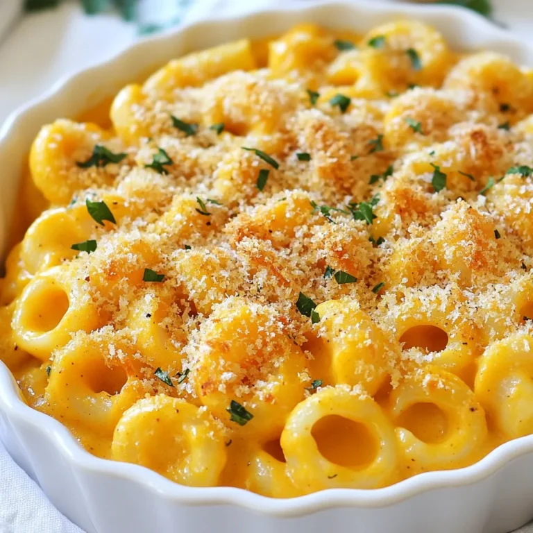 - 2 cups elbow macaroni - 2 cups butternut squash, peeled and diced - 2 tablespoons olive oil - 1 small onion, finely chopped - 2 cloves garlic, minced - 2 cups sharp cheddar cheese, grated - 1 cup Gruyère cheese, grated - 2 cups milk - 1 teaspoon Dijon mustard - 1/2 teaspoon smoked paprika - Salt and pepper to taste - 1/2 cup breadcrumbs (for topping) - 2 tablespoons melted butter (for topping) The main ingredients make this dish creamy and rich. The butternut squash adds a sweet flavor. The elbow macaroni gives it that classic comfort feel. I love using sharp cheddar and Gruyère for a blend of taste. You can add a bit of nutmeg for warmth. Fresh herbs like thyme or sage also boost flavor. Try adding a pinch of cayenne for heat. A splash of lemon juice adds brightness. While I love cheddar and Gruyère, you can mix it up! Mozzarella adds stretchiness. Fontina brings a creamy texture. Parmesan can give a salty kick. Feel free to experiment with your favorites! {{ingredient_image_1}} Start by boiling a large pot of salted water. Add 2 cups of elbow macaroni. Cook until al dente, about 8-10 minutes. Stir occasionally to prevent sticking. Once cooked, drain the pasta and set it aside. You want it firm yet tender. This will hold up well in the cheese sauce. Next, take 2 cups of diced butternut squash. Steam it for about 10-12 minutes until it’s soft. You can use a steamer basket or a pot with a lid. Once soft, place the squash in a blender or food processor. Add a splash of milk to help it blend smoothly. Blend until it's creamy and free of lumps. In a large skillet, heat 2 tablespoons of olive oil over medium heat. Add one finely chopped onion and sauté for about 5 minutes. It should be soft and see-through. Then, stir in 2 minced garlic cloves for one more minute. Now, lower the heat and mix in your butternut squash puree. Pour in 2 cups of milk, add 1 teaspoon of Dijon mustard, and sprinkle in ½ teaspoon of smoked paprika. Season with salt and pepper. Keep stirring until heated through. Gradually add 2 cups of sharp cheddar and 1 cup of Gruyère cheese. Stir until melted and smooth. Combine the cooked macaroni with the cheese sauce. Mix well to coat all the pasta. Transfer this mixture to a greased 9x13 inch baking dish. In a small bowl, mix ½ cup of breadcrumbs with 2 tablespoons of melted butter. Sprinkle this evenly over the top. Bake in a preheated oven at 350°F (175°C) for 25-30 minutes. Look for a golden and crispy top. Let it cool for a few minutes before serving. Enjoy your creamy butternut squash mac and cheese! To make your mac and cheese extra creamy, use fresh cheese. Grate your cheddar and Gruyère right before cooking. Fresh cheese melts better than pre-shredded cheese, which often has additives. Also, slowly add the cheese to the warm butternut squash puree. This helps it melt smoothly. Stir constantly until it becomes a rich, velvety sauce. You can adjust the milk to get your desired creaminess. When steaming butternut squash, cut it into small, even pieces. This ensures it cooks evenly. Steam for about 10-12 minutes until fork-tender. Avoid overcooking, as it can become mushy. If you want to add more flavor, sprinkle some salt and pepper on the squash before steaming. This enhances the taste in your mac and cheese. For a crunchy topping, mix breadcrumbs with melted butter. This helps them brown nicely in the oven. You can add herbs or spices to the mix for extra flavor. Consider using garlic powder or Italian seasoning. Spread the breadcrumb mixture evenly over the mac and cheese before baking. This gives a great texture contrast to the creamy pasta. Pro Tips Perfectly Cooked Pasta: Always cook your macaroni al dente, as it will continue to cook in the oven and absorb some of the sauce. Flavor Boost: For an extra layer of flavor, consider adding a pinch of nutmeg to the cheese sauce; it pairs beautifully with the butternut squash. Cheese Variations: Feel free to mix different types of cheese, such as mozzarella or fontina, for a unique taste and texture in your mac and cheese. Make Ahead: You can prepare the mac and cheese ahead of time and refrigerate it before baking. Just extend the baking time by a few minutes if baking from cold. {{image_2}} To make a vegan version of butternut squash mac and cheese, swap out the dairy. Use plant-based milk like almond or soy milk. Replace the cheese with vegan cheese alternatives or nutritional yeast for a cheesy flavor. This will keep your dish creamy and rich without using animal products. You can also add in some cashews for extra creaminess. Just soak them in water overnight and blend them with the squash puree. For a gluten-free dish, switch the elbow macaroni to a gluten-free pasta. There are many options made from rice or chickpeas. Make sure to check the labels to avoid gluten. The rest of the recipe remains the same. You can still enjoy that creamy butternut squash flavor without any gluten. You can change the cheese types to create new flavors. Try using mozzarella for a stretchier texture or feta for a tangy kick. Mixing in spices can also add depth to your dish. Consider adding cayenne pepper for heat or Italian herbs for a twist. Experiment with your favorites to find the perfect blend that excites your taste buds! To store leftover mac and cheese, let it cool first. Place it in an airtight container. This keeps it fresh and tasty. Store it in the fridge for up to three days. Label the container with the date. This helps you track how long it has been stored. When reheating, use the oven for the best taste. Preheat your oven to 350°F (175°C). Place the mac and cheese in a baking dish. Add a splash of milk to keep it creamy. Cover it with foil to prevent drying out. Heat for about 20 minutes. Stir halfway through for even warming. You can also use the microwave. Heat in short bursts, stirring after each one. You can freeze butternut squash mac and cheese for later. Let it cool completely. Divide it into portions and place them in freezer bags. Press out air before sealing to avoid freezer burn. It stays good for up to three months. To reheat, thaw in the fridge overnight. Then, follow the reheating tips for the best results. Yes, you can use frozen butternut squash. It saves time and is just as tasty. Just make sure to thaw it first. After thawing, you can steam it until soft. Then, blend it into a creamy puree. This works well in the recipe. Serve your mac and cheese with a fresh salad. A green salad with a light vinaigrette complements the dish well. You can also add roasted veggies for a nice crunch. Another option is garlic bread for a cozy meal. These sides balance the creamy mac and cheese perfectly. To lighten butternut squash mac and cheese, use low-fat milk instead of whole milk. You can also try reducing the amount of cheese. Using less cheese still keeps the flavor rich. Adding more butternut squash increases fiber and reduces calories. These changes make it healthier without losing taste. Yes, you can make butternut squash mac and cheese ahead of time. Prepare the dish and store it in the fridge. Just cover it well to keep it fresh. When ready to eat, bake it straight from the fridge. You may need to add a few extra minutes to the baking time. This way, you enjoy a warm meal with minimal effort. In this article, we explored how to make butternut squash mac and cheese. We discussed the main ingredients, optional flavor enhancers, and suggested cheese combos. I shared step-by-step instructions, tips for a creamy texture, and variations like vegan and gluten-free options. Finally, we covered storage and reheating methods. This dish is not just tasty; it’s a great way to add veggies to meals. You can enjoy this mac and cheese freshly baked or as leftovers. It's versatile, fun, and sure to impress. Enjoy making it your own!