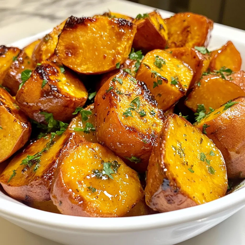- 4 medium sweet potatoes, peeled and cubed - 3 tablespoons olive oil - 2 tablespoons pure maple syrup - 1 tablespoon Dijon mustard - 1 teaspoon garlic powder - 1 teaspoon smoked paprika - Salt and pepper to taste - Fresh parsley, chopped (for garnish) Gather these ingredients before you start. The sweet potatoes are the star here. Their natural sweetness pairs perfectly with the tangy Dijon mustard and the rich maple syrup. Olive oil helps to ensure that they roast nicely. Garlic powder and smoked paprika add depth and flavor. Don’t forget the salt and pepper; they help balance everything. Finally, fresh parsley brings a bright touch to your dish. Each item plays a key role in making your Maple Dijon Roasted Sweet Potatoes easy and flavorful. {{ingredient_image_1}} First, preheat your oven to 425°F (220°C). This high heat helps the sweet potatoes caramelize well. Next, grab a large baking sheet and line it with parchment paper. This makes cleanup easy and keeps the sweet potatoes from sticking. Now, peel the sweet potatoes. You will need four medium sweet potatoes. After peeling, cube them into bite-sized pieces. Aim for uniform sizes to ensure even cooking. In a big mixing bowl, combine the cubed sweet potatoes with three tablespoons of olive oil. Then, add two tablespoons of pure maple syrup and one tablespoon of Dijon mustard. Sprinkle in one teaspoon each of garlic powder and smoked paprika, plus a pinch of salt and pepper. Now, toss everything together. Make sure each piece of sweet potato gets a nice coat of the maple-Dijon mixture. This step is key to infusing great flavor into every bite. Spread the coated sweet potatoes evenly on your baking sheet. Make sure they lie flat in a single layer; this helps them cook and caramelize nicely. Place the baking sheet in your preheated oven. Roast for 25 to 30 minutes. At the halfway mark, flip the sweet potatoes to ensure they cook evenly. Once they are tender and golden brown, take them out of the oven. Let them cool slightly before serving. Garnish with fresh chopped parsley for a splash of color and flavor. Enjoy your tasty Maple Dijon Roasted Sweet Potatoes! To get the best caramelization, use high heat. Set your oven to 425°F (220°C). The heat helps the sugars in sweet potatoes brown nicely. Make sure to spread them in a single layer on the baking sheet. This keeps them from steaming and ensures they turn crispy. Uniform cubing is key for even cooking. Aim for 1-inch cubes. If some pieces are large, they will cook slower. This can lead to uneven texture. All cubes should cook at the same time for the best results. For a great presentation, serve sweet potatoes in a colorful bowl. Sprinkle fresh parsley on top for a pop of color. This makes the dish look fresh and inviting. You can also drizzle a little extra maple syrup on top. This adds more sweetness and makes them even tastier. Try adding spices or herbs to mix things up. A pinch of cayenne can add heat. Rosemary or thyme can give a fresh touch. You can also mix in other veggies like bell peppers or carrots for variety. Pair these sweet potatoes with grilled chicken or fish. They go well with a fresh salad or roasted vegetables too. This makes a well-rounded meal that is both filling and flavorful. Pro Tips Choose the Right Sweet Potatoes: Look for firm sweet potatoes with smooth skin. Avoid any with blemishes or soft spots for the best texture and flavor. Adjust the Sweetness: If you prefer a sweeter dish, feel free to add an extra tablespoon of maple syrup. Adjust to taste to suit your preferences! Even Cooking: Make sure to cut your sweet potatoes into uniform cubes for even roasting. This ensures that all pieces cook at the same rate and achieve that perfect caramelization. Storage Tips: Leftover roasted sweet potatoes can be stored in an airtight container in the fridge for up to 3 days. Reheat in the oven or microwave before serving. {{image_2}} You can change the mustard base for a new taste. Try whole grain mustard for a crunch. You can also use spicy mustard to add a kick. This change gives the dish a fun twist. For sweeteners, pure maple syrup shines, but other options work too. Honey gives a nice floral note. Brown sugar adds a deep, rich flavor. Experimenting with these choices can surprise your taste buds. If you want a vegan version, you can easily swap the honey for agave syrup. This keeps the sweetness without any animal products. For a gluten-free option, check your mustard brand. Most Dijon mustards are gluten-free, but it’s good to read labels. Adding vegetables boosts nutrition. Try bell peppers or Brussels sprouts. They roast well and add color. You can toss in some red onions for sweetness too. If you want texture, adding cheese or nuts makes a great option. Feta cheese gives a salty contrast. Chopped pecans or walnuts add a nice crunch. These extras make your dish even more delightful. To keep your Maple Dijon Roasted Sweet Potatoes fresh, use a sealed container. Place them in the fridge. It helps to cool them first. Store in a single layer if possible. This method prevents them from getting mushy. Leftovers can last about three to five days in the fridge. For the best texture when reheating, use an oven. Preheat it to 375°F (190°C). Spread the sweet potatoes on a baking sheet. Heat for about 10 to 15 minutes. This will help them crisp up again. If you're in a hurry, you can use a microwave. But be careful! Microwaving can make them soggy. To avoid this, use a lower power setting and cover with a paper towel. This keeps some moisture in but allows steam to escape. Yes, you can prepare these sweet potatoes ahead. You can peel and cube them a day early. Store the cubed sweet potatoes in water to keep them fresh. For the best flavor, mix the maple-Dijon sauce just before cooking. If you make them ahead, reheat in the oven. This keeps them crispy. Bake at 350°F for about 10 to 15 minutes. You can also microwave them, but they might get soft. Maple Dijon roasted sweet potatoes pair well with many dishes. Serve them with grilled chicken or fish for a balanced meal. They also complement salads, especially those with nuts or cheese. You can add them to grain bowls with quinoa or farro. They make a great side for holiday meals too. Try them with turkey or ham for a tasty twist. Yes, you can use other potatoes. Regular potatoes will work, but adjust the cooking time. Use red or yellow potatoes for a similar texture. White potatoes are less sweet, so you might want to add more maple syrup. If you try fingerling potatoes, keep them whole and roast them longer. Each type can give a new flavor to this dish. In this article, we explored how to make Maple Dijon Roasted Sweet Potatoes. We discussed the key ingredients, including sweet potatoes, olive oil, and maple syrup. I shared a step-by-step guide for prepping, mixing, and roasting. We also covered tips for finding the best flavors and variations to suit your taste. These sweet potatoes can be a tasty side or a main dish. Don’t hesitate to try the variations or share your own ideas. Enjoy your cooking!