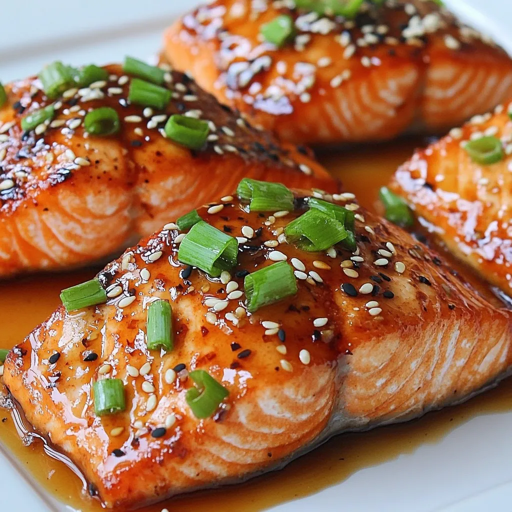 - 4 salmon fillets (about 6 oz each) - 1/4 cup honey - 3 cloves garlic, minced - 2 tablespoons soy sauce (low sodium) - 1 tablespoon fresh ginger, grated - 1 tablespoon olive oil - 1 tablespoon sesame seeds (for garnish) - 2 green onions, chopped (for garnish) The main ingredients give this dish its sweet and savory taste. Salmon fillets are the star. They provide rich flavor and healthy fats. Honey adds sweetness and helps the glaze stick. Garlic brings depth and aroma. Together, they create a perfect balance. The additional ingredients enhance the flavors. Soy sauce adds umami, making the dish even better. Fresh ginger gives a warm, spicy kick. Olive oil is key for cooking the salmon and adds richness. For garnishes, sesame seeds and green onions add texture and color. They make the dish look pretty and taste great. You can always add more or less of these to suit your taste. Using fresh ingredients helps the salmon shine. Their flavors blend beautifully, making each bite delightful. This dish is not just easy; it’s packed with flavor, too! {{ingredient_image_1}} To start, grab a small saucepan. Add the honey, minced garlic, soy sauce, and grated ginger. Stir everything together. Heat it on medium. Let it simmer for 2 to 3 minutes. You want the sauce to thicken a bit. Once done, take it off the heat. This sauce will add great flavor to the salmon. Next, take a large skillet and preheat it on medium-high. Add the olive oil to the hot pan. While it heats, season your salmon fillets with salt and pepper on both sides. Once the skillet is hot, place the salmon fillets in it, skin side down. Sear the fillets for about 4 to 5 minutes. They should be crispy on the outside and tender inside. Now, it’s time to flip the fillets carefully. Pour half of the honey garlic sauce over the salmon. Cook it for another 3 to 4 minutes. You want the salmon to be cooked through and the sauce to become caramelized. After that, remove the skillet from the heat. Drizzle the rest of the sauce over the fillets. Transfer the glazed salmon to a serving platter. Finally, garnish with sesame seeds and chopped green onions for crunch and extra flavor. Enjoy your beautiful dish! To check for doneness, use a fork. Gently press the thickest part of the salmon. If it flakes easily, it's ready. The internal temperature should reach 145°F. For the best result, cook skin-side down first. This helps keep the fish moist and lets the skin get crispy. Using fresh ingredients makes a big difference. Fresh garlic and ginger boost the taste. You can adjust sweetness by adding more honey or saltiness with extra soy sauce. Taste as you go to find your perfect balance. Balance is key for great flavor. If your salmon fillets are thicker, cook them a bit longer. Add 2-3 minutes to the cooking time. For grilling, keep the heat medium. Grill for about 5-7 minutes on each side. Pan-searing is quicker; it should take around 4-5 minutes per side. Adjust based on your cooking method. Pro Tips Use Fresh Ingredients: Always opt for fresh salmon fillets and high-quality honey for the best flavor and texture. Monitor Cooking Time: Salmon can easily overcook, so keep an eye on it. It should be slightly opaque in the center when done. Marinate for Extra Flavor: If time allows, marinate the salmon in the honey garlic sauce for 30 minutes before cooking to enhance the flavor. Serve with Sides: Pair the glazed salmon with steamed vegetables or rice to create a well-rounded meal. {{image_2}} For oven-baked honey garlic salmon, first, preheat your oven to 400°F (200°C). Place the seasoned salmon fillets on a lined baking sheet. Drizzle half of the honey garlic sauce on top. Bake for 12-15 minutes or until the salmon flakes easily with a fork. This method gives you a tender and juicy result while allowing the sauce to caramelize nicely. Grilling adds a smoky flavor to your honey garlic salmon. Start by heating your grill to medium-high heat. Place salmon fillets skin side down on the grill. Cook for about 5-6 minutes, then flip them. Pour the remaining sauce over the salmon and grill for another 3-4 minutes. If you want to lower the heat, you can grill at medium heat for a longer time. This helps prevent the salmon from drying out. You can make this dish even better by adding seasonal veggies. Think about using asparagus, bell peppers, or zucchini. Cut them into bite-sized pieces and toss them with olive oil, salt, and pepper. Spread them around the salmon on a baking sheet or grill. Cook them at the same time as the salmon. This adds color and nutrients to your meal while keeping it tasty and fun. After cooking, let the salmon cool for about 10 minutes. This helps keep it fresh. Place the fillets in a shallow container. Use an airtight container to keep moisture in. You can also wrap the salmon in plastic wrap. Make sure to seal it well. This way, it stays tasty and safe to eat. When it’s time to enjoy the leftovers, reheating is key. The best method is to use the oven. Preheat it to 275°F (135°C). Place the salmon on a baking sheet. Cover it with foil to keep it moist. Heat for about 15 minutes. You can also use a microwave. Place the salmon on a microwave-safe plate. Cover it with a damp paper towel. Heat in short bursts of 30 seconds. Check often to avoid overcooking. In the fridge, your honey garlic glazed salmon will last for about 3 days. Make sure to store it properly. If you want to keep it longer, freezing is a great option. Wrap the salmon tightly in plastic wrap and then foil. It can last up to 2 months in the freezer. When you're ready to eat it, thaw it overnight in the fridge. This keeps the flavor and texture intact. You can make a great meal with Honey Garlic Glazed Salmon by serving it with fresh sides. Here are some ideas: - Recommended side dishes: - Steamed broccoli - Roasted asparagus - Garlic mashed potatoes - Quinoa salad - Rice pilaf You can mix and match these sides to suit your taste. Each adds flavor and texture. - Wine pairing suggestions: - A nice white wine, like Sauvignon Blanc, pairs well. - Pinot Gris also complements the dish nicely. - If you prefer red, a light Pinot Noir works well. Yes, you can use other fish if you want. Here are some good substitutes: - Substitutes for salmon: - Trout has a similar taste and texture. - Mahi-mahi is also a great choice. - Cod works too but has a milder flavor. When you choose a different fish, cooking times may change. - Adjusting cooking times: - Thinner fillets cook faster, about 3-4 minutes per side. - Thicker fillets may need 5-6 minutes per side. Always check for doneness to avoid overcooking. Knowing when your salmon is done is key to a great meal. Here are the guidelines: - Internal temperature guidelines: - The safe internal temperature for salmon is 145°F (63°C). - Use a food thermometer to check. - Visual cues for doneness: - Look for opaque flesh that flakes easily with a fork. - The skin should be crispy and golden brown. These tips ensure you serve perfectly cooked salmon every time. This article explored the simple steps to make honey garlic salmon. I covered main ingredients like salmon, honey, and garlic, and shared tips for perfect cooking. You can enhance flavors with fresh ingredients and try variations like oven-baked or grilled salmon. Storing and reheating leftovers ensures none of your dish goes to waste. Remember, cooking should be fun and rewarding, so don’t hesitate to adapt this recipe to your taste. Enjoy your cooking journey with this tasty dish!