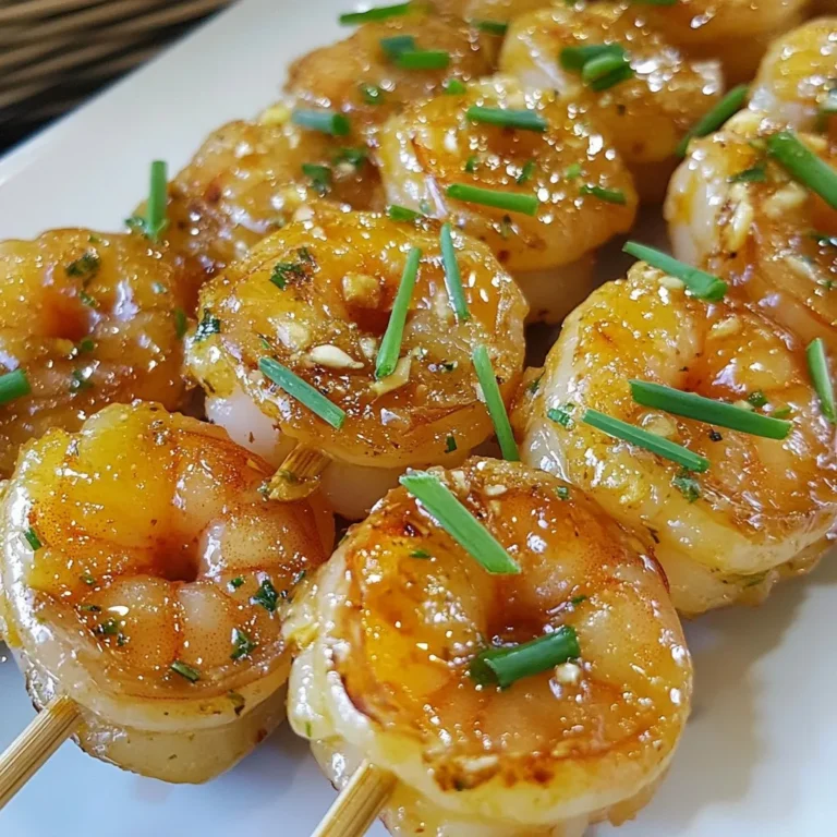 To make honey garlic glazed shrimp skewers, you will need: - 1 pound large shrimp, peeled and deveined - 1/4 cup honey - 4 cloves garlic, minced - 2 tablespoons soy sauce (low sodium recommended) - 1 tablespoon fresh ginger, grated - 1 tablespoon lemon juice - 1 tablespoon olive oil - Salt and pepper to taste - Fresh chives or parsley, chopped for garnish - Skewers (wooden or metal) You can change the flavor by adding: - Red pepper flakes for heat - Pineapple chunks for sweetness - Bell peppers or zucchini for veggies - Fresh herbs like basil or cilantro If you have dietary restrictions, consider these swaps: - Use shrimp alternatives like chicken or tofu. - For gluten-free, choose tamari instead of soy sauce. - Use agave nectar or maple syrup in place of honey for vegan options. - Replace olive oil with avocado oil for a different taste. {{ingredient_image_1}} Start with 1 pound of large shrimp. Peel and devein them. Rinse them in cold water. Pat them dry with a paper towel. This helps the marinade stick better. In a medium bowl, combine these ingredients: - 1/4 cup honey - 4 cloves garlic, minced - 2 tablespoons soy sauce - 1 tablespoon fresh ginger, grated - 1 tablespoon lemon juice - 1 tablespoon olive oil - Salt and pepper to taste Whisk these items together until smooth. Add the shrimp to the bowl. Make sure every shrimp is coated in the marinade. Cover the bowl and place it in the fridge. Let the shrimp marinate for 30 minutes to 1 hour. This step boosts the flavor. Preheat your grill or grill pan over medium-high heat. If you use wooden skewers, soak them in water for at least 30 minutes. This prevents burning. Now, take the marinated shrimp and thread them onto the skewers. Aim for 4-5 shrimp per skewer. Place the skewers on the grill. Grill each side for 2-3 minutes. The shrimp should turn opaque and have nice grill marks. Remember to brush on any leftover marinade. Once grilled, remove the skewers from the heat. Let them rest for a couple of minutes. Finally, garnish with chopped chives or parsley before serving. Enjoy your tasty honey garlic glazed shrimp skewers! For the best flavor, use fresh ingredients. I love using fresh garlic and ginger. Mix the honey, garlic, soy sauce, ginger, lemon juice, and olive oil in a bowl. Whisk it well until smooth. The honey gives a sweet touch, while the garlic adds depth. Let the shrimp soak in this mix for at least 30 minutes. This time helps the shrimp absorb all those tasty flavors. If you can, marinate for up to an hour. This makes each bite burst with flavor. Grilling shrimp can be tricky, but don’t worry. First, heat your grill to medium-high. This helps the shrimp cook fast and gives nice grill marks. Make sure to soak wooden skewers for 30 minutes. This step keeps them from burning on the grill. When placing shrimp on the grill, do not crowd the skewers. Leave space between each shrimp. This allows heat to circulate well. Grill them for 2-3 minutes on each side. Look for that lovely char and a slight curl in the shrimp. These honey garlic glazed shrimp skewers are great on their own. But they shine even more with sides. Serve them with a fresh salad or rice. A zesty lemon wedge adds a nice touch. You can also pair them with grilled veggies. Chopped chives or parsley on top adds a pop of color. This makes your dish look great and taste even better. Enjoy these skewers at your next barbecue or family dinner! Pro Tips Perfectly Marinated Shrimp: Ensure the shrimp are fully coated in the marinade for maximum flavor. Allow them to marinate for at least 30 minutes, but no more than 1 hour to prevent the shrimp from becoming mushy. Grill Temperature: Preheat your grill to medium-high heat to achieve a nice sear on the shrimp. Too low of a temperature will result in steamed shrimp, while too high can cause them to cook too quickly. Check for Doneness: The shrimp are done when they turn opaque and form a slight 'C' shape. Overcooking can make them tough, so keep a close eye on them while grilling. Garnish for Flavor: Fresh herbs like chives or parsley not only add color but also enhance the dish's flavor. Sprinkle them on right before serving for the best taste. {{image_2}} You can swap shrimp for other proteins. Chicken works great with this marinade. Use bite-sized chicken pieces. Pork and tofu are also good choices. The marinade adds a sweet and savory flavor to any protein. Just make sure to adjust cooking times. Chicken may need more time, while tofu cooks quickly. To keep this dish gluten-free, use tamari instead of soy sauce. Tamari is a gluten-free soy sauce. It gives the same salty taste without the gluten. Check all your ingredients for hidden gluten. Honey, garlic, and fresh herbs are naturally gluten-free. If you want a vegetarian option, try using mushrooms or zucchini. Both absorb flavors well. Cut them into thick pieces for skewering. Marinate them just like the shrimp. Grilling brings out their natural sweetness. Serve with the same honey garlic glaze for a tasty dish. After grilling, let your shrimp skewers cool to room temperature. Place them in an airtight container. They will stay fresh in the fridge for up to three days. To keep the flavor, store them with some of the marinade. This helps maintain that sweet and garlic taste. If you have leftovers, freezing is a great option. Wrap the cooled skewers tightly in plastic wrap. Then, place them in a freezer-safe bag or container. They can last up to three months in the freezer. When you're ready to eat, thaw them in the fridge overnight. To reheat, avoid using the microwave. Instead, heat a grill or pan over medium heat. Place the skewers on the grill and cook for about 2-3 minutes on each side. This keeps them juicy and tasty. You can also warm them in the oven at 350°F for about 10 minutes. This method helps keep the shrimp from becoming tough. Yes, you can! Preheat your oven to 400°F (200°C). Place the shrimp skewers on a baking sheet lined with parchment paper. Bake for about 10-12 minutes. Flip the skewers halfway through to cook evenly. This method gives you a nice glaze without the grill. You can marinate the shrimp for 30 minutes to 1 hour. This time allows the flavors to soak in. If you marinate too long, the shrimp may become mushy. Stick to the recommended time for the best taste and texture. Many sides pair well with shrimp skewers. Here are a few ideas: - Grilled vegetables like bell peppers and zucchini. - A fresh green salad with lemon vinaigrette. - Rice or quinoa for a filling option. - Garlic bread to soak up the extra glaze. These sides balance the sweet and savory notes of the shrimp. In this blog post, I covered how to make honey garlic glazed shrimp skewers from start to finish. We explored the key ingredients and how to customize them for your needs. I provided clear steps for preparing, marinating, and grilling the shrimp. You learned useful tips for perfecting flavors and grill marks. I also shared variations and storage advice for leftovers. Remember, cooking is fun! Experiment with different ingredients and techniques to find your favorite version. Enjoy your next meal with these delicious skewers.