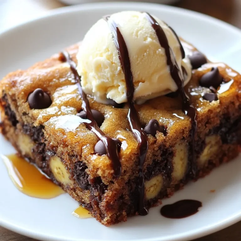 To make a yummy Chocolate Chip Banana Snack Cake, you need simple ingredients that blend perfectly. Here’s what you will need: - 2 ripe bananas, mashed - 1/3 cup unsalted butter, melted - 1 cup granulated sugar - 1 large egg - 1 teaspoon vanilla extract - 1 teaspoon baking soda - 1/4 teaspoon salt - 1 cup all-purpose flour - 1/2 cup semi-sweet chocolate chips - 1/4 cup walnuts or pecans, chopped (optional) Ripe bananas give the cake a sweet taste and moist texture. The unsalted butter makes it rich, while the sugar adds sweetness. You will need one large egg to bind everything together. Vanilla extract brings a lovely aroma. Baking soda helps the cake rise, while salt balances the sweet flavors. All-purpose flour forms the base of the cake. Semi-sweet chocolate chips add that classic chocolatey goodness. If you like, you can add nuts for a nice crunch. This mix of ingredients leads you to a delightful treat. {{ingredient_image_1}} - Preheat your oven to 350°F (175°C). Grease an 8-inch square baking pan or line it with parchment paper. - In a mixing bowl, add 1/3 cup of melted unsalted butter and 2 ripe bananas that you mashed. Stir until they mix well. - Next, mix in 1 cup of granulated sugar, 1 large egg, and 1 teaspoon of vanilla extract. Stir until the mixture is smooth. - In another bowl, whisk together 1 cup of all-purpose flour, 1 teaspoon of baking soda, and 1/4 teaspoon of salt. - Slowly add this dry mix to your wet mixture. Stir gently. Be careful not to overmix; you want it just combined. - Now, fold in 1/2 cup of semi-sweet chocolate chips. If you like, add 1/4 cup of chopped walnuts or pecans. - Pour the batter into your prepared baking pan. Use a spatula to spread it evenly. To achieve a moist texture, use very ripe bananas. They add natural sweetness and moisture. Mash them well to blend evenly in the batter. Also, melted butter helps keep the cake soft and rich. Avoiding overmixing is key. When you mix the dry and wet ingredients, stir gently. Stop as soon as you see no dry flour. Overmixing can make the cake tough. For ideal pairings, serve the cake warm. A scoop of vanilla ice cream on top adds creaminess. Drizzle chocolate syrup over the ice cream for a sweet touch. For presentation, slice the cake into squares. Arrange the squares on a plate. Add a few nuts or chocolate chips on top for a nice look. This makes your dessert not just tasty but also pretty! Pro Tips Use Ripe Bananas: The riper the bananas, the sweeter and more flavorful your cake will be. Look for bananas with brown spots for the best results. Don’t Overmix the Batter: To ensure a light and fluffy cake, mix the dry ingredients into the wet ingredients just until combined. Overmixing can lead to a dense texture. Check for Doneness: Oven temperatures can vary, so start checking for doneness a few minutes before the minimum baking time to avoid overbaking. Serving Suggestions: For an extra indulgent treat, serve slices warm with vanilla ice cream or whipped cream and a drizzle of chocolate syrup. {{image_2}} You can make your cake even better by adding spices. Try mixing in a teaspoon of cinnamon or nutmeg for a warm taste. Both spices pair well with bananas and chocolate. You can also switch up the chocolate. Use milk chocolate for a sweeter flavor or dark chocolate for a bolder taste. Each type of chocolate offers a new twist, making your cake unique. If you want a dairy-free cake, swap the butter for coconut oil or a dairy-free butter. This keeps the cake moist and tasty. For a gluten-free option, use almond flour or a gluten-free baking mix instead of all-purpose flour. These swaps let everyone enjoy this treat, no matter their diet. To keep your chocolate chip banana snack cake fresh, store it in an airtight container. This will protect it from air and moisture. Place the cake at room temperature for up to three days. If you want to keep it longer, consider freezing it. Here’s how: - Wrap individual slices in plastic wrap. - Place the wrapped slices in a freezer bag or container. - Label the container with the date. You can freeze the cake for up to three months. When you're ready to enjoy it, just thaw it overnight in the fridge. To reheat your chocolate chip banana snack cake, follow these easy steps: - Preheat your oven to 350°F (175°C). - Place the slice on a baking sheet. - Heat for about 10 minutes, or until warm. You can also use a microwave: - Heat a slice for about 15-20 seconds. - Check to see if it's warm enough. For serving, enjoy it warm with a scoop of vanilla ice cream on top. Drizzle with chocolate syrup for a treat that feels special. Can I use frozen bananas? Yes, you can use frozen bananas. Just thaw them first and mash them well. They add great moisture and sweetness to the cake. How do I know when the cake is done? The cake is done when a toothpick inserted in the center comes out clean. It should also spring back slightly when you touch the top. Can I substitute the egg in the recipe? Yes, you can substitute the egg. Use 1/4 cup of applesauce or a flax egg made with 1 tablespoon of ground flaxseed and 2.5 tablespoons of water. Why did my cake sink in the middle? A cake can sink if it has too much liquid or if it's underbaked. Make sure to follow the recipe closely and check for doneness. What to do if the cake is too dry? If the cake is dry, it may have been overbaked. Try adding a bit more banana next time or reduce the baking time for a moister cake. This blog post covered how to make a tasty chocolate chip banana snack cake. We looked at the ingredients, preparation steps, and even tips to make it perfect. You learned about dough tips, tasty variations, and storage methods too. Baking can be fun and rewarding. Enjoy every bite of your cake, and don’t be afraid to try new twists!