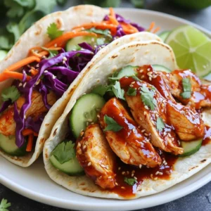 - 1 lb boneless, skinless chicken thighs - 4 tablespoons gochujang (Korean chili paste) - 2 tablespoons soy sauce - 1 tablespoon honey - 2 tablespoons sesame oil - 1 tablespoon minced garlic - 1 teaspoon grated ginger For these tacos, chicken thighs work great. They stay juicy and cook well. You will create a tasty marinade with gochujang, soy sauce, honey, sesame oil, garlic, and ginger. Each ingredient adds depth and flavor to the chicken. - 1 cup cooked jasmine rice - 8 small corn tortillas - 1 cup shredded red cabbage - 1 carrot, julienned - ½ cucumber, sliced - Fresh cilantro leaves for garnish - Lime wedges for serving For the toppings, jasmine rice adds a nice base. Warm corn tortillas hold everything together. Fresh veggies like red cabbage, carrot, and cucumber add crunch. Cilantro gives a fresh taste, while lime adds brightness. These toppings balance the spice of the chicken perfectly. {{ingredient_image_1}} To start, you need to mix the marinade. In a bowl, combine: - 4 tablespoons gochujang - 2 tablespoons soy sauce - 1 tablespoon honey - 2 tablespoons sesame oil - 1 tablespoon minced garlic - 1 teaspoon grated ginger Stir these ingredients together until smooth. The marinade is key for flavor. Marinate the chicken for at least 30 minutes. If you have more time, let it sit for up to 2 hours. This longer marination gives the chicken a richer taste. Next, you will cook the chicken. You can use a grill or a skillet. - Preheat your grill or skillet to medium-high heat. - Cook the marinated chicken thighs for about 5-7 minutes on each side. Make sure the chicken is fully cooked. It should reach an internal temperature of 165°F. Remove it from the heat and let it rest for a few minutes. Resting helps keep the chicken juicy. Now, it’s time to build your tacos. First, warm your corn tortillas. - Heat them in a dry skillet until they are soft and pliable. Then, slice the rested chicken into thin pieces. To assemble, place a scoop of jasmine rice on each tortilla. Layer the sliced chicken, shredded red cabbage, julienned carrot, and cucumber slices on top. Finish with fresh cilantro leaves and a squeeze of lime juice. This adds a zesty touch to your tacos. Enjoy the bold flavors! Marinating chicken adds deep flavor. For the best taste, marinate for at least 30 minutes. If you can, let it sit for two hours. This allows the spices to soak in well. Gochujang brings heat, while honey adds sweet notes. The soy sauce gives a savory bite. The longer you marinate, the better your chicken will taste. To keep your chicken juicy, don’t overcook it. Use a grill or skillet set to medium-high heat. Cook for about 5-7 minutes on each side. Look for a nice golden color. Your chicken should reach an internal temperature of 165°F. Let it rest before slicing. This helps keep the juices inside. Serve your tacos on a wooden board for a rustic touch. Add lime wedges for a burst of freshness. A small bowl of extra gochujang on the side makes a great dip. Stack the tacos high for a colorful display. Use fresh cilantro leaves on top for a pop of green. This makes your meal look as good as it tastes! Pro Tips Marinating Time: For maximum flavor, marinate the chicken for at least 2 hours or overnight if possible. Chicken Cooking: Ensure the chicken reaches an internal temperature of 165°F for safe consumption. Tortilla Warping: Warm the tortillas on a skillet to enhance their flavor and make them more pliable for easy folding. Fresh Garnish: Add fresh lime juice and cilantro right before serving to brighten up the dish. {{image_2}} You can easily change the protein. Try using tofu or shrimp instead of chicken. Tofu absorbs flavors well and makes a great meat substitute. Shrimp cooks quickly and adds a nice touch to the tacos. For veggies, use what you love. Bell peppers, radishes, or even avocado work great. The key is to keep it colorful and crunchy. Want it spicier? Add more gochujang to the marinade. You can also sprinkle chili flakes on top. If you prefer less heat, reduce the gochujang. Try adding a bit of honey for sweetness, which helps balance the heat. You control the spice, so make it just how you like! Not in the mood for tacos? Turn it into a taco bowl. Just layer jasmine rice at the bottom, then add all your toppings on top. This makes for a filling and fun meal. You can also make it a wrap. Use a larger tortilla and load it up. Roll it tightly for a tasty grab-and-go meal. To keep your Spicy Korean Chicken Tacos fresh, follow these tips. Store the chicken and toppings in separate containers. This helps maintain texture and flavor. For chicken, use an airtight container. It stays good for up to three days in the fridge. Place veggies like cabbage, carrots, and cucumbers in another container. Keep them crisp by adding a paper towel to absorb moisture. When you are ready to enjoy leftovers, reheat the chicken and tortillas properly. For chicken, use a skillet over low heat. Stir occasionally until heated through. This keeps the chicken juicy. For tortillas, warm them in a dry skillet for about 30 seconds on each side. This makes them soft again. Avoid using the microwave, as it can make them tough. If you want to save some for later, freezing is a great option. Place the marinated chicken in a freezer bag. Remove as much air as possible before sealing. It can stay in the freezer for up to three months. When you're ready to cook, thaw the chicken in the fridge overnight. After thawing, cook it as usual. Enjoy your tacos whenever you crave them! Yes, you can prepare these tacos ahead of time. Here’s how: - Marinate Chicken: You can marinate the chicken thighs the night before. It helps deepen the flavor. - Cook and Store: Cook the chicken and store it in the fridge. It stays fresh for up to three days. - Warm Tortillas: Warm the corn tortillas just before serving. This keeps them soft and tasty. - Prepare Toppings: You can slice the veggies and store them in airtight containers. This saves time during meal prep. These tacos pair well with several side dishes, including: - Mexican Street Corn: This dish adds a sweet and spicy kick. - Kimchi: The tangy crunch complements the tacos perfectly. - Cucumber Salad: A light salad balances the spicy flavors of the tacos. - Rice or Quinoa: These options offer a filling side and help soak up the sauce. You can easily scale this recipe. Here’s how: - Increase Chicken: For every additional four servings, add one pound of chicken thighs. - Adjust Marinade: Double the marinade ingredients for larger amounts of chicken. This keeps the flavor consistent. - Tortillas: Make sure to have enough corn tortillas. Each person usually enjoys two. - Toppings: Increase toppings like cabbage, carrots, and rice in proportion to the chicken. This ensures everyone gets enough. In this article, we covered the key ingredients and steps for making Spicy Korean Chicken Tacos. You learned about the marinade, cooking methods, and how to assemble these delicious tacos. We also shared tips on marinating, cooking, and presenting your dish. Remember, you can adjust the recipe to fit your taste and needs. Feel free to experiment with different proteins and toppings. Enjoy creating and eating these flavorful tacos with friends and family. They are sure to impress!