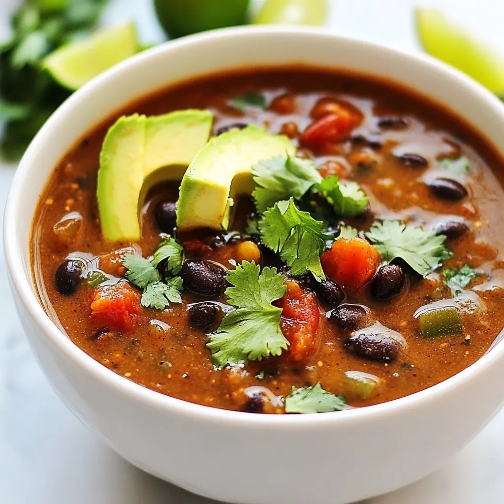 - 2 cans (15 oz each) black beans, rinsed and drained - 1 medium onion, chopped - 3 cloves garlic, minced - 1 can (14.5 oz) diced tomatoes with green chilies - 1-2 chipotle peppers in adobo sauce, chopped - 4 cups vegetable broth - 1 teaspoon smoked paprika - 1 teaspoon ground cumin - 1 tablespoon olive oil - Salt and pepper to taste - Fresh cilantro, chopped (for garnish) - Avocado slices (for garnish) - Lime wedges (for serving) Quality matters when you cook. Fresh, high-quality ingredients make your dish shine. I always choose organic black beans if possible. They taste better and are healthier. Fresh onions and garlic give strong flavor. I prefer using firm avocados for garnish. They add creaminess without overpowering the soup. Using fresh ingredients is key. They bring out the best in your meals. When you use ripe tomatoes and zesty lime, your soup bursts with flavor. Fresh herbs, like cilantro, brighten the dish. They add color and taste. Always check your spices for freshness too. Old spices lose their punch and flavor. This soup deserves the best! {{ingredient_image_1}} Cooking this soup well makes a big difference. Start by heating olive oil in a large pot over medium heat. Add chopped onion and sauté it for about five minutes. The onion should look soft and clear. Then, mix in minced garlic and let it cook for one to two more minutes. You want it to smell great! Next, stir in the diced tomatoes, chipotle peppers, smoked paprika, and ground cumin. Cook this mix for three minutes. It helps all the flavors blend together. After that, add the rinsed black beans and vegetable broth. Bring it to a boil. Lower the heat and let it simmer for 20 to 25 minutes. This gives the beans time to soak in all the delicious spices. For a creamy soup, you can use an immersion blender. This tool lets you blend right in the pot. Blend until you reach the texture you want, leaving some beans whole for a nice bite. If you don’t have one, transfer half of the soup to a traditional blender. Blend it smooth and return it to the pot. This step adds the creamy texture we love. Presentation is key! Serve the soup hot in bowls. For a pop of color, top your soup with fresh cilantro and a few slices of avocado. Lime wedges on the side brighten the dish and add a fresh taste. Enjoy the warm, smoky flavors of this hearty soup! How to Control Spice Level with Chipotle Peppers Chipotle peppers add heat and smoky flavor. Start with one pepper for mild spice. If you want more heat, add another. Remember, you can always add more but can’t take it out! Adjust the amount based on your heat preference. Alternative Spice Options If chipotles are too spicy, try smoked paprika. It gives a nice smoky flavor without the heat. You can also use sweet bell peppers for a milder taste. Experiment with spices to find your perfect balance. Achieving the Right Consistency For a thicker soup, blend more beans. Use an immersion blender to puree part of the soup. You can also simmer longer to reduce the liquid. If it’s too thick, add a bit more broth until it’s just right. Using Dairy vs. Non-Dairy Options If you want creaminess, add heavy cream or sour cream. For a non-dairy option, use coconut milk or cashew cream. Both choices will make your soup rich and smooth. Choose what fits your diet best. Additional Ingredients to Consider Add corn for a sweet crunch. Chopped bell peppers or carrots can add color and flavor. You can also toss in some cooked quinoa for extra protein. These additions make the soup more fun and tasty. Herbs and Spices to Elevate Taste Fresh cilantro brightens the soup. Add it right before serving for the best flavor. Lime juice also adds a zesty kick. A squeeze of lime balances the smoky taste and makes each bite refreshing. Pro Tips Adjusting Spice Level: If you prefer a milder soup, start with one chipotle pepper and taste before adding more. You can always add extra heat, but it’s tough to tone it down! Adding Depth of Flavor: Consider adding a splash of lime juice or a dash of hot sauce to the soup just before serving for an extra layer of flavor. Garnishing Tips: For added texture, top the soup with a dollop of sour cream or Greek yogurt along with the avocado and cilantro. Storage Advice: This soup can be stored in the refrigerator for up to 4 days or frozen for up to 3 months. Reheat gently on the stove, adding a bit of broth if it thickens too much. {{image_2}} You can turn this soup into a meat-based dish. Adding meat brings extra flavor and heartiness. I suggest using diced chicken or ground beef. Both options work well with the spices in this soup. Cook the meat in the pot before adding the onions for best flavor. - Recommended Meats: - Diced chicken - Ground beef - Chorizo - Cooking Times: - Diced chicken: 5-7 minutes - Ground beef: 7-9 minutes - Chorizo: 5-6 minutes You can keep the soup meat-free and still enjoy full flavor. Focus on rich ingredients that add depth. Use extra beans or lentils for protein. To enhance the taste, add nutritional yeast for a cheesy flavor without dairy. - Substitutes: - Extra black beans - Lentils - Nutritional yeast Serving style can change the soup experience. You can serve it hot in bowls or fill tacos for a fun twist. Consider pairing it with rice or cornbread for a complete meal. Toppings like avocado and cilantro add freshness and color. - Soup Bowls vs. Tacos: - Soup bowls: Serve hot with toppings - Tacos: Fill corn or flour tortillas - Pairing with Side Dishes: - Rice - Cornbread - Crispy tortilla chips Store your Smoky Chipotle Black Bean Soup in airtight containers. Glass jars or plastic containers work well. Make sure to let the soup cool before sealing it. This helps prevent condensation, which can make the soup watery. Keep the soup in the fridge for up to four days. You can freeze this soup for longer storage. Pour the soup into freezer-safe bags or containers. Leave some space at the top as the soup expands when frozen. Label the bags with the date you freeze them. It’s best to use frozen soup within three months for best taste. To thaw frozen soup, place it in the fridge overnight. If you're in a hurry, you can thaw it in the microwave. Just use the defrost setting. Reheat the soup gently to keep its rich flavor. The best way is to warm it on the stove over low heat. Stir often to avoid sticking. You can also use a microwave, but be sure to heat it in short bursts. This helps prevent overcooking the soup. Taste the soup before serving and adjust the seasoning if needed. Add a splash of lime juice for a fresh kick. Enjoy your hearty meal! Smoky Chipotle Black Bean Soup lasts about 3 to 5 days in the fridge. Store it in an airtight container. This soup tastes even better the next day as the flavors meld together. Always check for signs of spoilage before eating. If you see any mold or smell something off, it’s best to toss it. Yes, you can make this soup in advance. It holds well for meal prep. To improve flavors, make it a day ahead. Let it cool completely before storing in the fridge. When you reheat, the spices and smokiness deepen, making each bowl even tastier. Yes, this soup is gluten-free. All the ingredients used, like black beans and vegetable broth, do not contain gluten. Always check the labels on your broth and canned goods. Some brands may add gluten to their products. If you're unsure, opt for certified gluten-free ingredients. This article guided you through making a delicious Smoky Chipotle Black Bean Soup. We explored the importance of fresh, high-quality ingredients. You learned effective cooking techniques, blending methods, and how to serve your soup beautifully. In addition, I shared tips for adjusting spices and enhancing flavors. You saw how to create variations for meat lovers and vegans alike. Finally, I provided best practices for storing, freezing, and reheating soup to maintain quality. Enjoy crafting your soup masterpiece!