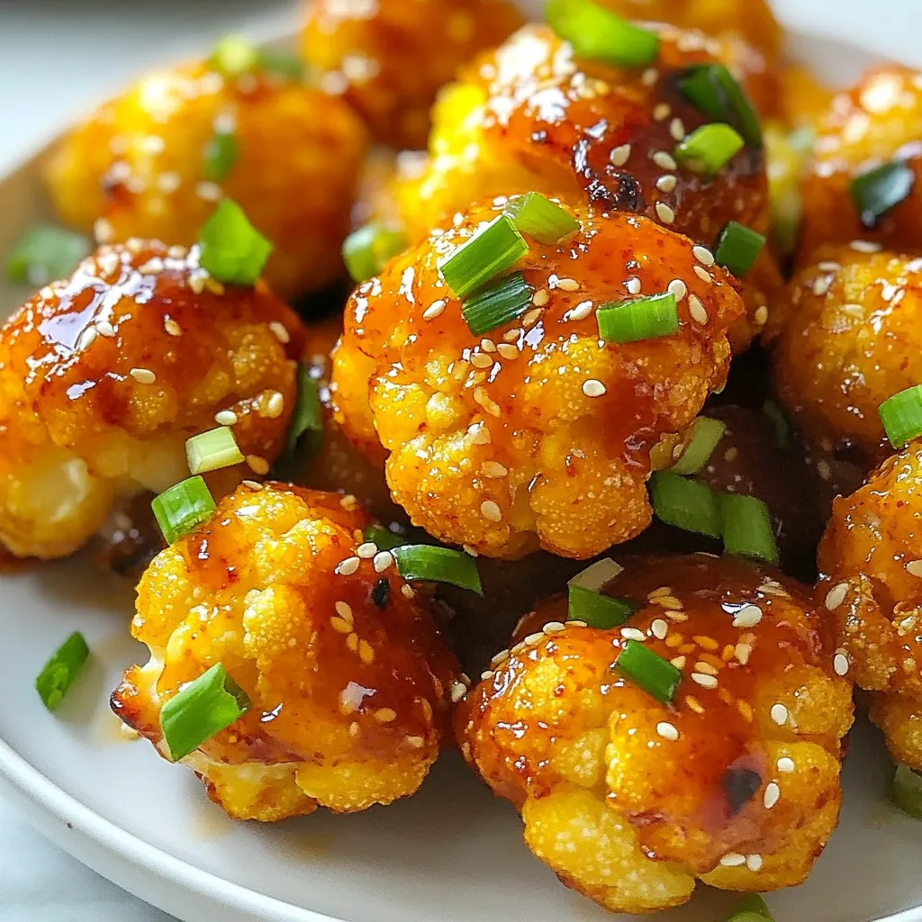 - 1 large head of cauliflower, cut into bite-sized florets - 1/2 cup all-purpose flour (or gluten-free flour) - 1/2 cup water - 1 teaspoon garlic powder - 1/2 teaspoon salt - 1/4 teaspoon black pepper - 1/4 cup sweet chili sauce - 2 tablespoons soy sauce - 2 cloves of garlic, minced - 1 tablespoon sesame oil - 1 tablespoon chopped green onions (for garnish) - Sesame seeds (for garnish) You can easily swap ingredients to fit your needs. Use gluten-free flour in place of regular flour. For a nut-free option, make sure your soy sauce is free from allergens. If you're vegan, swap out the honey in sweet chili sauce with maple syrup. This keeps the bites tasty without meat or dairy. When picking cauliflower, look for firm heads. The florets should be tightly packed and bright white. Avoid any with brown spots or soft spots. Fresh leaves should still be green and crisp. This ensures your bites will have a great texture and taste. {{ingredient_image_1}} Start by preheating your oven to 425°F (220°C). This high heat helps make the bites crispy. Next, line a baking sheet with parchment paper. This keeps the bites from sticking. It also makes clean-up easy. In a mixing bowl, add 1/2 cup of all-purpose flour. You can use gluten-free flour if needed. Next, mix in 1 teaspoon of garlic powder, 1/2 teaspoon of salt, and 1/4 teaspoon of black pepper. These add flavor to your batter. Gradually add 1/2 cup of water. Whisk until the batter is smooth and thick. It should coat the cauliflower well. Take your large head of cauliflower and cut it into bite-sized florets. Dip each floret into the batter. Make sure each piece is fully coated. Place them in a single layer on your baking sheet. Bake the cauliflower bites for 20-25 minutes. Flip them halfway through for even cooking. When golden brown and crispy, they are ready. While they bake, make the sauce. In a small saucepan, mix 1/4 cup of sweet chili sauce, 2 tablespoons of soy sauce, 2 minced garlic cloves, and 1 tablespoon of sesame oil. Heat this over medium heat until warm. Once the cauliflower bites are done, toss them in the sauce. Coat them well. Return the bites to the oven for another 5-7 minutes. This allows the sauce to caramelize slightly. Once finished, let them cool for a few minutes before serving. To make your cauliflower bites crispy, follow these tips: - Use a large head of cauliflower. This gives plenty of florets. - Make a thick batter. Combine flour, garlic powder, salt, and pepper with water. - Coat each floret well. This helps create a crunchy texture. - Bake at 425°F (220°C). This high heat cooks them well. - Flip halfway through. This ensures even cooking and crispiness. Adding flavor boosts your bites. Here are some ideas: - Mix in spices. Try paprika or cayenne for heat. - Use fresh herbs. Chopped cilantro or parsley add freshness. - Drizzle extra sauce. A bit more sweet chili sauce gives a punch. - Toss with lime juice. This adds a nice tangy taste. - Sprinkle with sesame seeds. They add crunch and nutty flavor. Avoid these errors for great cauliflower bites: - Skipping the batter. It helps hold flavors and gives texture. - Overcrowding the baking sheet. This can cause steaming instead of crisping. - Not flipping the bites. This leads to uneven browning. - Baking without sauce. Tossing in sauce before the final bake is key. - Forgetting to garnish. Green onions and sesame seeds make them look great. Pro Tips Choose the Right Cauliflower: Select a fresh head of cauliflower with tightly packed florets and vibrant green leaves for the best flavor and texture. Make it Gluten-Free: Substitute all-purpose flour with almond flour or a gluten-free flour blend to accommodate dietary preferences without sacrificing taste. Add Spice: For an extra kick, mix in some cayenne pepper or red pepper flakes to the batter before coating the cauliflower. Store Leftovers Properly: Keep any leftover cauliflower bites in an airtight container in the fridge, and reheat in the oven to maintain crispiness. {{image_2}} To spice things up, you can add a few ingredients. Try mixing in some red pepper flakes. You can also use a hot chili sauce instead of sweet chili sauce. If you like extra heat, add jalapeños or sriracha to your sauce mix. Just a little can give your bites a kick. Adjust the amount to fit your taste. You can switch up the sauce for different flavors. A teriyaki sauce adds a sweet and savory twist. For a tangy taste, use barbecue sauce. If you want a creamy option, try ranch dressing after baking. Each sauce gives the bites a new vibe. Don’t be afraid to mix and match until you find your favorite. Cauliflower is great, but you can use other veggies too. Broccoli florets work well and stay crisp. You can try using Brussels sprouts or even zucchini. Just be sure to cut them into bite-sized pieces. Each veggie brings its own flavor and texture. This way, you can keep things fresh and fun in the kitchen. To keep your Sweet Chili Garlic Cauliflower Bites fresh, store them in an airtight container. Let them cool to room temperature before sealing. This helps keep them crispy. Place parchment paper between layers if you stack them. This avoids sogginess. When you’re ready to enjoy leftovers, preheat your oven to 350°F (175°C). Spread the cauliflower bites on a baking sheet. Heat them for about 10-15 minutes. This restores their crispiness. You can also use an air fryer at 350°F for about 5-7 minutes for a quick reheat. If you want to save some bites for later, freezing is a great option. First, let the cauliflower bites cool completely. Then, place them in a single layer on a baking sheet and freeze for 1-2 hours. Once frozen, transfer them to a freezer-safe bag or container. They will keep for up to three months. To reheat, bake from frozen at 400°F (200°C) for about 20-25 minutes. Yes, you can easily make these bites gluten-free. Just replace all-purpose flour with gluten-free flour. This swap keeps the texture light and crispy. Many gluten-free flours work well, but almond or rice flour are great choices. I often use a gluten-free blend for the best results. These cauliflower bites are perfect as a snack or appetizer. Serve them with a side of sweet chili sauce for dipping. They pair well with fresh veggies or a light salad. You can also enjoy them with rice or noodles for a more filling meal. Try serving them alongside a tangy dipping sauce for extra flavor! Leftovers will stay fresh for 3 to 4 days when stored properly. Keep them in an airtight container in the fridge. For the best taste, reheat in the oven to regain that crispy texture. Avoid using the microwave, as it can make them soggy. Enjoy your flavorful bites again! In this blog post, we covered how to make Sweet Chili Garlic Cauliflower Bites. We explored the key ingredients, including substitutions for different diets. I provided tips on selecting fresh cauliflower and detailed the step-by-step instructions for preparation, baking, and achieving the perfect crispiness. Remember, enhancing flavors and avoiding common mistakes will improve your dish. Don’t hesitate to try variations and proper storage techniques for leftovers. Enjoy your cooking journey!