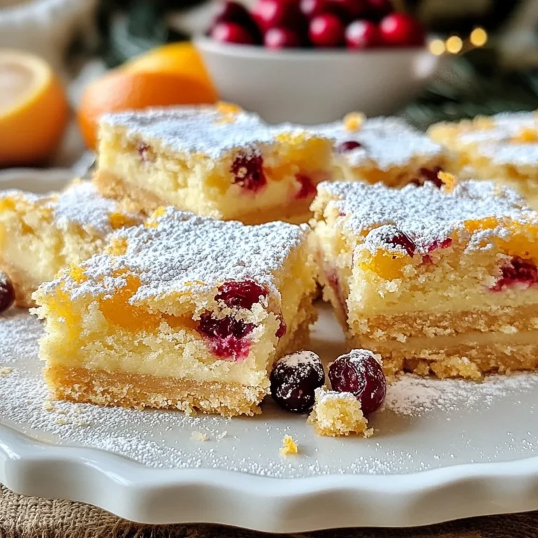 - 1 cup unsalted butter, softened - 1/2 cup powdered sugar - 2 cups all-purpose flour - 1/2 teaspoon salt - 1 cup dried cranberries, chopped - Zest of 1 large orange - 2 tablespoons fresh orange juice - 1 teaspoon vanilla extract - 1/4 teaspoon almond extract (optional) - Powdered sugar for dusting Unsalted butter works best for these bars. It gives you control over salt levels. You can swap unsalted butter for salted butter if needed. Just skip the added salt. For dried cranberries, look for good quality ones. You can also use other dried fruits if you prefer. Chopped nuts can add a nice crunch, too. Almond extract is optional but adds a nice touch. Fresh orange zest and juice are key. They bring bright, bold flavors to the bars. Zest adds oils that create a strong orange flavor. Fresh juice balances the sweetness with a bit of tartness. Using fresh ingredients will make your shortbread bars taste much better. Always choose ripe oranges for the zest and juice. {{ingredient_image_1}} Start by gathering your ingredients. You will need: - 1 cup unsalted butter, softened - 1/2 cup powdered sugar - 2 cups all-purpose flour - 1/2 teaspoon salt - 1 cup dried cranberries, chopped - Zest of 1 large orange - 2 tablespoons fresh orange juice - 1 teaspoon vanilla extract - 1/4 teaspoon almond extract (optional) - Powdered sugar for dusting First, preheat your oven to 350°F (175°C). Grease a 9x9-inch baking pan or line it with parchment paper. This helps with easy removal later. In a large bowl, cream the softened butter and powdered sugar. Use an electric mixer on medium speed for about 3-4 minutes. The mixture should look light and fluffy. Next, gradually add the flour and salt. Mix on low speed until combined. You want a crumbly dough. Now, stir in the chopped cranberries, orange zest, orange juice, and vanilla extract. If you like, add the almond extract for more depth. Make sure everything blends well into the dough. Press the dough evenly into your prepared baking pan. Use a spatula or your fingers to smooth the top. Now it's time to bake! Place the pan in your preheated oven. Bake for 25-30 minutes. You know they are done when the edges turn lightly golden. A toothpick inserted in the center should come out clean. Once baked, remove the bars from the oven. Let them cool in the pan for about 10 minutes. If you used parchment paper, lift the bars out. Place them on a wire rack to cool completely. After cooling, slice into bars. Dust the tops lightly with powdered sugar. This adds a sweet touch. Serve them on a decorative platter. You can garnish with fresh cranberries and orange slices for a festive look. Enjoy your lovely cranberry orange shortbread bars! To get the right texture in your bars, start with soft butter. Cream the butter and sugar well. This step adds air and makes the bars light. Mix until fluffy for about three to four minutes. When you add the flour, mix slowly. Overmixing can make the bars tough. Your dough should be crumbly but hold together when pressed. One common mistake is not measuring ingredients accurately. Use dry measuring cups for flour and sugar. Another mistake is skipping the cooling step. Let the bars cool in the pan for ten minutes. This helps them firm up before cutting. Finally, avoid baking too long. Check for golden edges and a clean toothpick for doneness. For a great finish, wait until the bars are cool. Use a fine mesh sieve to dust the sugar. This gives an even coat without clumps. If you want a fun twist, mix in a bit of orange zest with the sugar. This adds flavor and makes the bars even more festive. Enjoy the bright touch of sweetness! Pro Tips Chill the Dough: For a firmer dough that’s easier to press into the pan, chill it in the refrigerator for 30 minutes before baking. Use Fresh Ingredients: Freshly squeezed orange juice and freshly grated zest will give your bars a more vibrant flavor compared to bottled alternatives. Don't Overbake: Keep an eye on the bars while baking; they should be lightly golden on the edges but still soft in the center for the best texture. Store Properly: Keep the bars in an airtight container at room temperature for up to a week, or refrigerate for longer freshness. {{image_2}} You can switch up the flavors in your cranberry orange shortbread bars! Try adding nuts like walnuts or almonds. They add a nice crunch and flavor. You can also mix in chocolate chips. Dark chocolate pairs well with orange and cranberry. It adds a rich taste that many will love. You can make these bars gluten-free by using a gluten-free flour blend. Just make sure it works well in baking. For a vegan version, swap the butter for coconut oil or vegan butter. Use a powdered sugar that is free from animal products. You can also skip the eggs since this recipe does not need them. Feel free to change the fruits based on the season. In the summer, use fresh blueberries or raspberries. They add a burst of flavor and color. In the fall, try using diced apples with cinnamon. This will give your bars a warm, cozy taste. Each fruit brings its own charm to the bars, making them special for every occasion. To keep your cranberry orange shortbread bars fresh, store them in an airtight container. Line the container with parchment paper to absorb moisture. This helps maintain the bars' crisp texture. If you plan to eat them within a week, store them at room temperature. For longer storage, refrigeration is best. Freezing is a great way to keep these bars for later. First, cut the bars into squares. Wrap each square tightly in plastic wrap. Then, place them in a freezer-safe bag or container. They can last up to three months in the freezer. When you're ready to enjoy them, just thaw them in the fridge overnight. Cranberry orange shortbread bars are best eaten within a week when stored at room temperature. If refrigerated, they may last up to two weeks. To reheat, place a bar in the microwave for 10-15 seconds. This warms it up without losing its texture. Enjoy your delicious treats warm or at room temperature! Yes, you can make these bars ahead of time. They store well. Bake them, cool them, and cut them into bars. Place them in an airtight container. They last for about a week at room temperature. You can also freeze them for longer storage. Just wrap them tightly in plastic wrap. Thaw them overnight in the fridge before serving. You can use various fruits if you lack dried cranberries. Dried cherries work well. Raisins or dried blueberries are other great options. You can even try chopped apricots for a unique taste. Each fruit brings a different flavor, so choose what you like best. The bars are done when the edges turn a light golden brown. Insert a toothpick into the center. If it comes out clean or with a few crumbs, they are ready. Do not overbake, as this can make them dry. Keep an eye on them in the last few minutes. Cranberry orange shortbread bars are a delicious treat. We covered their ingredients, like unsalted butter and fresh zest. Fresh ingredients make a big difference in taste. I shared detailed steps for prep, baking, and cooling. You learned tips to avoid common mistakes and achieve the perfect texture. Variations allow for creativity with flavors and dietary needs. Storing and reheating tips help keep the bars fresh. Enjoy making and sharing these bars. They'll be a hit!