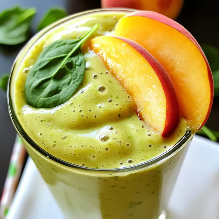 - 1 ripe peach, pitted and diced - 1 banana, sliced - 1 cup fresh spinach leaves To start, you need a ripe peach. Choose a peach that feels soft but not mushy. Next, slice a banana. Bananas add creaminess and natural sweetness. Fresh spinach leaves are a must. They pack nutrients without changing the taste much. - 1-inch piece of ginger, peeled and grated - 1 tablespoon honey or maple syrup (optional) Ginger is the star of this smoothie. It adds a spicy kick that wakes up your taste buds. Grate about an inch piece for the best flavor. If you want your smoothie sweeter, add honey or maple syrup to taste. This step is totally up to you. - 1 cup coconut water or almond milk For the liquid base, use coconut water for a refreshing taste. It’s packed with electrolytes. Almond milk is another great choice, giving a creamy texture without dairy. Both options work well in this recipe. - 1 tablespoon chia seeds (optional) - Ice cubes (optional, for a thicker smoothie) Chia seeds are a fun add-in. They boost fiber and omega-3s. If you want a thicker smoothie, toss in some ice cubes. This will help create a nice, cold drink that’s perfect for hot days. {{ingredient_image_1}} 1. Start by dicing the ripe peach into small pieces. Use a sharp knife to remove the pit first. 2. Slice the banana into rounds. This makes it easier to blend and adds creaminess. 3. Rinse the fresh spinach leaves under cold water. Shake off excess water before use. 4. Peel the ginger and grate it finely. This releases its strong flavor, which is key to the smoothie. 1. In your blender, add the diced peach, sliced banana, and fresh spinach leaves. 2. Next, add the grated ginger for that spicy kick. 3. Pour in your choice of coconut water or almond milk. This helps blend everything smoothly. 4. If you want a thicker smoothie, toss in some ice cubes. 5. Blend on high speed until creamy and well combined. 6. Taste your smoothie. If it needs more sweetness, add honey or maple syrup. 7. If you’re using chia seeds, stir them in now and blend for 10 more seconds. 1. Pour the smoothie into chilled glasses to keep it cool. 2. For a nice touch, garnish with a slice of peach on the rim. 3. You can also add a few spinach leaves for color. Enjoy your drink with a reusable straw! To get the right texture, start with fresh ingredients. Blend until smooth and creamy. If you want a thicker smoothie, add ice cubes. For a thinner drink, use more coconut water or almond milk. Always blend well to ensure everything mixes nicely. Taste your smoothie after blending. You might want it sweeter. If so, add a little honey or maple syrup. Blend again to mix in the sweetener. It’s all about finding the right balance for your taste. If you don’t have coconut water, use any fruit juice or plain water. Almond milk can be swapped with oat milk or regular milk. For sweeteners, try agave syrup or stevia instead of honey. These swaps keep your smoothie tasty and fun! Pro Tips Choose Ripe Peaches: The sweetness and flavor of your smoothie greatly depend on the ripeness of the peaches. Look for peaches that are slightly soft to the touch and have a fragrant aroma. Adjust Ginger to Taste: Ginger adds a spicy kick to your smoothie. Start with a small amount and gradually add more to suit your personal preference. Use Frozen Bananas: For a creamier and colder smoothie, consider using frozen banana slices instead of fresh. This will enhance the texture without needing extra ice. Nut Milk Alternatives: If you’re looking for a creamier alternative to coconut water, try using oat milk or cashew milk for a nutty flavor that pairs well with peach and ginger. {{image_2}} You can mix up your Ginger Peach Green Smoothie with many fruits. Mango adds a tropical twist. Try berries like strawberries or blueberries for a sweet touch. Each fruit brings unique flavors. This lets you find your perfect blend. While spinach gives a mild taste, you can switch it up with kale. Kale adds a stronger flavor and more nutrients. Other leafy greens like Swiss chard or arugula work well too. Experiment to see what you like best. This smoothie can fit many diets. For a vegan option, skip honey and use maple syrup. If you're watching sugar, reduce or leave out sweeteners. You can also use unsweetened almond milk for fewer calories. Customize it to suit your needs. To keep your Ginger Peach Green Smoothie fresh, store any leftovers in a sealed jar. Use a glass jar if possible. This will help keep air out and reduce browning. You can store it in the fridge for up to 24 hours. If you want to freeze ingredients, chop your peaches and bananas ahead of time. Place them in freezer bags and remove as much air as possible before sealing. This keeps them fresh and ready for your next smoothie. For the best taste, drink your smoothie within a few hours of making it. If you store it, aim to consume it within one day. The flavors meld and improve if you drink it fresh. The longer it sits, the more the colors may change, and the taste might fade. If your smoothie sits too long, it may separate. Simply give it a quick stir or reblend before enjoying. Add a splash of coconut water or almond milk if it feels too thick. This will bring back that smooth and creamy texture. Blend until it’s well mixed, and enjoy your refreshing drink! To make a Ginger Peach Green Smoothie, follow these steps: 1. Prepare the fruit: Dice one ripe peach and slice one banana. 2. Get the greens ready: Measure one cup of fresh spinach leaves. 3. Grate the ginger: Take a 1-inch piece of ginger, peel it, and grate it. 4. Combine in a blender: Add the peach, banana, spinach, and grated ginger to your blender. 5. Add sweetness: If you like, add one tablespoon of honey or maple syrup. 6. Pour in the liquid: Add one cup of coconut water or almond milk. 7. Add ice for thickness: If you want a thicker smoothie, toss in some ice cubes. 8. Blend: Blend all ingredients on high speed until smooth and creamy. 9. Taste and adjust: Taste the smoothie and adjust the sweetness or ginger level if needed. 10. Add chia seeds: If using, stir in one tablespoon of chia seeds and blend for ten more seconds. 11. Serve: Pour the smoothie into chilled glasses and enjoy right away! Ginger has many health benefits, making it a great addition to your smoothie: - Aids digestion: Ginger helps soothe your stomach and can ease nausea. - Reduces inflammation: It contains compounds that help lower inflammation in the body. - Boosts immunity: Ginger can strengthen your immune system and help fight off illness. - Adds flavor: Beyond health, ginger gives your smoothie a spicy kick that pairs well with peach. Yes, you can make this smoothie ahead of time. Here are the best practices: - Storage: Pour the smoothie into a sealed container and store it in the fridge. - Best time frame: For the best taste, drink it within 24 hours. - Reblending: If it separates, just give it a quick blend before drinking again. Yes, you can use frozen fruit in this smoothie. Here’s how: - Benefits of frozen fruit: Frozen fruit is often picked at peak ripeness and can be just as nutritious. - Adjusting liquid: You might need to add a bit more coconut water or almond milk to help it blend. - Thicker texture: Frozen fruit will make your smoothie thicker and colder, which is perfect for warm days. In this blog post, I shared how to make a Ginger Peach Green Smoothie. We explored the fresh ingredients you need, like ripe peaches and fresh spinach. I detailed preparation steps and blending instructions for perfect consistency. I also discussed tips for adjusting sweetness and offered variations for different diets. Smoothies are a fun and tasty way to boost your health. Try this recipe and experiment with your own twists! Enjoy the process of creating something delicious and nutritious.