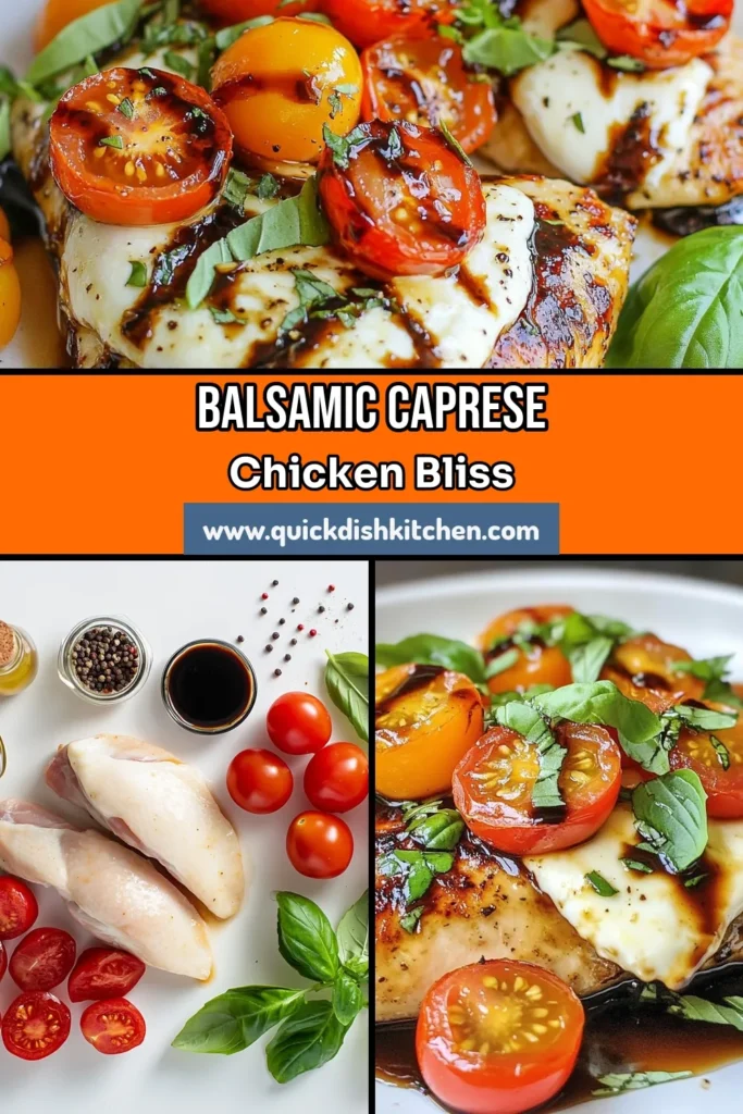 Indulge in this delicious Balsamic Glazed Caprese Chicken recipe for an easy chicken dinner that packs flavor! This baked chicken with mozzarella features juicy chicken breasts topped with cherry tomatoes and fresh basil, all drizzled with a mouthwatering balsamic glaze. Perfect for healthy chicken recipes and family meals. Try this simple recipe today for a tasty and satisfying dinner! Save it now! #BalsamicGlazedChicken #CapreseChickenRecipe #EasyChickenDinner #HealthyChickenRecipes