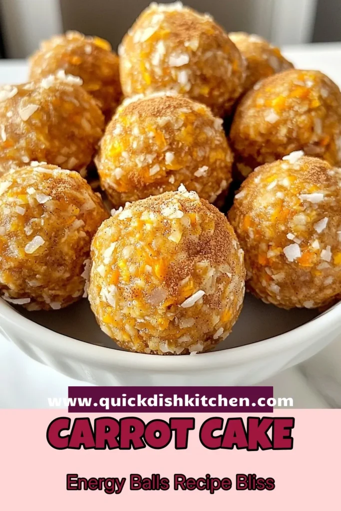 Looking for a deliciously healthy snack? Try these Carrot Cake Energy Balls! Packed with wholesome ingredients, these no-bake carrot treats are perfect for on-the-go energy boosts. Enjoy these gluten-free energy balls as a quick vegan snack recipe or a delightful addition to your afternoon pick-me-up. Make your healthy energy snacks effortless and tasty. Save this recipe for a nutritious treat today! #CarrotCakeEnergyBalls #HealthySnacks #VeganRecipes #GlutenFree