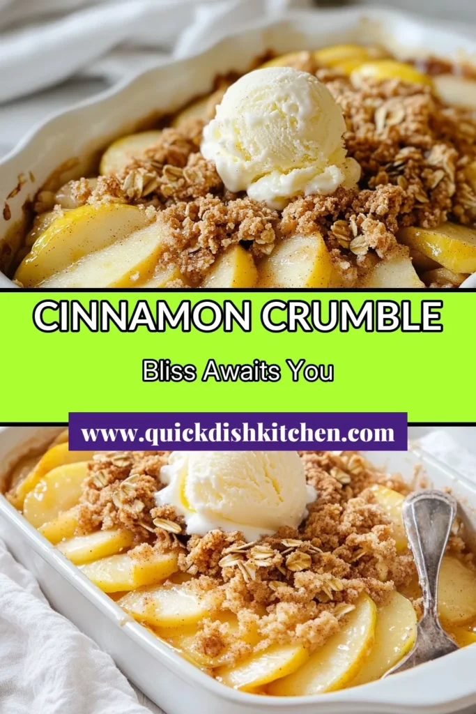 Indulge in this delicious Cinnamon Apple Crumble recipe that’s the perfect easy apple dessert for any occasion. With tender apples and a crunchy topping, this baked apple crumble is a warm cinnamon dessert that invites comfort. Don't forget to serve it with ice cream for a delightful twist! Try this recipe now and make your dessert table shine! #CinnamonAppleCrumble #EasyAppleDessert #BakedAppleCrumble #WarmDessert
