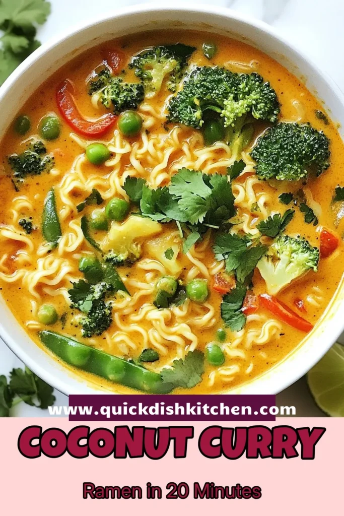 Experience the deliciousness of Coconut Curry Ramen with this vegan coconut ramen recipe. Perfect for a quick ramen soup, this healthy ramen bowl is loaded with fresh vegetables like broccoli and snap peas, all enveloped in a fragrant coconut curry broth. Ready in just 20 minutes, it's a nutritious meal you'll want to enjoy any time. Save this recipe to whip up a warm, comforting dish today! #CoconutCurryRamen #VeganRamen #QuickRamenSoup #HealthyBowl