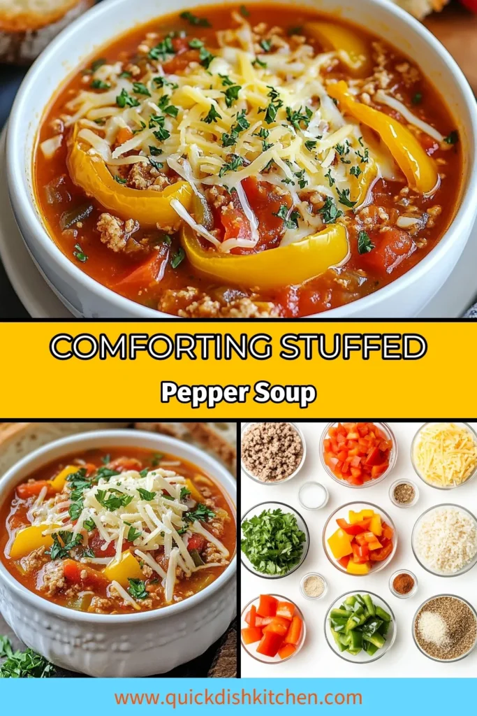 Warm up with this easy stuffed pepper soup recipe that's perfect for any weeknight dinner! Packed with healthy ingredients like ground turkey and vibrant bell peppers, this hearty ground turkey soup is both delicious and nutritious. Using simple chicken broth recipes, you'll create a comforting dish that your family will adore. Save this recipe for a cozy meal that’s full of flavor! #StuffedPepperSoup #HealthySoupRecipes #GroundTurkeySoup #EasyStuffedPeppers
