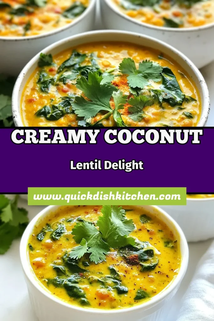 Discover the delicious Creamy Coconut Lentil Curry, a simple vegan lentil curry recipe that’s perfect for any day of the week. This easy lentil dish features red lentils simmered in rich coconut milk curry, packed with spices and fresh spinach for a nutritious meal. Ready in just 35 minutes, it's perfect with rice or naan. Pin this easy recipe and savor the flavors! #CoconutMilkCurry #VeganLentilCurry #EasyLentilDishes #RedLentilsCurry
