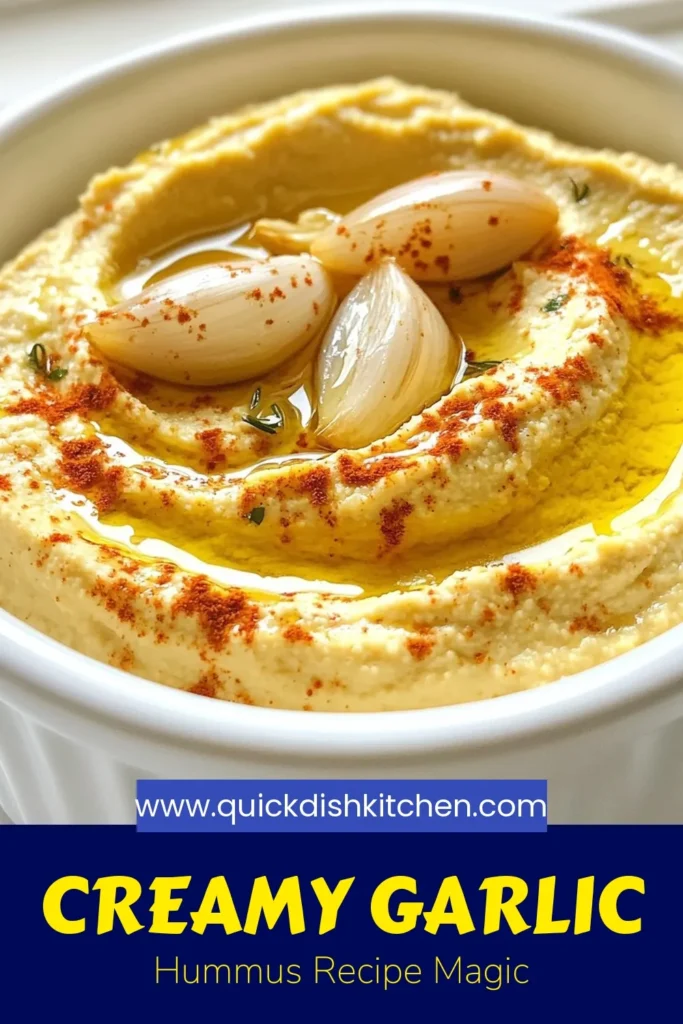 Discover the ultimate creamy roasted garlic hummus recipe that will elevate your snacking game! This homemade hummus with roasted garlic is a delicious vegan garlic hummus that's perfect for any occasion. Simple to make, it features easy chickpea hummus blended with tahini for a rich, flavorful dip. Try this tahini garlic dip recipe for your next gathering and impress your guests. Save this recipe for your healthy snack ideas! #Hummus #VeganRecipes #GarlicLovers #HealthySnacks
