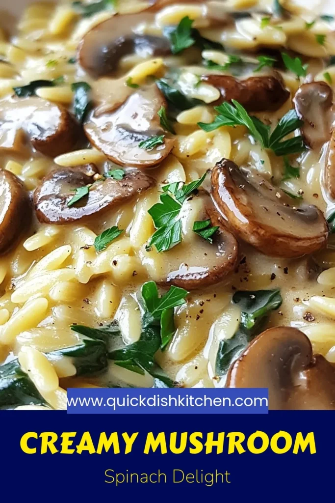 Indulge in this creamy mushroom orzo recipe that combines the rich flavors of mushrooms and fresh spinach. This vegetarian orzo pasta dish is not only delicious but also offers a dairy-free creamy orzo option for those looking to enjoy a lighter meal. Perfect for a weeknight dinner, this easy orzo recipe is sure to impress! Try it today and elevate your meal game. Save this post for later! #CreamyMushroomOrzo #VegetarianOrzo #EasyOrzoRecipe #DairyFreeCooking