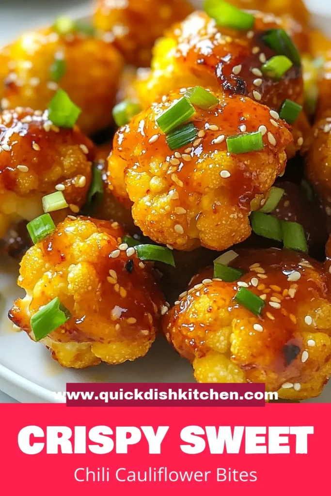 Indulge in these delicious Sweet Chili Cauliflower Bites – the perfect vegan cauliflower appetizer and gluten-free cauliflower bites. This Garlic Cauliflower Recipe features crispy baked cauliflower snacks tossed in a flavorful sweet chili garlic sauce. Easy to make and packed with flavor, they’re great for parties or a healthy snack. Try this recipe today and elevate your snack game! Save for later! #SweetChiliCauliflowerBites #VeganAppetizer #GlutenFreeSnacks #BakedCauliflower