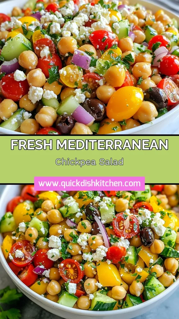 Discover the delightful Mediterranean Chickpea Salad that is perfect for a healthy lunch or dinner! This easy salad with feta combines chickpeas, fresh vegetables, and a zesty dressing, making it a standout in healthy chickpea recipes. Enjoy this vegetarian Mediterranean salad in just 15 minutes with our quick chickpea salad recipe. Perfect for meal prep or a potluck! Save this recipe for a refreshing dish! #ChickpeaSalad #HealthyRecipes #MediterraneanDiet #EasySalads