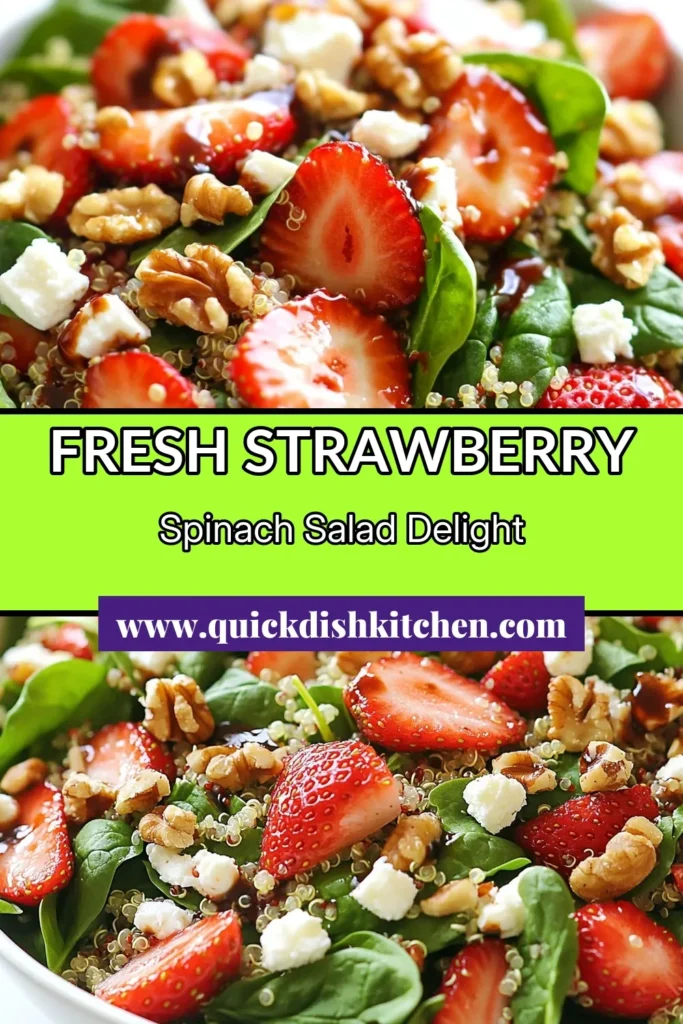 Looking for a refreshing and healthy quinoa salad recipe? Try this delightful strawberry spinach quinoa salad! Packed with nutritious ingredients like quinoa, fresh spinach, strawberries, feta, and walnuts, this easy summer salad is perfect for any occasion. Drizzled with a tangy balsamic dressing, it’s a must-try. Save this quinoa salad with feta and walnuts for your next meal! #EasySummerSalads #HealthyRecipes #QuinoaSalad #StrawberrySalad