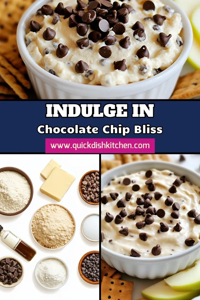 Indulge in this delicious chocolate chip cookie dough dip that's perfect for sharing! This no-bake cookie dough dip is an easy cookie dip recipe that everyone will love. With its creamy texture and mini chocolate chips, this edible cookie dough dip is a must-try for your next gathering. Serve with graham crackers, pretzels, or apple slices for the ultimate dessert dip experience. Save this recipe for a sweet treat! #ChocolateChipCookies #NoBake #DessertDip #CookieDough
