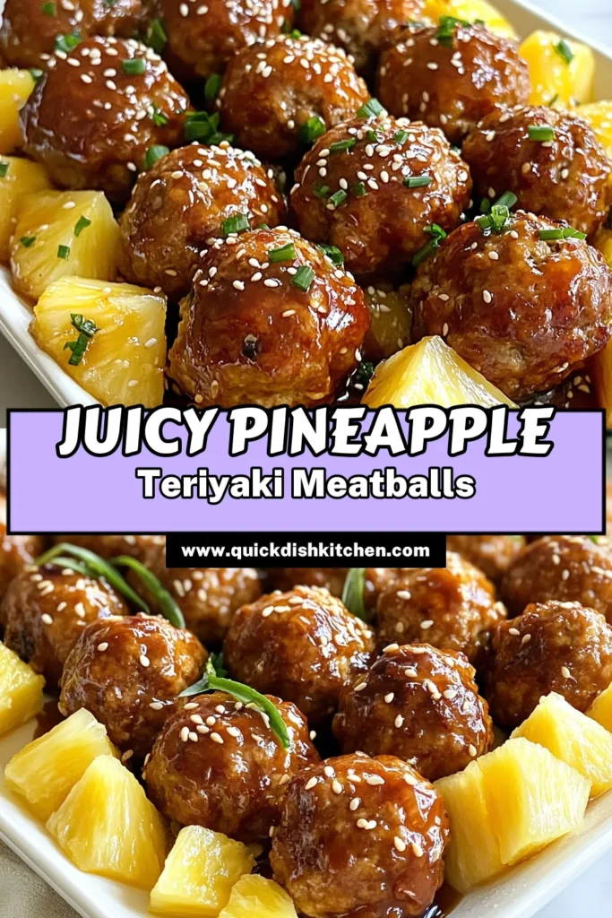 Savor the delicious flavors of pineapple teriyaki meatballs! This easy baked meatball recipe using ground chicken is perfect for a quick dinner. With our easy teriyaki sauce recipe, you can whip up teriyaki chicken meatballs that your family will love. Enjoy this delightful dish with fresh pineapple chunks and sesame seeds for an extra touch! Save this recipe for your next meal! #PineappleTeriyaki #BakedMeatballs #GroundChickenRecipes #EasyDinnerIdeas