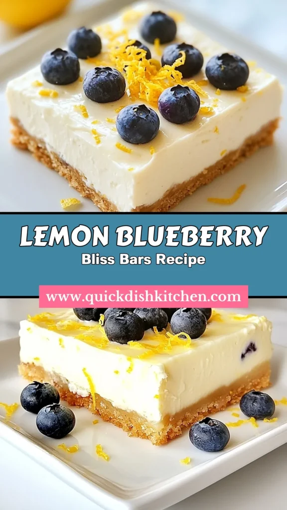 Indulge in these vibrant Lemon Blueberry Cheesecake Bars that combine creamy cheesecake with fresh blueberries for a perfect summer treat. This easy cheesecake bars recipe is a no-bake wonder, making it a must-try for lemon dessert recipes lovers. Ideal for gatherings, these fresh blueberry desserts are sure to impress! Click to discover the full recipe and enjoy a slice of bliss! #LemonBlueberryCheesecakeBars #EasyCheesecakeBarsRecipe #NoBakeCheesecakeBars #FreshBlueberryDesserts
