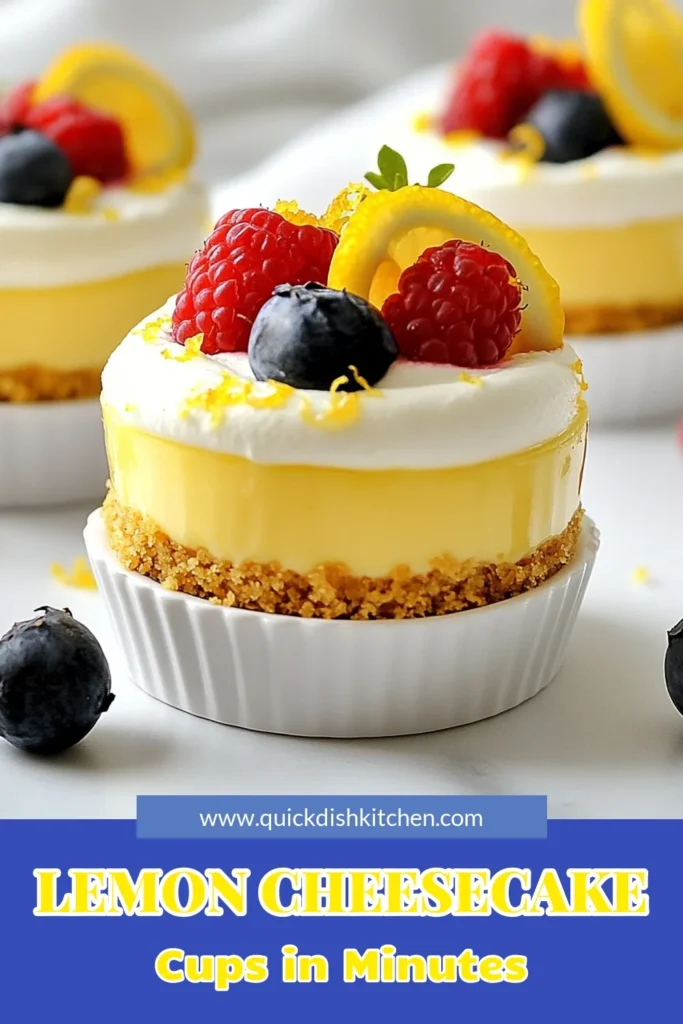 Indulge in these delightful no-bake lemon cheesecake cups that are the perfect easy dessert recipe! Made with cream cheese, fresh lemon juice, and graham cracker crumbs, these chilled lemon desserts are simple to prepare and incredibly refreshing. Impress your guests with this creamy treat that requires no baking. Try this recipe today for a sweet and tangy experience. Save for later! #NoBakeLemonCheesecake #LemonCheesecakeCups #EasyDessertRecipes #CreamCheeseDesserts