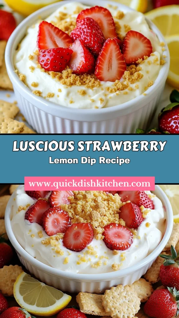 Indulge in this delightful Strawberry Lemon Cheesecake Dip, a perfect no-bake dessert that combines creamy textures with fruity flavors. This easy lemon dip recipe features fresh strawberries and cream cheese for a refreshing cream cheese dessert dip that's perfect for any occasion. Enjoy it with graham crackers and make your gatherings sweeter. Try this delicious Strawberry Lemon Cheesecake Dip recipe today! Save and share! #DessertDip #NoBakeRecipe #SummerTreats #CheesecakeLovers