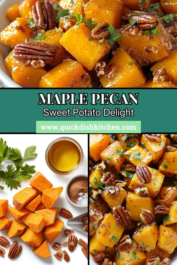 Looking for a delicious fall side dish? Try this easy roasted sweet potatoes recipe featuring Maple Pecan Sweet Potatoes! Coated in maple syrup and spices, these healthy sweet potato dishes are perfect for any meal. Roasted to perfection with crunchy pecans, they make an irresistible addition to your table. Don't miss out on this flavorful way to enjoy maple syrup roasted vegetables. Save this recipe for your next gathering! #MaplePecanSweetPotatoes #RoastedSweetPotatoes #FallSideDishRecipes #HealthySweetPotatoDishes