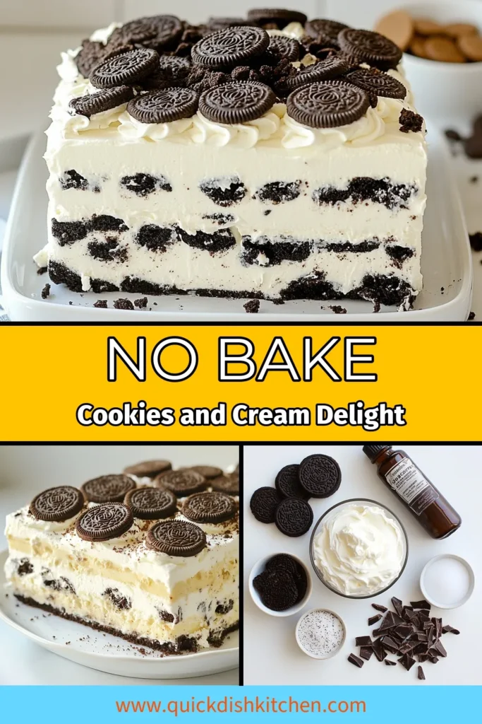 Indulge in this delicious cookies and cream icebox cake, the ultimate no-bake dessert recipe! Layers of creamy whipped topping, cream cheese, and Oreo cookies make this easy chocolate dessert an irresistible treat for any occasion. Try this Oreo icebox cake recipe for a delightful finish to your meal. Perfect for gatherings or a simple family dessert. Save this recipe for a sweet escape! #CookiesAndCream #NoBakeDessert #ChocolateLovers #OreoDesserts